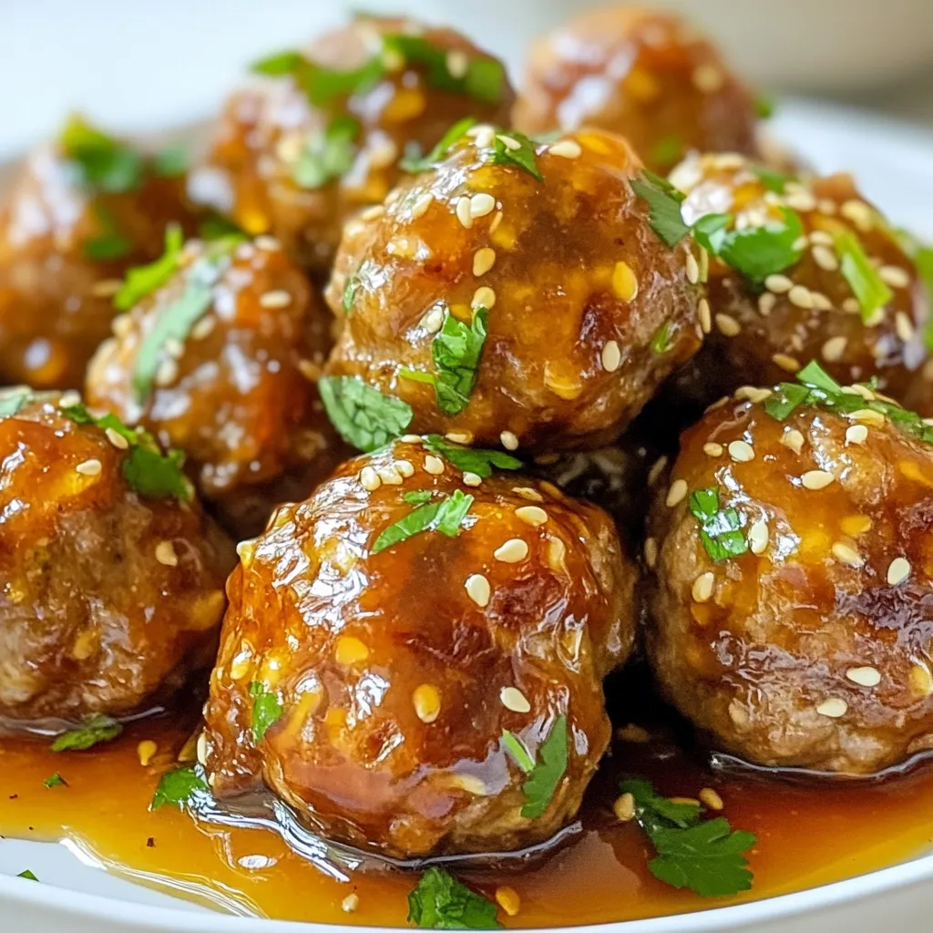 To make sticky honey garlic meatballs, gather these key ingredients: - 1 pound ground beef (or ground turkey) - 1/2 cup breadcrumbs - 1/4 cup grated Parmesan cheese - 1 egg, beaten - 2 cloves garlic, minced - 1 teaspoon onion powder - 1 teaspoon salt - 1/2 teaspoon black pepper - 1/2 cup honey - 1/4 cup soy sauce (low sodium preferred) - 1 tablespoon rice vinegar - 1 tablespoon cornstarch mixed with 2 tablespoons water (for thickening) These ingredients create the perfect balance of flavor and texture. The meat provides protein, while the breadcrumbs help bind it all together. Garlic adds depth, and honey gives that sweet stickiness we love. Feel free to enhance your meatballs with these tasty add-ins: - 1 tablespoon fresh parsley, chopped - 1 tablespoon Worcestershire sauce - 1/2 teaspoon red pepper flakes Adding fresh herbs boosts the flavor. Worcestershire sauce adds a savory kick, while red pepper flakes bring heat if you like spice. You can swap some ingredients based on your needs: - Use ground turkey for a lighter meal. - Substitute breadcrumbs with crushed crackers or oats for different textures. - For a gluten-free option, choose gluten-free breadcrumbs. - Maple syrup can replace honey for a different sweet taste. These substitutions keep the dish flexible and fun. Experimenting lets you find your perfect flavor. {{ingredient_image_1}} First, preheat your oven to 400°F (200°C). This step is key for even cooking. Next, grab a large bowl. In this bowl, mix the ground beef, breadcrumbs, and grated Parmesan cheese. Add the beaten egg, minced garlic, onion powder, salt, black pepper, and parsley if you want extra flavor. Use your hands to mix everything well. This ensures each meatball is packed with taste. Now that your mixture is ready, shape it into meatballs. Aim for about 1 inch in size. Place each meatball on a greased baking sheet or one lined with parchment paper. Make sure they are not touching each other. This helps them cook evenly. Bake the meatballs in your preheated oven for 20 minutes. They should turn golden and be fully cooked inside. While the meatballs bake, you can make the sauce. In a medium saucepan, combine honey, soy sauce, and rice vinegar. Stir these ingredients together over medium heat. Bring the mix to a simmer. After it starts to bubble, add the cornstarch mixed with water. Stir constantly for about 2-3 minutes. You want the sauce to thicken nicely. Once it’s thick, remove it from heat. When the meatballs are done, transfer them to the saucepan. Gently toss them in the honey garlic sauce until they are well coated. This step adds a sticky, sweet flavor that makes these meatballs shine! To make great meatballs, use a mix of ground beef and turkey. The blend keeps them juicy. Also, don't overmix the meat. Mix until just combined for tender bites. When shaping, make them about one inch wide. This size cooks evenly and is easy to eat. To achieve a beautiful glaze, coat the meatballs in the sauce right after baking. Use a large spoon to gently toss them in the honey garlic sauce. This gives them an even coat and keeps them moist. If you want extra shine, drizzle some sauce over the top just before serving. Serve your sticky honey garlic meatballs on a rustic wooden board. Sprinkle sesame seeds for crunch and color. Add some fresh parsley for a pop of green. For parties, insert toothpicks into each meatball. This makes them easy to grab and adds a fun touch. You can also pair them with rice or noodles for a complete meal. Pro Tips Use Fresh Ingredients: Fresh garlic and parsley enhance the flavor of your meatballs significantly. Always opt for fresh over dried where possible. Adjust the Sweetness: If you prefer a less sweet sauce, reduce the amount of honey or substitute it with a sugar-free alternative. Experiment with Proteins: Ground turkey or chicken can be used as a leaner alternative to beef, providing a healthier option without sacrificing flavor. Make Ahead: Prepare the meatballs in advance and store them in the fridge or freezer. Just bake and glaze before serving for a quick meal. {{image_2}} You can swap ground beef for turkey in this recipe. Turkey is leaner and still tasty. It gives the meatballs a lighter feel. If you prefer a plant-based option, use lentils or chickpeas. Mash them and mix with breadcrumbs and spices. This choice keeps the flavor and adds more fiber. If you like spice, add red pepper flakes or hot sauce. Start with a pinch and taste. You can also mix in some sriracha to the sauce for a kick. This adds heat but balances well with the sweet honey. Just remember, a little goes a long way. While honey garlic is a winner, try other sauces too. BBQ sauce gives a smoky twist. Teriyaki sauce adds a sweet and salty vibe. You can also use marinara for a classic Italian feel. These sauces can change the whole meal! Store leftover meatballs in an airtight container. Let them cool first. Place a piece of parchment paper between layers if stacking. This helps prevent sticking. Keep them in the fridge for up to three days. If you plan to eat them later, freezing is a great option. Reheat meatballs in the oven for the best taste. Preheat your oven to 350°F (175°C). Place the meatballs on a baking sheet, cover them with foil, and heat for about 15 minutes. You can also use the microwave. Just place them on a microwave-safe plate. Heat for one minute, then check. Continue heating in short bursts until warm. To freeze meatballs, let them cool completely first. Arrange them in a single layer on a baking sheet. Freeze until solid, about two hours. Then, transfer them to a freezer bag. Remove as much air as possible. Label the bag with the date. Frozen meatballs can last up to three months. When ready to eat, thaw in the fridge overnight before reheating. You can use crushed crackers instead of breadcrumbs. They add a nice crunch. Another option is rolled oats. Just blend them for a finer texture. If you want a gluten-free choice, try ground nuts or almond flour. Each option gives a different taste and texture. Yes, you can prep meatballs ahead of time. Form the meatballs and place them on a plate or tray. Cover and chill them in the fridge for up to 24 hours. You can also freeze them. Just freeze on a tray, then store them in a bag. Thaw before cooking. Check the internal temperature of the meatballs. They should reach 160°F (70°C) for ground beef or turkey. If you don't have a thermometer, cut one open. It should be brown inside, with no pink. The outside should be golden brown and firm to the touch. You learned how to make sticky honey garlic meatballs using simple ingredients. I shared tips to cook them perfectly and how to add extra flavors. You can experiment with different proteins and sauces, too. Proper storage and reheating help keep your meatballs tasty. Enjoying this dish is easy, whether you’re cooking for yourself or hosting friends. Give it a try and make it your own!
