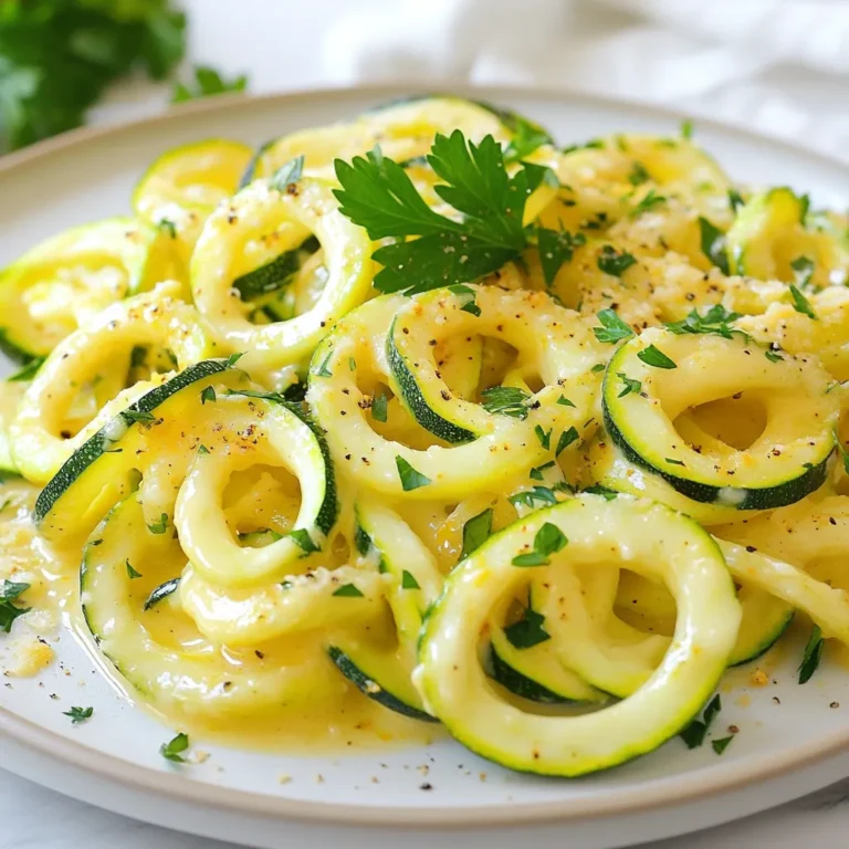 To make Zucchini Noodle Alfredo, you need the following ingredients: - 4 medium zucchinis (spiralized into noodles) - 1 cup raw cashews (soaked for at least 2 hours) - 1 cup unsweetened almond milk - 1/4 cup nutritional yeast - 2 tablespoons olive oil - 2 cloves garlic, minced - 1 tablespoon lemon juice - Salt and pepper to taste - Fresh parsley for garnish These ingredients create a creamy and rich sauce that coats the zucchini noodles perfectly. If you don’t have all the ingredients, here are some easy swaps: - Instead of raw cashews, you can use soaked sunflower seeds. They give a nice flavor too. - Almond milk can be replaced with coconut milk for a richer taste. - If you can’t find nutritional yeast, try grated Parmesan cheese for a cheesy flavor. - Any type of fresh herb, like basil or oregano, can replace parsley for garnish. These substitutions keep the dish tasty while making it easier to prepare. Each serving of Zucchini Noodle Alfredo provides a nutritious boost. Here are the key details: - Calories: 220 - Protein: 6g - Carbohydrates: 12g - Fat: 18g - Fiber: 4g This dish is low in carbs and high in healthy fats, making it perfect for a light meal. {{ingredient_image_1}} To start, grab your spiralizer. Spiralize the zucchinis into noodles. You want long, thin strands. Set them aside in a bowl. This step is easy and fun. The noodles will replace traditional pasta. Next, focus on the sauce. First, drain the soaked cashews. Place them in a blender. Add one cup of almond milk. Then, mix in the nutritional yeast, olive oil, minced garlic, and lemon juice. Season with salt and pepper. Blend until the mixture is smooth and creamy. If the sauce feels too thick, add a bit more almond milk. Scrape the sides of the blender as needed. Now, heat a large skillet over medium heat. Drizzle in olive oil. Once hot, add the zucchini noodles. Sauté them for about 2-3 minutes. You want them tender but still a bit crunchy. Avoid cooking them too long. Overcooked noodles can turn mushy. Afterwards, combine the noodles and sauce. Pour the cashew Alfredo sauce over the cooked zucchini noodles. Toss gently to coat them well. Heat for an additional 1-2 minutes. Now your dish is ready to serve! When picking zucchini, look for firm ones. They should be dark green and shiny. Avoid any with soft spots or blemishes. Small to medium zucchinis are best. They are more tender and have fewer seeds. If you plan to spiralize them, choose ones that are straight, as this makes spiralizing easier. To make the Alfredo sauce creamy, soak the cashews for at least two hours. This softens them and helps blend into a smooth texture. When you blend the cashews, add almond milk gradually. If the sauce gets too thick, just splash in more almond milk to reach your desired creaminess. Nutritional yeast adds a cheesy flavor without dairy. Zucchini noodles cook quickly. Sauté them for only 2-3 minutes over medium heat. This keeps them crisp and prevents water from forming. If you overcook them, they can turn mushy. Toss the noodles gently with the sauce right before serving. This keeps the flavor fresh and vibrant. Pro Tips Use Fresh Zucchini: Fresh, firm zucchinis will yield the best texture for your noodles. Look for ones that are heavy for their size and free of blemishes. Soak Cashews Properly: Soaking cashews for at least 2 hours not only softens them but also helps achieve a creamier sauce. For a quicker option, use hot water to soak for 30 minutes. Customize Your Sauce: Feel free to add spices or herbs like Italian seasoning or red pepper flakes to the cashew sauce for an extra flavor boost. Don’t Overcook Noodles: Zucchini noodles cook quickly; sauté them just until they are tender but still retain a bit of crunch to avoid a soggy texture. {{image_2}} You can add protein to your Zucchini Noodle Alfredo. Chicken, shrimp, or tofu work well. Cook the protein first, then add it to the sauce. This makes the dish more filling. If you want more flavor, season the protein with garlic and herbs. This dish is already dairy-free, but you can enhance it. Use different plant-based milk, like coconut or soy. You can also swap out cashews for sunflower seeds. This gives a nut-free option. Check ingredient labels to avoid hidden dairy in sauces. To elevate the flavor, consider adding fresh herbs. Basil, thyme, or oregano can brighten the dish. A pinch of red pepper flakes adds heat. You can also toss in roasted vegetables like bell peppers or mushrooms. They add texture and depth to the dish. To store leftover Zucchini Noodle Alfredo, first let it cool. Transfer it to an airtight container. Keep it in the fridge for up to three days. When ready to eat, check for any signs of spoilage. If it looks and smells fine, you can enjoy it again. Reheat your Zucchini Noodle Alfredo on the stove. Place it in a skillet over medium heat. Stir gently to avoid sticking. Add a splash of almond milk to keep it creamy. Heat until warm, about 3-5 minutes. You can also microwave it in a bowl. Heat in short bursts of 30 seconds, stirring in between. You can freeze Zucchini Noodle Alfredo, but the texture may change. To freeze, place the cooled dish in a freezer-safe container. Seal it tightly. Use it within one month for the best taste. When ready to eat, thaw it overnight in the fridge. Reheat as mentioned above, adjusting the sauce as needed. Yes, you can use regular pasta. However, zucchini noodles are healthier. They cut carbs and calories. Plus, they add a fresh taste. If you prefer pasta, cook it as per package instructions. Mix it with the sauce just like zucchini noodles. To thicken the sauce, blend in more cashews. You can also add less almond milk. If the sauce is too thick, add more almond milk. Blend until it reaches your desired creaminess. Always taste and adjust the seasoning. Yes, this recipe is gluten-free. Zucchini noodles have no gluten. The cashew Alfredo sauce is also gluten-free. You can enjoy this dish without worry if you avoid gluten. Zucchini noodles with cashew Alfredo offer a tasty, healthy meal. We covered essential ingredients, possible swaps, and nutritional details. I shared step-by-step cooking instructions and valuable tips for the best results. You can also try different protein options or keep it dairy-free. Lastly, we discussed storage and reheating methods. These noodles are not just fun; they fit various diets too. Enjoy trying this recipe, and make it your own!