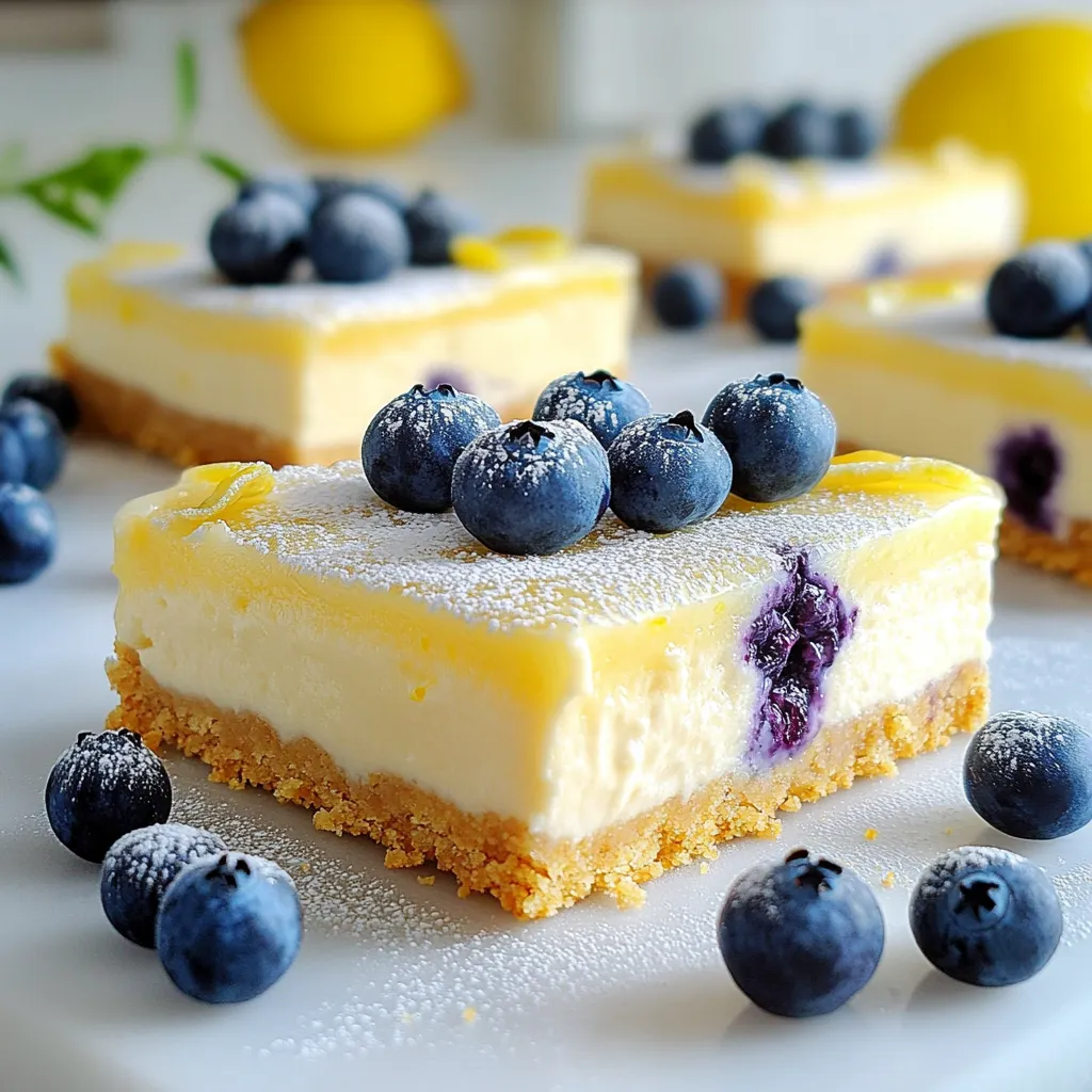 To make Blueberry Lemon Cheesecake Bars, you'll need a few key ingredients. Here's a list to help you gather everything you need: - 1 cup graham cracker crumbs - 1/4 cup granulated sugar - 1/2 cup unsalted butter, melted - 16 oz cream cheese, softened - 1 cup powdered sugar - 2 large eggs - 1 tablespoon lemon zest - 1/4 cup lemon juice - 1 cup fresh blueberries - 1 teaspoon vanilla extract - A pinch of salt Each of these ingredients plays a vital role in creating the perfect balance of sweet and tangy. The graham cracker crumbs form the crust, while the cream cheese provides that creamy texture. Lemon zest and juice add brightness, and blueberries give bursts of flavor. It’s truly a delightful mix! 1. Preheat and prepare the baking dish: Start by setting your oven to 325°F (163°C). Line an 8x8 inch baking dish with parchment paper. Leave some paper hanging over the edges. This helps with easy removal later. 2. Mixing graham cracker base ingredients: In a medium bowl, combine 1 cup of graham cracker crumbs, 1/4 cup of granulated sugar, and 1/2 cup of melted unsalted butter. Mix until it looks like wet sand. 3. Baking the crust to set: Press the mixture evenly into the bottom of your prepared dish. Bake for 10 minutes. After baking, let it cool while you make the filling. 1. Creaming the cream cheese: In a large bowl, beat 16 oz of softened cream cheese with an electric mixer. Blend for about 2-3 minutes until it is smooth and creamy. 2. Incorporating the sugar and eggs: Gradually add 1 cup of powdered sugar to the cream cheese. Mix well. Next, add 2 large eggs one at a time. Blend well after each addition. 3. Adding lemon flavoring and folding in blueberries: Stir in 1 tablespoon of lemon zest, 1/4 cup of lemon juice, and 1 teaspoon of vanilla extract. Add a pinch of salt. Gently fold in 1 cup of fresh blueberries, being careful not to mash them. 1. Pouring the filling over the crust: Pour the creamy cheesecake mixture over the cooled crust. Spread it out evenly using a spatula. 2. Baking time and checking doneness: Bake in the oven for 25-30 minutes. The edges should be set, while the center may still jiggle a bit. 3. Cooling and chilling instructions: Once baked, let the cheesecake cool at room temperature for about an hour. After that, transfer it to the refrigerator. Chill for at least 3 hours, or overnight for best results. When ready, lift the bars out using the parchment paper and slice into squares. Enjoy your delicious Blueberry Lemon Cheesecake Bars! To make great cheesecake bars, use room temperature ingredients. This helps the cream cheese mix well. Cold cream cheese can create lumps. Let the cream cheese sit out for about an hour before you start. To avoid cracks, do not overbake the cheesecake. It should jiggle a bit in the center when done. This means it will set perfectly as it cools. Let the bars cool slowly at room temperature before chilling them in the fridge. This step is key! If you have leftovers, store them in an airtight container. Keep them in the fridge for up to five days. Wrap them well to keep them fresh. You can also freeze them for longer storage, but be sure to wrap them tightly. For a stunning look, garnish the bars with fresh blueberries. You can also dust them with powdered sugar. This adds a nice touch and makes them look fancy. When serving, place the cheesecake bars on a pretty platter. They make a great dessert for dinner parties or special occasions. Pair them with tea or coffee for a delightful treat! {{image_2}} You can change up the flavors in these cheesecake bars easily. If you want a new twist, try using raspberries or strawberries instead of blueberries. These fruits bring their own sweetness and tartness, making your bars unique. Simply replace the blueberries with an equal amount of your chosen fruit. You can also adjust the tartness with different citrus fruits. Instead of lemon, you might use lime or orange juice and zest. This switch will give a fresh taste and still keep that creamy cheesecake flavor. Feel free to experiment with flavors to find your favorite! If you need to make these bars gluten-free, you can swap the graham cracker crust. Use almond flour or gluten-free cookies for the crust instead. Just mix them with melted butter and press them into the pan like you would with regular crumbs. For those who prefer vegan options, you can replace cream cheese with a vegan cream cheese alternative. Use flax eggs instead of regular eggs. Mix 1 tablespoon of ground flaxseed with 2.5 tablespoons of water to make one flax egg. This will keep your bars creamy and delicious without using animal products. To keep your blueberry lemon cheesecake bars fresh, store them in the fridge. Place them in an airtight container. They will last for about 5 to 7 days. Make sure to let them cool completely before covering. This helps avoid soggy bars. If you want to save some for later, freezing is a great option. Wrap each bar tightly in plastic wrap. Then, place them in a freezer-safe bag or container. They can stay good for up to 3 months. Just remember to label the bag with the date. When you’re ready to enjoy frozen cheesecake bars, take them out of the freezer. Leave them in the fridge for several hours or overnight to thaw. This gentle method keeps the texture nice. After thawing, you can serve the bars cold. If you prefer, you can warm them slightly in the oven. Set the oven to 300°F (150°C) and heat for about 5 to 10 minutes. This makes them creamy and soft again. Can I use frozen blueberries instead of fresh? Yes, you can use frozen blueberries. Just make sure to thaw and drain them first. This helps avoid excess liquid in your cheesecake. How long do the cheesecake bars last in the fridge? These cheesecake bars last about 4 to 5 days in the fridge. Keep them covered to maintain freshness. Can I make the cheesecake bars ahead of time? Absolutely! You can make these bars a day in advance. Just chill them overnight for the best flavor. What can I substitute for cream cheese? If you want a non-dairy option, you can use cashew cream or vegan cream cheese. These work well for similar texture. How do I know when the cheesecake is done baking? The cheesecake is done when the edges are set, but the center still jiggles slightly. This indicates a creamy texture. Blueberry lemon cheesecake bars are tasty and fun to make. You need simple ingredients like graham crackers, cream cheese, sugar, and fresh blueberries. Follow the steps to create a rich crust and creamy filling. Remember to chill the bars for the best taste. Don't forget to try different fruits or make it gluten-free if needed. Enjoy sharing these delightful treats at your next gathering. With the right tips, you can impress friends and family. Happy baking!