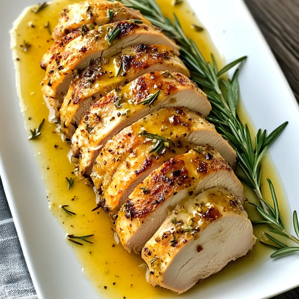 - 1.5 pounds turkey tenderloin - 4 tablespoons unsalted butter, divided - 5 cloves garlic, minced - 1 tablespoon fresh rosemary, chopped (or 1 teaspoon dried) - 1 tablespoon fresh thyme, chopped (or 1 teaspoon dried) - 1 teaspoon lemon juice - Salt and pepper to taste - 1 tablespoon olive oil Using fresh ingredients makes a big difference in flavor. Fresh herbs like rosemary and thyme add bright notes to your turkey. The garlic gives a rich, warm taste. Fresh ingredients also boost nutrition. They keep your meal healthy and vibrant. Always try to pick the freshest items from your store. This small choice can change your dish from okay to amazing. If you don’t have turkey tenderloin, chicken breast works well too. For butter, you can use margarine if needed. If fresh herbs are not available, dried herbs can serve as a good backup. Just use less, as dried herbs are stronger. You can replace lemon juice with white wine or vinegar for acidity. These swaps can help you make this dish even when you are low on ingredients. {{ingredient_image_1}} Start by getting your turkey tenderloin ready. Take 1.5 pounds of turkey tenderloin and pat it dry with paper towels. This step helps brown the meat well. Now, season it with salt and pepper. This adds great flavor to the dish. Next, make your garlic butter mixture. In a small bowl, mix 2 tablespoons of melted unsalted butter, 5 minced garlic cloves, 1 tablespoon of chopped rosemary, 1 tablespoon of chopped thyme, 1 teaspoon of lemon juice, salt, and pepper. This blend gives a burst of flavor. Heat 1 tablespoon of olive oil in an oven-safe skillet over medium-high heat. When the oil is hot, place the turkey tenderloin in the skillet. Sear it for about 3-4 minutes on each side until it is golden brown. This step locks in the juices and gives a nice crust. After searing, reduce the heat to medium. Pour the garlic butter mixture over the turkey, making sure to coat it well. Add the remaining 2 tablespoons of butter on top. This ensures rich flavor. Transfer the skillet to your preheated oven at 375°F (190°C). Roast for 20-25 minutes. The turkey is ready when its internal temperature reaches 165°F (74°C). To check if your turkey tenderloin is done, use a meat thermometer. Insert it into the thickest part of the tenderloin. If it reads 165°F (74°C), the turkey is safe to eat. If not, return it to the oven for a few more minutes. After taking it out, let the turkey rest for 5-10 minutes before slicing. This helps keep it juicy and tender. Enjoy your delicious garlic butter turkey tenderloin! To keep your turkey tender, start by patting it dry. This helps the seasoning stick. Use salt and pepper to season well. Searing the turkey in a hot pan locks in juices. Cook it for about 3-4 minutes on each side until browned. After searing, pour the garlic butter mix over it. Then, add more butter on top. This extra fat keeps it moist while roasting. Letting the turkey rest for 5-10 minutes helps too. This allows the juices to redistribute, making each bite juicy. To boost the garlic butter flavor, always use fresh garlic. Fresh herbs like rosemary and thyme add depth. You can also mix in a splash of lemon juice. This gives a bright note that cuts through the richness. If you want a kick, add a pinch of red pepper flakes. This adds just the right amount of heat. Make sure to coat the turkey well with the garlic butter mixture. This ensures every bite bursts with flavor. When serving, slice the turkey tenderloin into even pieces. Arrange the slices on a bright platter. Drizzle the leftover garlic butter sauce over the top. Garnish with fresh herbs for a lovely touch. Consider serving it with seasonal vegetables or a light salad. A side of roasted potatoes pairs well too. You can also serve it with crusty bread to soak up the sauce. This makes for a vibrant and inviting meal that looks as good as it tastes. Pro Tips Resting Time: Allow the turkey to rest for 5-10 minutes after roasting. This helps retain its juices, ensuring each slice is tender and flavorful. Flavor Boost: For an extra flavor kick, marinate the turkey tenderloin in the garlic butter mixture for a couple of hours or overnight before cooking. Skillet Selection: Use a heavy-bottomed skillet for even heat distribution. This ensures that the turkey browns nicely and cooks evenly throughout. Serving Suggestions: Pair the turkey with roasted seasonal vegetables or a light salad for a well-rounded meal that complements the rich flavors of the garlic butter. {{image_2}} You can boost flavor and nutrition by adding vegetables. Try carrots, green beans, or zucchini. Chop them into bite-sized pieces. Toss them in olive oil, salt, and pepper. Add these veggies to the skillet when you sear the turkey. They will cook nicely in the garlic butter sauce. The result? A complete meal in one pan. Feel free to switch up the herbs for different tastes. Instead of rosemary and thyme, use sage or oregano. These herbs add a new twist. Fresh herbs work best, but dried ones are fine too. Just remember, use less of dried herbs. A teaspoon should do. Mixing herbs can create your unique flavor profile. A garlic butter marinade can make your turkey more flavorful. Mix melted butter, minced garlic, and herbs in a bowl. Add lemon juice for brightness. Coat the turkey tenderloin in this mix. Let it marinate for at least 30 minutes. For an even richer taste, marinate it overnight. This step elevates the dish to another level. After you finish your meal, let the turkey cool down. Place the leftovers in an airtight container. Store it in the fridge for up to three days. Make sure to keep the garlic butter sauce with the turkey. This keeps it moist and tasty. When you are ready to enjoy your leftovers, use the oven for the best taste. Preheat your oven to 350°F (175°C). Place the turkey in a baking dish. Cover it with foil to keep it from drying out. Heat for about 15-20 minutes or until warm. You can also reheat it in the microwave. Just put it on a plate and cover it with a damp paper towel. Heat for one minute, check, and add more time if needed. If you want to keep the turkey longer, freezing is a great option. Wrap the cooled turkey tightly in plastic wrap. Then, place it in a freezer bag or airtight container. It can stay in the freezer for up to three months. When you want to eat it, thaw it overnight in the fridge. Then, reheat as described above. This way, you can enjoy your garlic butter turkey tenderloin anytime! The best way to cook turkey tenderloin is to sear it first. Start by heating olive oil in an oven-safe skillet. Sear the tenderloin for about three to four minutes on each side until it turns golden brown. This helps lock in the juices. Then, pour your garlic butter mixture over the top. Finish cooking it in a preheated oven at 375°F for 20 to 25 minutes. Always check that the meat reaches an internal temperature of 165°F for safety. Yes, you can use chicken instead of turkey. Chicken tenderloins or breasts work well in this recipe. The cooking method remains the same. Just make sure to adjust cooking times slightly since chicken may need less time to cook. Use the same garlic butter mixture for great flavor. You can store leftover turkey tenderloin in the fridge for three to four days. Make sure to place it in an airtight container. For longer storage, you can freeze it for up to three months. When ready to eat, thaw it in the fridge and reheat gently to keep it moist. In this post, we covered fresh ingredients, cooking steps, and tips for turkey tenderloin. We also explored tasty variations and smart storage ideas. Using these methods, you can make a meal that is juicy and full of flavor. Remember, the right ingredients and cooking techniques make all the difference. Enjoy your cooking journey and feel free to experiment with new flavors!