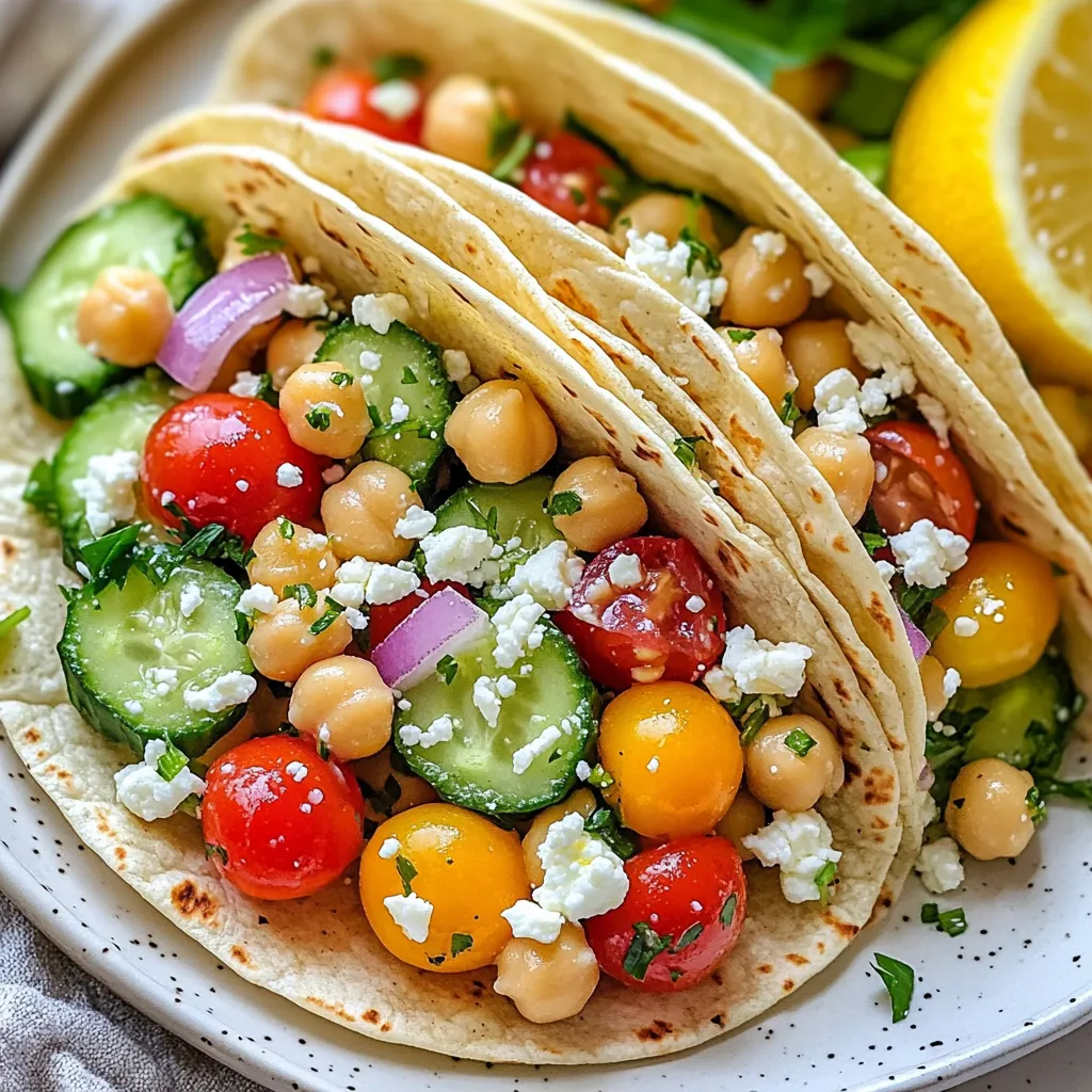 When making Mediterranean Chickpea Salad Wraps, you need fresh and simple ingredients. Here’s what you will need: - 1 can (15 oz) chickpeas, drained and rinsed - 1 cup cucumber, diced - 1 cup cherry tomatoes, halved - 1/2 red onion, finely chopped - 1/2 cup kalamata olives, pitted and sliced - 1/4 cup fresh parsley, chopped - 1/4 cup feta cheese, crumbled (optional) - 2 tablespoons olive oil - 1 tablespoon lemon juice - 1 teaspoon dried oregano - Salt and pepper to taste - 4 large whole wheat or spinach tortillas Each ingredient adds flavor and texture. Chickpeas serve as a great protein base. Fresh vegetables like cucumber and tomatoes bring crunch and color. Red onions add a nice bite, while olives give a briny twist. Parsley offers fresh notes and a pop of green. Feta cheese is an optional treat that adds creaminess. The dressing brings everything together. Olive oil and lemon juice create a zesty finish. Oregano adds an earthy taste. Don’t forget to season with salt and pepper to make flavors shine. You can customize this wrap with optional add-ins like avocado or grilled chicken if you like! With these ingredients, your wraps will be tasty and healthy. Enjoy the process of creating this vibrant dish! {{ingredient_image_1}} Start by grabbing a large mixing bowl. In this bowl, add one can of drained and rinsed chickpeas. Next, toss in one cup of diced cucumber, one cup of halved cherry tomatoes, and half a finely chopped red onion. Then, include half a cup of sliced kalamata olives and a quarter cup of chopped fresh parsley. In a small bowl, pour in two tablespoons of olive oil. Add one tablespoon of lemon juice, one teaspoon of dried oregano, and a pinch of salt and pepper. Whisk these together until they blend well. Now, pour the dressing over the chickpea mixture. Gently toss everything together. If you like, sprinkle in a quarter cup of crumbled feta cheese and fold it into the salad. Take four large whole wheat or spinach tortillas. Lay them flat on a clean surface, ready for filling. Evenly spoon the chickpea salad mixture onto each tortilla. Make sure to spread it all the way to the edges. Begin rolling up each tortilla tightly. Tuck in the edges as you go to keep the filling inside. Once rolled, cut each wrap in half diagonally. Feel free to serve these wraps on a platter. Add lemon wedges and a sprinkle of parsley for a bright touch. Enjoy your fresh and filling meal! Seasoning Adjustments Start with the basics. Use salt and pepper first. Add one teaspoon of dried oregano for a nice flavor. You can adjust it based on your taste. If you want more zing, add extra lemon juice. This brightens up the salad. If you like heat, sprinkle in some red pepper flakes. Taste as you go to find what you like best. Freshness Tips Fresh ingredients make a big difference. Use ripe cherry tomatoes and crisp cucumbers. Fresh parsley adds a nice touch. If you can, buy organic veggies. They taste better and are good for you. You can prepare the salad in advance. Just keep it in the fridge. Dress it just before serving to keep it fresh. How to Avoid Soggy Wraps Soggy wraps are no fun. To prevent this, lay out your tortillas and add the salad right before eating. Avoid putting too much dressing on the salad. It can make the tortillas wet. You can also use a layer of lettuce inside the wrap. This adds crunch and keeps things dry. Plating Ideas Make your meal look nice! Place the wraps on a colorful platter. Add some lemon wedges for a splash of color. A sprinkle of parsley on top makes it pop. You could even wrap them in parchment paper. This gives a rustic feel and is eco-friendly. Pairing Options These wraps go well with many sides. Serve them with a simple side salad or some fresh fruit. Crispy chips can add a fun crunch. You can also include a light soup. A warm bowl of tomato soup pairs well with these wraps. Dipping Sauces Dipping sauces add extra flavor. Try a yogurt sauce with garlic and herbs. A simple tahini sauce also works well. You can even have some hummus on the side. These sauces enhance the wraps’ taste and make them more fun to eat. Pro Tips Fresh Ingredients: Use the freshest vegetables you can find for the best flavor and texture in your salad wraps. Chill Before Serving: For an even more refreshing experience, chill the chickpea salad in the refrigerator for 30 minutes before wrapping. Customize Your Wrap: Feel free to add other ingredients like avocado or roasted red peppers to personalize your salad wraps. Make Ahead: Prepare the chickpea mixture a day in advance and assemble the wraps just before serving for maximum freshness. {{image_2}} Vegetable Swaps You can use many vegetables in this salad wrap. Try bell peppers for a sweet crunch. Zucchini adds a nice texture, too. Carrots give a pop of color and sweetness. If you want greens, add some spinach or arugula. Each swap keeps the wrap fresh and fun. Protein Additions Chickpeas are great, but you can add more protein. Try diced grilled chicken for extra flavor. If you like fish, add canned tuna or salmon. For a tasty twist, try adding shrimp. These options keep the meal filling and satisfying. Vegan Options This wrap is almost vegan already! Just skip the feta cheese. You can replace it with vegan cheese if you want. The salad will still be tasty and full of flavor. Adding extra olives can add richness too. Gluten-Free Alternatives To make this wrap gluten-free, use gluten-free tortillas. You can find these in most stores. If you want a low-carb option, use large lettuce leaves instead of tortillas. This keeps the meal fresh and light while still holding all the yummy fillings. To keep your Mediterranean Chickpea Salad Wraps fresh, store leftovers in the fridge. Wrap each wrap in plastic wrap or foil. This keeps them from drying out. You can also place them in an airtight container. - Best Practices: Enjoy the wraps within three days. This ensures they stay tasty and fresh. If you notice any sogginess, consider removing the salad and storing it separately. You can then assemble fresh wraps when ready to eat. - Container Recommendations: Use glass or BPA-free plastic containers. These options help prevent any unwanted flavors from mixing. Make sure the container seals tightly to keep your wraps fresh. If you want to save some wraps for later, freezing is a great option. However, the texture may change once thawed. - How to Freeze: Wrap each individual wrap in plastic wrap. Then, place all the wrapped wraps in a freezer-safe bag. Squeeze out as much air as possible before sealing. Label the bag with the date for easy reference. - Thawing Tips: When you're ready to eat, take out a wrap and place it in the fridge overnight. This helps it thaw slowly and keeps the texture better. You can also use the microwave on the defrost setting for a quick option. Just be careful not to overheat, as it can make the wrap tough. How long do these wraps last? These wraps last for about two days in the fridge. Keep them in an airtight container. They taste best fresh, but they still hold up well. Can I make these wraps ahead of time? Yes, you can make them ahead. Prepare the salad and store it in the fridge. Just wrap them right before you eat. This keeps the tortillas from getting soggy. What can I serve with Mediterranean Chickpea Salad Wraps? These wraps pair well with a simple green salad or some fresh fruit. You can also serve them with hummus or tzatziki for dipping. Adding lemon wedges can brighten the meal too! This blog post covers how to make delicious Mediterranean chickpea salad wraps. You learned about the main ingredients, like chickpeas and veggies. I shared steps to prepare the salad and assemble the wraps. Tips included ways to keep your salad fresh and how to avoid soggy wraps. You can explore variations and modifications to fit your diet too. Now, you can enjoy tasty wraps that are healthy and easy to make. These wraps are perfect for meals any time. Happy cooking!