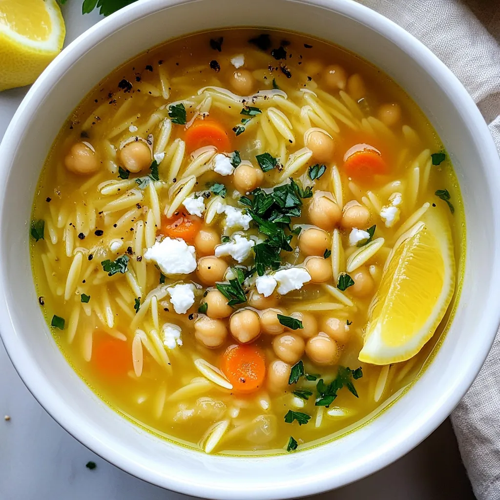 To make Greek Lemon Orzo Soup, gather these ingredients: - 1 tablespoon olive oil - 1 medium onion, diced - 2 cloves garlic, minced - 3 medium carrots, diced - 2 celery stalks, diced - 6 cups vegetable broth - 1 cup orzo pasta - 1 cup cooked chickpeas (canned or boiled) - Zest of 1 lemon - ¼ cup freshly squeezed lemon juice - 1 teaspoon dried oregano - Salt and pepper to taste - Fresh parsley, chopped (for garnish) - Optional: Feta cheese, crumbled (for serving) These simple items create a warm and tasty soup. The lemon brightens the flavors and makes it refreshing. You can swap some ingredients if you need to. Here are some ideas: - Olive oil can change to avocado oil or butter. - Chickpeas can be replaced with white beans or lentils. - Orzo pasta can switch to rice or another small pasta. - Vegetable broth can be replaced with chicken broth for added flavor. - Fresh parsley can be swapped with cilantro or basil for a different taste. These swaps can still give you a great soup. Adjust according to your taste and what you have. Using fresh ingredients often gives a better flavor. Fresh herbs, vegetables, and lemons will add a bright touch. However, canned ingredients can save time. Canned chickpeas are quick and easy, and they work well in this soup. If you can, choose fresh garlic and onions. They boost the soup's taste. Fresh lemon juice enhances the soup's flavor more than bottled juice. But if you only have canned items, don't worry! Your soup will still be delicious. To start making Greek Lemon Orzo Soup, gather all your ingredients. This soup is quick and easy. First, chop one medium onion into small pieces. Then, mince two cloves of garlic. Next, dice three medium carrots and two celery stalks. You want them all to be about the same size for even cooking. Now, let's cook! In a large pot, heat one tablespoon of olive oil over medium heat. Add the diced onion and cook until it looks clear, about five minutes. Next, stir in the minced garlic, diced carrots, and celery. Cook these for another five minutes until they soften a bit. After that, pour in six cups of vegetable broth and bring it to a boil. Once boiling, add one cup of orzo pasta. Cook it for about eight to ten minutes or until it feels firm but soft. Then, stir in one cup of cooked chickpeas, the zest of one lemon, and a quarter cup of freshly squeezed lemon juice. Add one teaspoon of dried oregano for flavor. Reduce the heat and let it simmer for five more minutes. Before serving, taste the soup. Add salt and pepper to make it perfect. If you want a tangier flavor, you can adjust the lemon juice. Ladle the soup into warm bowls. For a lovely presentation, garnish with chopped fresh parsley. If you like, add some crumbled feta cheese on top. Enjoy this comforting bowl of Greek Lemon Orzo Soup! To enhance the soup's flavor, focus on fresh ingredients. Use fresh lemon juice for a bright taste. Lemon zest adds a fragrant touch that lifts the dish. For a richer flavor, sauté the onions until golden. This deepens their sweetness and adds depth. A pinch of salt helps to balance the zest. Adjust the seasoning as you go. Taste often to find your perfect balance. Don't skip the sauté step. This builds a great base for flavor. Avoid overcooking the orzo; it should stay firm. If you add it too early, it may become mushy. Be careful with the lemon juice; too much can overpower. Start with less and add more if needed. Lastly, don’t forget to garnish with parsley and feta. This adds freshness and visual appeal. For this soup, you need a large pot. A sturdy spoon helps mix the ingredients well. A cutting board and knife make chopping easy. Use measuring cups for precise amounts. A ladle is handy for serving. If you have an immersion blender, you can blend the soup for a smooth texture. These tools make the process simpler and more efficient. {{image_2}} You can make Greek Lemon Orzo Soup vegetarian or vegan quite easily. Just swap out the chicken broth for vegetable broth. This soup is already packed with vegetables, so you have a great base. To keep it vegan, skip the feta cheese or use a plant-based version. You can also add more chickpeas or beans for extra protein. This keeps the soup hearty and filling. If you want to add protein, chicken is a great choice. Cook diced chicken in the pot before adding the onions. This gives a nice flavor. If you prefer a plant-based option, add tofu. Cut firm tofu into cubes and sauté it with the onions. Tofu absorbs flavors well and adds a nice texture. You can also use shrimp if you want a seafood twist. Just add them in the last few minutes of cooking. Seasonal veggies can enhance your soup's flavor. In spring, try adding fresh peas or asparagus. In fall, you might like to add diced butternut squash. These veggies not only taste great but also add color. Just remember to chop them into small pieces for even cooking. You can add them with the carrots and celery for the best results. This way, your soup will be fresh, colorful, and full of life. To store your Greek Lemon Orzo Soup, let it cool first. Then, pour it into an airtight container. Keep it in the fridge for up to three days. Make sure to label the container so you know what it is. If you want to enjoy it later, consider freezing it. You can freeze Greek Lemon Orzo Soup for up to three months. Use freezer-safe containers or bags. Leave some space in the container for the soup to expand. It helps to divide the soup into smaller portions. This way, you can thaw only what you need. When reheating, do it slowly. You can use the stovetop or microwave. If using the stove, add a bit of water or broth to keep it from drying out. Stir often to heat evenly. If using a microwave, cover the bowl but leave a small gap for steam. Heat in short bursts, stirring in between. Enjoy your soup warm and fresh! You can use any small pasta shape. Try ditalini or acini di pepe. Rice makes a good option too. Quinoa or couscous can work well for a gluten-free choice. Just keep cooking times in mind. Each type of pasta may need different cooking times. This soup lasts about 3 to 5 days in the fridge. Store it in an airtight container. Make sure to let it cool before you seal it. If you see any change in smell or appearance, it's best to toss it. Absolutely! Adding more veggies boosts flavor and nutrition. Spinach, kale, or zucchini work great. You can also use frozen peas or corn. Just chop them small, so they cook evenly. Add them in with the broth for best results. This blog post covered the essential ingredients and preparation steps for Greek Lemon Orzo Soup. I shared tips for perfecting flavors and avoiding common mistakes. We also explored variations to suit different diets and discussed storage methods for leftovers. For a delicious soup, stick to quality ingredients and follow the steps closely. This dish is easy to tweak for your taste. Enjoy making it your own and savor every bite!