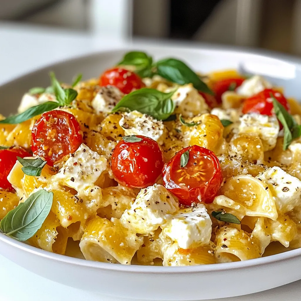 - 200g pasta of your choice (penne, rigatoni, or spaghetti) - 1 block (200g) feta cheese - 2 cups cherry tomatoes, halved - 4 cloves garlic, minced - 1 teaspoon dried oregano - 1 teaspoon crushed red pepper flakes (adjust to taste) - 3 tablespoons olive oil - Salt and pepper to taste - Fresh basil leaves for garnish - Grated Parmesan cheese for serving (optional) Using fresh ingredients makes a big difference. Look for ripe cherry tomatoes. They should be firm and vibrant. Quality feta cheese is key. Choose a block of feta instead of crumbles for creaminess. Olive oil should be extra virgin for its flavor. Fresh garlic adds a sharp taste. Always season with good salt and fresh pepper. You can change this dish to fit your taste. Try adding spinach for color and nutrition. Zucchini or bell peppers work well too. If you love spice, add more crushed red pepper. For a twist, mix in some olives or sun-dried tomatoes. A splash of lemon juice can brighten the flavors. Enjoy customizing your baked feta tomato pasta! {{ingredient_image_1}} First, gather all your ingredients. You will need: - 200g pasta of your choice - 1 block (200g) feta cheese - 2 cups cherry tomatoes, halved - 4 cloves garlic, minced - 1 teaspoon dried oregano - 1 teaspoon crushed red pepper flakes - 3 tablespoons olive oil - Salt and pepper to taste - Fresh basil leaves for garnish - Grated Parmesan cheese for serving Next, preheat your oven to 400°F (200°C). This step is key to getting a nice bake. In a large baking dish, place the feta cheese right in the center. Arrange the halved cherry tomatoes all around the feta. Now, let’s prepare the flavor mix. In a small bowl, combine the minced garlic, dried oregano, crushed red pepper flakes, olive oil, salt, and pepper. Stir well. Drizzle this mixture over the feta and tomatoes. Make sure everything is coated nicely. Once your dish is ready, it’s time to bake. Place the baking dish in your preheated oven. Bake for 30 to 35 minutes. You want the feta to become soft and slightly golden. The tomatoes should burst and caramelize, giving off a sweet aroma. While the feta and tomatoes are baking, cook your pasta. Follow the package instructions until the pasta is al dente. Drain it and set it aside. When the feta and tomatoes are done, take the baking dish out of the oven. Using a fork, mash the feta and tomatoes together. This creates a creamy sauce. Now, add your cooked pasta to the baking dish. Toss everything together until the pasta is well coated in that delicious sauce. You can adjust the seasoning if you feel it needs a little more salt or pepper. Finally, garnish your dish with fresh basil leaves. If you like, sprinkle some grated Parmesan cheese on top. Serve warm and enjoy the burst of flavors! To keep your pasta just right, cook it until it's al dente. This means the pasta should still have a slight bite. Follow the time on the package, but check it a minute early. Drain the pasta and toss it with a little olive oil to keep it from sticking. This will help it blend nicely with the sauce later. To make your dish pop, try these flavor boosters: - Use fresh garlic for a stronger taste. - Add a splash of lemon juice for brightness. - Toss in olives for a briny kick. - Try different herbs like thyme or basil for more depth. These additions will elevate the dish and make it more exciting. Serve your baked feta tomato pasta warm. Garnish it with fresh basil leaves for color and flavor. A sprinkle of grated Parmesan adds a nice touch too. Pair it with a crisp salad or some crusty bread to soak up the sauce. Enjoy this meal with friends or family for a perfect dinner night! Pro Tips Choose Your Pasta Wisely: Using pasta shapes like penne or rigatoni will hold onto the creamy sauce better than spaghetti. Fresh Ingredients Matter: Fresh basil adds a bright flavor, so try to use it right before serving for the best taste. Customize the Heat: Adjust the amount of crushed red pepper flakes to suit your spice preference; start with less if you're unsure. Save Some Pasta Water: If the sauce seems too thick after mixing, add a splash of reserved pasta water to achieve your desired consistency. {{image_2}} You can switch feta with other cheeses. Goat cheese adds a tangy flavor. Cream cheese gives a smooth texture. For a deeper taste, try blue cheese. Each choice adds a unique twist to the dish. Feel free to experiment until you find your favorite! Adding veggies makes this dish even better. Spinach or kale adds color and nutrients. Bell peppers bring sweetness and crunch. You could also add zucchini or mushrooms for extra flavor. Just chop them up and toss them in with the tomatoes. The more, the merrier! If you need a gluten-free option, choose gluten-free pasta. Many brands offer tasty choices made from rice or quinoa. You won’t lose any flavor, and it keeps the dish light. Just follow the cooking instructions on the package. Enjoy your meal without worry! After enjoying your baked feta tomato pasta, let it cool. Place leftovers in an airtight container. Store them in the fridge for up to three days. Make sure to cover the pasta well to keep it fresh. If you have extra feta, store it separately to maintain its flavor. To reheat, take the pasta out of the fridge. You can use the microwave or the oven. If using a microwave, heat for one to two minutes. Stir halfway through to heat evenly. For the oven, preheat to 350°F (175°C) and bake for about 10 minutes. Add a splash of olive oil if it seems dry. You can freeze this dish, but the texture may change. Allow the pasta to cool completely. Then, place it in a freezer-safe container. Label it with the date. It will stay good for up to three months. When you're ready to eat, thaw it in the fridge overnight before reheating. Yes, you can use regular feta cheese. I recommend using block feta for this recipe. The block melts well and adds a creamy texture. Crumbled feta may not blend into the sauce as nicely. If you prefer a stronger flavor, go for a Greek feta. You can use any pasta you like. I often use penne, rigatoni, or spaghetti. These shapes hold the sauce well. Short pasta works great because it mixes easily with the creamy feta and tomatoes. Just make sure to cook it al dente for the best texture. This dish is already vegetarian! It uses feta cheese, tomatoes, and garlic. Just ensure that your pasta is egg-free. For extra veggies, consider adding spinach or bell peppers before baking. This adds color and nutrition without changing the flavor much. Yes, you can prepare this dish ahead of time. You can chop your tomatoes and garlic in advance. However, I recommend baking it fresh for the best taste. If you want to store leftovers, keep them in the fridge. Reheat them in the oven or microwave before serving. This blog post covered how to make baked feta tomato pasta. We discussed key ingredients and their quality. You now know preparation steps, baking tips, and how to combine flavors. We explored variations, storage tips, and answered common questions. In closing, enjoy experimenting with this recipe. Make it your own by trying different cheeses and veggies. With some practice, you'll create a dish your friends and family will love. Happy cooking!