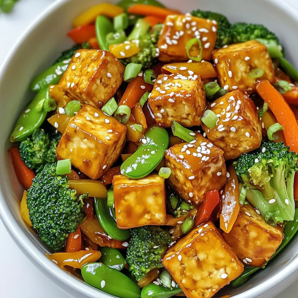 - 1 block firm tofu, pressed and cubed - 2 tablespoons cornstarch - 2 tablespoons vegetable oil - 1 cup broccoli florets - 1 bell pepper, sliced (any color) - 1 carrot, julienned - 1 cup snap peas - 3 cloves garlic, minced - 1 tablespoon ginger, minced - 4 tablespoons soy sauce - 2 tablespoons maple syrup - 1 tablespoon rice vinegar - 1 teaspoon sesame oil - Sesame seeds for garnish - Green onions, sliced for garnish You can swap tofu for other options. Tempeh or seitan works well. If you want to change oils, use olive or avocado oil instead. For sauces, you can try different vegan options. Just keep in mind the flavor balance. {{ingredient_image_1}} 1. Pressing and cubing tofu Start by pressing the tofu. Place the block between two paper towels. Put a heavy object on top for about 15 minutes. This helps remove excess moisture. Once pressed, cut the tofu into 1-inch cubes. 2. Coating tofu with cornstarch In a bowl, toss the cubed tofu with cornstarch. Make sure each piece is well-coated. This gives the tofu a nice, crispy texture when cooked. 1. Sautéing tofu for crispiness Heat 1 tablespoon of vegetable oil in a large pan or wok over medium-high heat. Once hot, add the tofu cubes. Cook until golden brown and crispy on all sides, which takes about 8-10 minutes. Remove the tofu and set it aside. 2. Stir-frying vegetables for perfect texture In the same pan, add the remaining tablespoon of oil. Toss in the broccoli, bell pepper, carrot, and snap peas. Stir-fry the veggies for about 5-7 minutes. You want them tender but still crisp. 1. Making the teriyaki sauce While the veggies cook, mix together the soy sauce, maple syrup, rice vinegar, and sesame oil in a small bowl. This sauce adds great flavor to the dish. 2. Tossing everything together in the pan Return the crispy tofu to the pan. Pour the teriyaki sauce over the veggies and tofu. Toss everything together to coat well. Let it heat through for about 2-3 minutes. This brings all the flavors together. Tofu needs to be pressed to get rid of moisture. This makes it crispy when cooked. Press the tofu for about 15 minutes. Use paper towels and a heavy object. After pressing, cut the tofu into 1-inch cubes. Coat the cubes evenly with cornstarch. This layer helps create a nice crunch. You can add spices or herbs to boost flavor. Consider garlic powder, chili flakes, or fresh herbs like basil. For sweetness, adjust the maple syrup in the sauce. You can add less for a less sweet dish or more for a sweeter taste. Cook the tofu for about 8-10 minutes until golden brown. Stir-fry your vegetables for 5-7 minutes. They should be tender but still crisp. Use medium-high heat for the best results. This heat cooks everything quickly and evenly. Pro Tips Press Tofu Well: Make sure to press the tofu thoroughly to remove as much moisture as possible. This step is crucial for achieving a crispy texture when frying. Use High Heat: Stir-frying requires high heat to cook the vegetables quickly while keeping them crisp. Ensure your pan or wok is hot before adding the ingredients. Customize Your Veggies: Feel free to swap in your favorite vegetables or whatever you have on hand. Zucchini, mushrooms, or bok choy are excellent additions to this stir fry. Make It Ahead: This stir fry is perfect for meal prep. You can prepare the tofu and veggies ahead of time and just toss them in the sauce when you're ready to eat. {{image_2}} You can make this dish even better by adding more veggies. Here are some great options: - Zucchini slices - Bell peppers, any color - Mushrooms, sliced - Spinach or kale Feel free to swap out any of the veggies based on what you like. If you find fresh asparagus or baby corn, toss those in too! Seasonal vegetables add fun flavors and colors. Want to boost the protein? You can add chickpeas or edamame. These options are tasty and filling. You can also try adding cooked chicken or shrimp. Just cook them separately and mix them in with the tofu. If you want a kick, make a spicy teriyaki sauce. Just add some chili flakes or sriracha to the mix. If you’re short on time, use a store-bought teriyaki sauce. Look for ones with no added sugar for a healthier choice. These simple changes keep the meal fresh and exciting! To store leftover teriyaki tofu stir fry, first let it cool. Place it in an airtight container. This keeps the dish fresh and prevents odors. You can store it in the fridge for about 3 to 4 days. If you want to enjoy it later, make sure to check for any signs of spoilage before eating. Freezing stir fry is easy. First, let the dish cool down completely. Then, transfer it to a freezer-safe container. Make sure to remove as much air as possible, as this helps prevent freezer burn. You can freeze it for up to 3 months. When you're ready to eat, thaw it overnight in the fridge. Reheat it gently in a pan over low heat. This keeps the texture nice and prevents overcooking. Meal prep is a great way to save time. You can chop and prep the veggies ahead of time. Store them in separate containers in the fridge. When you're ready to cook, just combine them with the tofu and sauce. This method makes it quick to reheat and enjoy your stir fry on busy days. You can use tempeh or seitan instead of tofu. Both options add protein. They change the taste and texture slightly. Tempeh has a nutty flavor, while seitan is chewy. You can prepare them the same way as tofu. Just ensure they are cooked until crispy. Yes, you can make it gluten-free! Use gluten-free soy sauce or tamari. Make sure to check all other sauces. Most vegetables do not have gluten. You can enjoy this dish without worry. Store leftovers in an airtight container. Place it in the fridge for up to three days. Reheat in a pan over low heat. You can also use a microwave, but it may lose some crispiness. This stir fry pairs well with rice or quinoa. You can also serve it with noodles. A fresh salad goes great too! Try adding a light miso soup for a full meal. The total time is about 30 minutes. You need 15 minutes to prep and the same for cooking. This makes it a quick and tasty weeknight meal! Enjoy your cooking time! This post detailed a flavorful teriyaki tofu stir fry recipe. We covered key ingredients and easy steps to make it. Substitutions and cooking tips help you customize the dish. Try adding spices or more veggies for a tasty twist. Remember to store leftovers properly for the best taste. With simple adjustments, you can enjoy this meal any time. Explore your options and enjoy cooking!