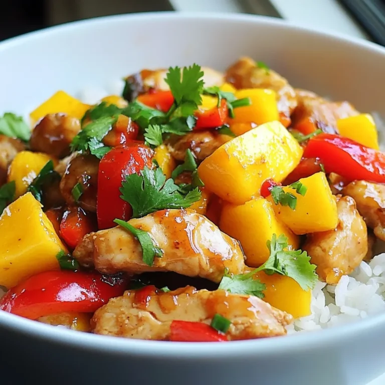To make this tasty dish, you will need: - 2 chicken breasts, thinly sliced - 1 ripe mango, diced - 1 red bell pepper, sliced - 1 yellow bell pepper, sliced - 1 medium onion, sliced - 2 cloves garlic, minced - 1 tablespoon fresh ginger, minced - 3 tablespoons soy sauce - 1 tablespoon chili sauce (adjust based on spice preference) - 1 tablespoon sesame oil - 1 tablespoon olive oil - Salt and pepper to taste - Fresh cilantro, for garnish - Cooked jasmine rice or quinoa, for serving You can swap some ingredients to fit your taste. Use chicken thighs for a juicier bite. You can also try other fruits like pineapple for a sweet twist. If you don’t have fresh ginger, garlic powder works too. For a lighter option, use less oil or low-sodium soy sauce. You can skip the chili sauce for less heat. Just add more soy sauce instead. Choose ripe mangoes that give a little when you press them. Look for firm bell peppers with vibrant colors. The skin should be smooth and shiny. For onions, pick ones that feel heavy for their size. Fresh garlic should be plump and without any soft spots. Always inspect the produce for any blemishes. This ensures you get the best flavors for your stir fry. {{ingredient_image_1}} Start with two chicken breasts. Slice them thinly for even cooking. Place them in a large bowl. Add two tablespoons of soy sauce, salt, and pepper. Mix well and let it sit for 15 to 20 minutes. This helps the chicken soak up flavor. Heat one tablespoon of olive oil in a large skillet over medium-high heat. When the oil is hot, add the marinated chicken. Stir-fry for about 5 to 7 minutes. Cook until the chicken is golden brown and cooked through. Once done, remove the chicken from the skillet and set it aside. In the same skillet, pour in one tablespoon of sesame oil. Add two minced cloves of garlic and one tablespoon of minced ginger. Sauté for about 30 seconds until fragrant. Then, add the sliced onion and bell peppers. Stir-fry for about 4 to 5 minutes until they soften. Return the cooked chicken to the skillet. Toss in the diced mango. Add the remaining soy sauce and one tablespoon of chili sauce. Stir everything together and cook for another 2 to 3 minutes. Taste and adjust the seasoning with more salt, pepper, or chili sauce if needed. Remove from heat and garnish with fresh cilantro. Serve the stir fry over jasmine rice or quinoa for a delicious meal. To make your Spicy Mango Chicken Stir Fry pop, start with fresh ingredients. Use ripe mango, as it adds sweetness and depth. For spice, adjust the chili sauce. If you like it hot, add more. You can also sprinkle in red pepper flakes for extra heat. Fresh cilantro makes a great garnish and adds fresh flavor. A squeeze of lime juice just before serving brightens the whole dish. A hot skillet or wok is key. Heat it over medium-high heat before adding oil. This helps everything cook fast and stay crisp. Stir frequently to prevent burning. Cook the chicken until golden brown, then remove it to keep it juicy. Sauté the garlic and ginger until fragrant, but don’t let them burn. This step adds a lovely aroma to the dish. Prep your ingredients ahead of time for quick cooking. Slice the chicken, veggies, and mango before starting. You can even marinate the chicken the night before. This saves time and enhances flavor. Keep your workspace clear to move quickly. Having your sauces ready to go means you can add them in a flash. This makes your cooking process smooth and fun! Pro Tips Marinate for Flavor: Allowing the chicken to marinate for at least 20 minutes enhances the flavor and tenderness, making your stir fry even more delicious. Use Fresh Ingredients: Fresh ginger and garlic add a vibrant flavor to the dish. Whenever possible, opt for fresh rather than powdered or jarred versions. Adjust Spice Level: Feel free to modify the amount of chili sauce to suit your spice preference. Start with less if you're unsure, and add more to taste. Garnish for Color: Fresh cilantro not only adds a pop of color but also enhances the flavor profile. Don't skip this step for a visually appealing dish! {{image_2}} To make this dish vegetarian or vegan, swap chicken for tofu or tempeh. Use firm tofu, cut into cubes. Marinate it just like the chicken for extra flavor. Use the same cooking method. You will get a tasty and filling meal. Another option is to add chickpeas for protein. They add a nice texture and soak up the sauce well. Feel free to add more veggies to your stir fry! Snap peas, broccoli, or carrots work great. You can also toss in some sliced mushrooms for earthiness. Want more heat? Add sliced jalapeños or a sprinkle of red pepper flakes. For a touch of sweetness, toss in some pineapple chunks along with the mango. Each change makes the dish your own. If you prefer proteins other than chicken, try shrimp, beef, or pork. Shrimp cooks quickly and adds a nice seafood flavor. Beef strips give a hearty bite, while pork adds a savory twist. Just remember to adjust cooking times based on the protein you choose. Each protein brings a unique twist to your spicy mango stir fry. To keep your Spicy Mango Chicken Stir Fry fresh, store it in an airtight container. Let the dish cool at room temperature before sealing it. This method prevents moisture buildup, which can make your stir fry soggy. You can keep it in the fridge for up to three days. When you’re ready to enjoy the leftovers, reheat them gently. Use a skillet over medium heat. Add a splash of water or broth to keep the chicken moist. Stir occasionally until heated through. This method maintains the flavors and texture of the dish. You can also use the microwave, but be cautious. Heat it in short bursts to avoid overcooking. If you want to save some for later, freezing is an option. Cool the stir fry completely before placing it in a freezer-safe container. Make sure to leave some space at the top for expansion. It will stay fresh for about three months in the freezer. When you're ready to eat, thaw it overnight in the fridge before reheating. To reduce the spice, cut the chili sauce in half. You can also skip it entirely. Adding more mango helps balance the heat. Sweet flavors can tone down the spice. You can add a splash of coconut milk for a creamy touch. Yes, you can marinate the chicken up to a day ahead. Keep the veggies and mango separate until cooking. This keeps them fresh and crunchy. You can also cook the stir fry and store it in the fridge. Just reheat it gently before serving. This stir fry works great with jasmine rice or quinoa. You can also serve it with a side salad. Steamed broccoli or snap peas add color and crunch. Try pairing it with a light citrus drink for a refreshing touch. Absolutely! Use gluten-free soy sauce instead of regular soy sauce. Many brands offer great alternatives. Check labels for gluten-free chili sauce as well. This way, you can enjoy the same great taste without gluten. The total cooking time is about 30 minutes. This includes marinating the chicken for 15-20 minutes. Cooking the stir fry takes around 10-12 minutes. It’s a quick and tasty meal for busy nights! This blog post covered how to make Spicy Mango Chicken Stir Fry. We went through the ingredients, cooking steps, and useful tips for a great meal. You learned ways to customize the dish for your taste and how to store leftovers. Try out these ideas and enjoy cooking. Experiment with flavors and share your own twists. With practice, you’ll make this dish a family favorite!