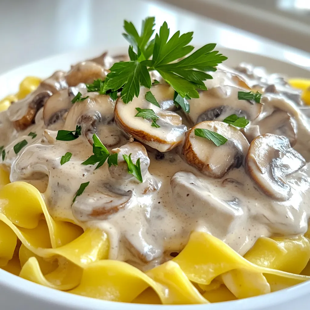 To make a creamy mushroom stroganoff, you will need: - 12 oz (340g) egg noodles or pasta of your choice - 2 tablespoons olive oil - 1 large onion, finely chopped - 3 cloves garlic, minced - 16 oz (450g) mixed mushrooms (like cremini, shiitake, and button), sliced - 1 teaspoon dried thyme - 1 teaspoon smoked paprika - 1 tablespoon soy sauce - 1 cup vegetable broth - 1 cup sour cream (or Greek yogurt for a healthier option) - Salt and pepper to taste - Fresh parsley, chopped (for garnish) You can easily adapt this recipe. For a gluten-free version, swap egg noodles with gluten-free pasta. If you avoid dairy, use cashew cream or coconut milk instead of sour cream. For a vegan option, replace the sour cream with a dairy-free yogurt and skip the butter. You can also use tamari instead of soy sauce for a gluten-free choice. To boost the flavor, consider adding a splash of white wine before the broth. A squeeze of lemon juice at the end brightens the dish. You can also add a dash of hot sauce for some heat. Fresh herbs, like thyme or dill, can enhance the taste. Lastly, sprinkle some nutritional yeast for a cheesy flavor without the dairy. Start by boiling water in a large pot. Add salt to the water for flavor. Add 12 oz of egg noodles. Cook until they are al dente. This usually takes about 8-10 minutes. Drain the noodles and set them aside. In a large skillet, heat 2 tablespoons of olive oil over medium heat. Add 1 large, finely chopped onion. Sauté for about 3-4 minutes until the onion softens. Next, add 3 cloves of minced garlic. Cook for 1 more minute until you smell the garlic. Now, stir in 16 oz of sliced mixed mushrooms. This can include cremini, shiitake, and button mushrooms. Add 1 teaspoon of dried thyme and 1 teaspoon of smoked paprika to the mushrooms. Pour in 1 tablespoon of soy sauce. Cook everything for 5-7 minutes. The mushrooms should become tender and release their juices. Now, pour in 1 cup of vegetable broth. Bring it to a simmer and let it cook for about 3-4 minutes. This will help reduce the broth slightly. Reduce the heat to low. Stir in 1 cup of sour cream or Greek yogurt. Mix until you have a creamy sauce. Taste and add salt and pepper if needed. Gently fold in the cooked noodles until they are fully coated in the sauce. Serve hot and garnish with chopped fresh parsley. This adds a nice touch and flavor. Enjoy your creamy mushroom stroganoff! To make the best noodles, use a large pot. Fill it with salted water. Bring it to a boil before adding the noodles. This helps the noodles cook evenly. Stir them often to prevent sticking. Cook them until al dente, which means firm to the bite. Drain the noodles and set them aside. Do not rinse them, as you want the starch to help the sauce stick. To get a creamy sauce, use sour cream or Greek yogurt. Add it at the end of cooking. Stir it in slowly over low heat. This way, it blends well without curdling. If you want more creaminess, consider adding a splash of heavy cream. You can also use a bit of pasta water for extra smoothness. The water has starch, which helps bind the sauce. One common mistake is overcooking the noodles. This makes them mushy and less tasty. Another mistake is adding sour cream too early. If you do this, it may curdle. Always adjust the seasoning at the end. Taste your dish before serving. If it's too salty, add a little more vegetable broth. Lastly, don’t skip the fresh parsley. It adds a nice touch of flavor and color. {{image_2}} You can make this creamy mushroom stroganoff vegan easily. Instead of sour cream, use cashew cream or coconut yogurt. Both options give a rich taste without dairy. For the butter, swap it for olive oil or vegan margarine. This keeps the dish creamy and satisfying. To make this dish gluten-free, choose gluten-free pasta. Many brands offer great options that taste good. If you want to skip pasta, serve the stroganoff over rice or quinoa. These grains absorb the sauce well and add texture. You can customize the flavor to fit your taste. Try adding spinach or kale for extra greens. If you like spice, toss in some red pepper flakes. For a smoky kick, add more smoked paprika. You can also mix in beans or lentils for added protein. Each change can make this dish your own! After enjoying your creamy mushroom stroganoff, let the leftovers cool down. Place them in an airtight container. Store the container in the fridge for up to three days. This keeps your meal fresh and tasty. To reheat, take the stroganoff out of the fridge. You can use a pan or microwave. If you use a pan, add a splash of vegetable broth. This helps keep the sauce creamy. Heat it on low until warm. If using a microwave, cover with a lid and warm in short bursts. Stir in between to warm evenly. You can freeze creamy mushroom stroganoff for later. Use a freezer-safe container. Make sure to leave some space at the top, as the sauce will expand. It can last up to two months in the freezer. When ready to eat, let it thaw in the fridge overnight. Then, reheat as mentioned above. Enjoy your meal anytime! Yes, you can use various mushrooms. Cremini, shiitake, or button mushrooms all work well. Mix them for a richer flavor. Try using portobello mushrooms for a meatier bite. Each type adds a unique taste to your dish. You can prepare this dish ahead of time. Cook the noodles and sauce separately. Store them in the fridge for up to two days. When ready to serve, combine the noodles and sauce in a pan. Heat gently until warm. Creamy Mushroom Stroganoff pairs well with several sides. A fresh green salad adds a nice crunch. You can serve it with garlic bread for a hearty meal. Roasted vegetables also complement the flavors nicely. To add spice, include red pepper flakes or cayenne pepper. Start with a small amount and taste as you go. You can also use spicy paprika instead of smoked paprika. For heat, consider adding sautéed jalapeños to the mix. This article covered many aspects of making a great Creamy Mushroom Stroganoff. We explored essential ingredients and tasty substitutions for dietary needs. You learned step-by-step cooking instructions, from preparing the noodles to serving the dish. I shared tips to make your sauce creamy and avoid common mistakes. Plus, you discovered variations like vegan and gluten-free options. Finally, we discussed storage tips for leftovers and reheating. Remember, cooking should be fun and creative. Enjoy experimenting with flavors and ingredients!