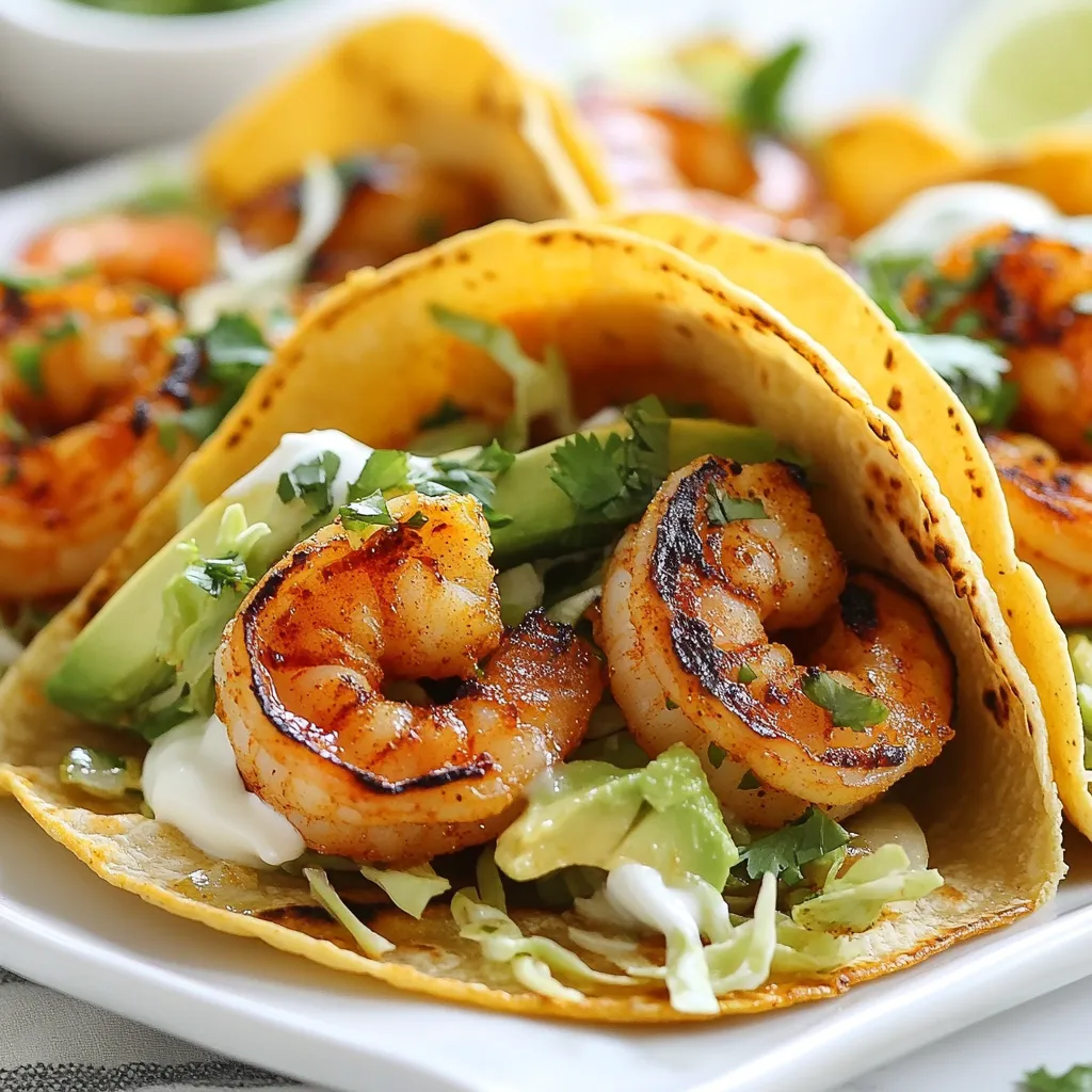 To make Chili Lime Shrimp Tacos, gather these key ingredients: - 1 pound shrimp, peeled and deveined - 2 tablespoons olive oil - 2 tablespoons chili powder - 1 teaspoon cumin - 1 teaspoon garlic powder - Zest and juice of 2 limes - Salt and pepper to taste - 8 small corn tortillas - 1 cup shredded green cabbage - 1 avocado, sliced - 1/4 cup fresh cilantro, chopped - Optional: Sour cream or Greek yogurt for serving Each serving of these tacos is packed with nutrition. Here’s a quick breakdown: - Calories: About 300 - Protein: 25 grams - Fat: 14 grams - Carbohydrates: 30 grams - Fiber: 6 grams This meal offers a good balance of protein, healthy fats, and carbs. It also provides fiber to keep you full. For the best flavor, source fresh ingredients. Look for: - Shrimp: Buy wild-caught shrimp when possible. They taste better and are often more sustainable. - Limes: Choose firm, heavy limes. They will have more juice. - Cabbage: Select bright green, crisp cabbage. This ensures freshness and crunch. - Avocado: A ripe avocado should yield slightly when pressed. - Cilantro: Choose vibrant green cilantro. Avoid any yellow or wilting leaves. Visit local farmers’ markets or trusted grocery stores. This helps support local farms and ensures quality ingredients. {{ingredient_image_1}} First, gather your ingredients. You need shrimp, olive oil, chili powder, cumin, garlic powder, lime, salt, and pepper. In a bowl, mix the shrimp with olive oil, chili powder, cumin, garlic powder, lime zest, lime juice, salt, and pepper. Toss the shrimp well. Make sure every piece is coated. Let the shrimp marinate for about 10 minutes. This step adds flavor and makes the shrimp tender. Next, heat your grill or skillet over medium-high heat. Make sure it’s hot before adding shrimp. Place the marinated shrimp in a single layer. Cook for 2-3 minutes on one side until they turn opaque. This shows they are cooking well. Then, flip the shrimp and cook for another 1-2 minutes. Remove them from heat once done. They should be juicy and flavorful. Now it’s time to build your tacos! Warm the corn tortillas on the grill or in a dry skillet. This makes them soft and easy to fold. Start with a layer of shredded cabbage on each tortilla. Then, add a few pieces of shrimp. Next, place avocado slices on top. Finish with a sprinkle of fresh cilantro. If you love creaminess, add a dollop of sour cream or Greek yogurt. A squeeze of lime juice adds a nice touch too. Enjoy your tasty Chili Lime Shrimp Tacos! To get the best flavor, marinate the shrimp for at least 15 minutes. This gives the spices time to soak in. Use a bowl to mix the shrimp with olive oil, chili powder, cumin, garlic powder, lime zest, lime juice, salt, and pepper. Stir well to coat each shrimp evenly. If you have more time, let it marinate for up to an hour in the fridge. This will make the shrimp even tastier. For juicy shrimp, use medium-high heat when cooking. This helps the shrimp cook quickly and stay tender. Place the marinated shrimp in a single layer in the pan. Cook for 2-3 minutes on one side until it turns opaque. Flip the shrimp and cook for another 1-2 minutes. Don’t overcook them; they should be firm but not rubbery. Remove the shrimp from heat right away for the best texture. To make your tacos pop, add fresh toppings. Shredded green cabbage adds crunch. Sliced avocado brings creaminess. Fresh cilantro adds bright flavor. You can also add a dollop of sour cream or Greek yogurt for richness. A squeeze of lime juice on top brightens everything. Mix and match your toppings to find your favorite combo! Pro Tips Marinate for Flavor: Allow the shrimp to marinate for at least 30 minutes for enhanced flavor absorption. This will intensify the chili and lime taste. Perfectly Cooked Shrimp: Be careful not to overcook the shrimp; they should be just opaque and slightly firm to the touch. Overcooking can make them rubbery. Warm Tortillas: Warming the corn tortillas is crucial as it makes them pliable and prevents tearing. A few seconds on a hot skillet will do the trick. Fresh Garnishes: Fresh cilantro and a squeeze of lime juice just before serving can elevate your tacos, adding freshness and brightness to each bite. {{image_2}} Want a kick in your tacos? Add more chili powder or fresh jalapeños. You can mix in hot sauce with the shrimp marinade. This adds more heat and flavor. Adjust the spice level to suit your taste. You can also use smoked paprika for a unique twist. It gives a smoky flavor that pairs well with shrimp. Not in the mood for shrimp? Try roasted veggies instead. Bell peppers, zucchini, and mushrooms work great. Season them with lime juice and chili powder for flavor. Another option is black beans. They are hearty and packed with protein. You can even use tofu for a plant-based choice. Marinate it like shrimp for a tasty meal. Corn tortillas are classic for tacos. They add a nice crunch. If you want something softer, try flour tortillas. They are easy to fold and hold more filling. For a gluten-free option, use corn or cassava tortillas. Each type brings its own texture and taste. Choose based on what you like best! To keep your leftover shrimp fresh, place it in an airtight container. You can store it in the fridge for up to two days. If you want to save it longer, consider freezing it. Just make sure to cool the shrimp completely before you pack it away. When reheating shrimp, use a skillet over low heat. This helps keep it juicy. Heat for about 2-3 minutes, stirring gently. For the tortillas, warm them on a skillet or in the microwave for about 15 seconds. This keeps them soft and pliable. If you choose to freeze shrimp, pack it tightly in a freezer-safe bag. Remove as much air as possible. You can freeze it for up to three months. You can also freeze the cabbage and cilantro, but they may lose some crunch. Just thaw them in the fridge before use. Yes, you can use frozen shrimp. Just make sure to thaw them first. Place the frozen shrimp in cold water for about 15 minutes. This keeps them fresh and safe. After thawing, pat them dry with a paper towel. This helps the seasoning stick better. If you can't find corn tortillas, use flour tortillas. They work well too. You could also try lettuce wraps for a low-carb option. They add crunch and freshness. Another option is to use whole grain or gluten-free tortillas. Each choice gives a different taste and texture. To add heat, use more chili powder in the shrimp mix. You can also add diced jalapeños or a splash of hot sauce. If you like smoky flavors, try chipotle powder. For a fresh kick, top with sliced fresh peppers. Adjust to your spice level for the perfect bite. You now have all the details you need to make tasty Chili Lime Shrimp Tacos. We covered the key ingredients, step-by-step cooking instructions, and helpful tips. Plus, I shared some fun variations to keep your meals exciting. Remember, fresh ingredients make a big difference in flavor. Enjoy experimenting with toppings and techniques to find your perfect taco. These tacos are easy and fun to make, so get cooking! Your friends and family will love them.