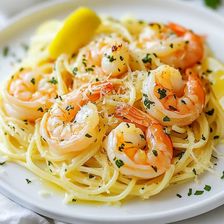 - 8 oz spaghetti or linguine - 1 lb large shrimp, peeled and deveined - 4 cloves garlic, minced - 4 tablespoons olive oil - Zest and juice of 1 lemon - 1 teaspoon red pepper flakes (adjust to taste) - Salt and pepper to taste - 1/4 cup fresh parsley, chopped - Grated Parmesan cheese for serving (optional) For this dish, I like to keep things simple yet flavorful. The main ingredients are fresh and easy to find. - Pasta: I prefer spaghetti or linguine for this recipe. They hold the sauce well. - Shrimp: Use large shrimp that are peeled and deveined. This cuts down on prep time. - Garlic: Freshly minced garlic adds a strong flavor. It’s key for this dish. - Olive Oil: Extra virgin olive oil is best. It gives a rich taste to the sauce. - Lemon: The zest and juice brighten the dish. Fresh lemon juice works wonders! - Red Pepper Flakes: These add heat. You can adjust the amount for your taste. - Parsley: Fresh parsley adds a pop of color and freshness. - Parmesan Cheese: This is optional, but it adds a nice touch when serving. Gather these ingredients before you start cooking. This will help you stay organized and focused. Enjoy the process of creating this dish! {{ingredient_image_1}} - Boil a large pot of salted water. - Add 8 oz of spaghetti or linguine to the pot. - Cook according to the package instructions, usually about 8-10 minutes. - Stir occasionally to prevent sticking. - Reserve 1/2 cup of pasta water before draining. - Drain the pasta and set it aside. - In a large skillet, heat 2 tablespoons of olive oil over medium heat. - Add 4 cloves of minced garlic and 1 teaspoon of red pepper flakes. - Sauté for about 1 minute until fragrant. - Add 1 lb of peeled and deveined shrimp to the skillet. - Season the shrimp with salt and pepper. - Cook the shrimp for 2-3 minutes on each side. - They should turn pink and opaque, indicating they are done. - Pour in the zest and juice of 1 lemon into the skillet. - Stir to combine everything well. - Add the remaining 2 tablespoons of olive oil and mix. - Toss the drained pasta into the skillet with the shrimp. - If the pasta seems dry, add reserved pasta water little by little. - Mix until you achieve your desired consistency. - Finally, stir in 1/4 cup of chopped fresh parsley for a burst of flavor. To cook shrimp just right, aim for a pink color. Each shrimp should be opaque and firm. This takes about 2-3 minutes on each side. If you overcook them, they can become rubbery. Balancing flavors is key. Use fresh lemon juice and zest to brighten the dish. Start with half the lemon juice, then taste. Add more if you like a stronger lemon flavor. Don't forget to season with salt and pepper. This helps the shrimp and pasta shine. For a beautiful dish, serve your Lemon Garlic Shrimp Pasta on a large platter. This makes it look inviting. You can also serve it in individual bowls for a special touch. Garnish with fresh parsley for color and flavor. A sprinkle of grated Parmesan cheese adds richness. It makes the dish look gourmet and professional. Use a large pot for boiling the pasta. A skillet is great for cooking shrimp and mixing everything. Non-stick cookware helps prevent sticking. A good set of kitchen tongs is useful for tossing the pasta and shrimp. You might also want a citrus juicer to get every drop of juice from your lemon. These tools will make your cooking easier and more fun. Pro Tips Use Fresh Shrimp: Fresh shrimp will enhance the flavor of your dish significantly compared to frozen shrimp. Adjust Lemon Zest: Zesting the lemon adds a bright flavor; feel free to add more if you love lemon! Perfect Pasta Texture: Cook your pasta al dente for the best texture that holds up well with the sauce. Garnish with Extra Herbs: Adding extra parsley or even fresh basil at the end elevates the dish's presentation and flavor. {{image_2}} If you want to switch things up, try different pasta. You can use gluten-free pasta or whole wheat pasta. Both options work well and keep the dish tasty. If you don’t have shrimp, feel free to swap it out with other seafood like scallops or even chicken. These proteins will still soak up that great lemon and garlic flavor. Adding vegetables brings more nutrition and color to the dish. Spinach wilts nicely, adding a fresh touch. Cherry tomatoes can add a burst of sweetness and extra flavor. You can also play with herbs and spices. Try basil or thyme for a new taste. A pinch of oregano can give it an Italian twist, too. Want to change the sauce? You can make it creamier by adding heavy cream or a splash of white wine. This gives the dish a rich, velvety feel. If you prefer more heat, try different peppers. Jalapeños or crushed red pepper can add zing. Adjust spice levels to suit your taste for a perfect meal every time. To store leftover Lemon Garlic Shrimp Pasta, place it in an airtight container. This keeps it fresh. You should eat it within three days for the best taste. If you notice any strange smell or changes in color, throw it away. You can freeze this dish for longer storage. First, let it cool completely. Then, pack the pasta in freezer-safe bags or containers. Try to remove as much air as possible. This helps prevent freezer burn. You can keep it frozen for up to three months. When you are ready to eat, thaw it in the fridge overnight. To reheat, you can use the microwave or the stove. If using the microwave, add a splash of water to keep it moist. Heat in short bursts to avoid overcooking. On the stove, warm it gently in a pan over low heat. Add a little olive oil or butter to boost flavor. After reheating, taste it and adjust seasoning if needed. You may want to add more lemon juice or salt. If you want to swap shrimp, try these options: - Chicken: Cut boneless chicken into pieces. Cook until golden. - Tofu: Use firm tofu. Cube it and sauté until crisp. - Scallops: These add a sweet flavor. Cook until they turn opaque. - Salmon: Cut into chunks. Cook until the outside is crispy. These proteins work well with the lemon and garlic flavors. Yes, you can prepare this dish ahead. Here are some tips: - Cook the pasta: Drain and toss it with olive oil. It won’t stick. - Cook the shrimp: You can cook it earlier. Just reheat before serving. - Make the sauce: Mix garlic, lemon, and oil. Store in the fridge. - Timing: Combine everything just before serving. This keeps it fresh. Look for these signs to know shrimp is done: - Color: It should turn pink. - Texture: Shrimp should be firm, not mushy. - Shape: Cooked shrimp curls into a C shape. To check, cut one open. It should be opaque inside. Avoid overcooking for the best flavor. In this blog post, I shared a simple recipe for Lemon Garlic Shrimp Pasta. We covered the key ingredients, detailed cooking steps, and useful tips for perfecting the dish. I also provided variations to tailor it to your taste and storage advice for leftovers. Cooking should be fun and satisfying. With practice, you can create a dish that impresses anyone. Enjoy making this meal and experimenting with your own twists!