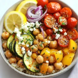 For this roasted veggie Mediterranean bowl, you need: - 1 zucchini, diced - 1 red bell pepper, chopped - 1 yellow bell pepper, chopped - 1 red onion, sliced - 1 cup cherry tomatoes, halved These fresh vegetables add color and taste. Each one brings its own flavor to the dish. You will also need: - 1 can (15 oz) chickpeas, drained and rinsed - 1 cup cooked quinoa or couscous Chickpeas provide protein and texture, while quinoa or couscous makes the base filling and hearty. To bring out the best flavors, gather: - 2 tablespoons olive oil - 1 teaspoon smoked paprika - 1 teaspoon garlic powder - Salt and pepper to taste - ½ cup feta cheese, crumbled (optional) - Fresh parsley, chopped for garnish - Lemon wedges for serving The seasonings enhance the veggies. The feta cheese adds a creamy touch, while lemon wedges give a fresh zing. {{ingredient_image_1}} Start by washing all the veggies well. Cut the zucchini into small cubes. Chop the red and yellow bell peppers into bite-sized pieces. Slice the red onion into thin strips. Halve the cherry tomatoes. Drain and rinse the chickpeas in a colander. Place all these veggies in a large bowl. Preheat your oven to 400°F (200°C). Drizzle the olive oil over the veggies and chickpeas. Add smoked paprika, garlic powder, salt, and pepper. Toss everything until the veggies coat well. Spread the mix on a large baking sheet. Make sure they are in a single layer. Roast for 25-30 minutes, stirring halfway. Look for tender veggies with a golden color. While the veggies roast, cook the quinoa or couscous as the package says. When the veggies are done, let them cool for a few minutes. Grab a bowl and start with a base of quinoa or couscous. Top it with the roasted veggies. If you like, sprinkle feta cheese on top. Add fresh parsley for a bright touch. Serve it with lemon wedges for a zesty finish. To get the best flavor, start by preheating your oven to 400°F (200°C). This high heat helps the veggies caramelize. Cut all vegetables into similar sizes. This ensures they cook evenly. Spread them out in one layer on your baking sheet. If they are too crowded, they will steam instead of roast. Stir halfway through cooking for even browning. You want them tender and golden, about 25-30 minutes. For extra flavor, add smoked paprika and garlic powder. These spices bring warmth and depth. You can also try adding herbs like oregano or thyme. A squeeze of fresh lemon juice right before serving brightens the dish. Feta cheese adds a creamy, salty touch that pairs well with the veggies. If you want a hint of heat, sprinkle some red pepper flakes on top. When serving, start with a base of cooked quinoa or couscous. This adds a nice texture and makes the bowl filling. Top with the roasted veggies for color and flavor. Add crumbled feta on top, if you like. Fresh parsley not only looks great but adds freshness. Serve with lemon wedges on the side for a zesty kick. Enjoy this bowl warm or at room temperature! Pro Tips Even Veggie Cuts: Make sure to cut your vegetables into similar sizes to ensure even cooking. This helps them roast uniformly and caramelize beautifully. Spice It Up: Feel free to experiment with different spices or herbs based on your preference. Adding cumin or oregano can give your bowl a unique twist! Chickpea Prep: For a crunchier texture, consider roasting the chickpeas separately for the last 10 minutes of the vegetable roasting time. Lemon Zest: For an extra burst of flavor, add a sprinkle of lemon zest over the finished bowl before serving for a refreshing zing. {{image_2}} To make this roasted veggie Mediterranean bowl vegan, skip the feta cheese. This bowl is already packed with flavor from the veggies and chickpeas. You can add avocado for creaminess instead. Try a tahini sauce or a drizzle of balsamic glaze for extra taste. These swaps keep the bowl fresh but still full of flavor. This recipe is naturally gluten-free if you choose quinoa. Quinoa is a great grain alternative and is high in protein. If you prefer couscous, use gluten-free couscous or substitute with brown rice. Both options work well and keep your meal gluten-free. Quinoa is a great base, but you can also use farro or bulgur. Both add unique tastes and textures. If you want a low-carb option, consider using cauliflower rice. It cooks quickly and soaks up the flavors of the roasted veggies well. These alternatives let you mix and match for new tastes each time you make this dish. After enjoying your roasted veggie Mediterranean bowl, store any leftovers in a sealed container. This keeps the veggies fresh. Place them in the fridge within two hours to avoid spoilage. The bowl stays good for up to three days. To reheat, you can use the microwave or the oven. For the microwave, place the bowl on a safe dish and heat for one to two minutes. Stir halfway through. For the oven, preheat it to 350°F (175°C). Spread the veggies on a baking sheet and heat for about 10 minutes. This keeps them crispy. If you want to freeze your bowl, make sure it cools first. Use an airtight container or freezer bag. It can last up to three months in the freezer. When ready to eat, thaw it overnight in the fridge. Reheat as mentioned above for best results. Yes, you can mix and match vegetables! Try carrots, broccoli, or eggplant. These veggies add unique flavors and textures. Just keep the roasting time in mind. Some veggies may need more time, while others may roast faster. Adjust your cooking time as needed. If you want a cheese swap, try goat cheese or ricotta. For a dairy-free option, use crumbled tofu or nutritional yeast. These choices give a nice taste without losing the creamy texture. They can make the dish just as delightful. The roasted veggie Mediterranean bowl lasts about four days in the fridge. Make sure to store it in an airtight container. This keeps it fresh. Before serving, give it a quick stir and check for taste. If it seems dry, add a splash of olive oil or lemon juice. In this post, we covered all you need to create a tasty bowl. We discussed essential ingredients, including fresh veggies and grains. I shared step-by-step instructions that make the cooking easier. Tips on roasting and flavor add fun to the dish. You can try variations to suit your needs, whether vegan or gluten-free. Lastly, I provided storage tips for leftovers to enjoy later. Remember, cooking should be fun and flexible. Experiment to find what you love!