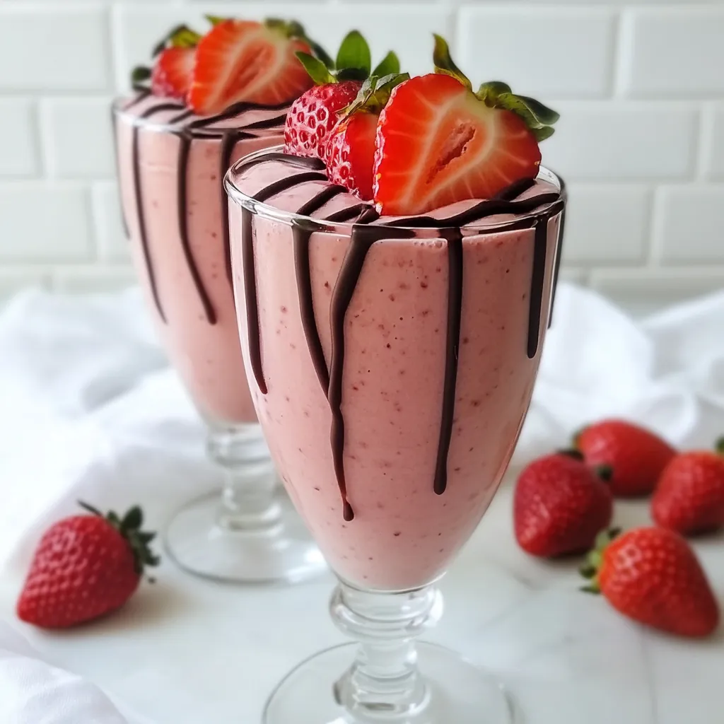 To make a delicious chocolate covered strawberry smoothie, you need a few key items: - 1 cup fresh strawberries, hulled - 1 medium banana, frozen - 1 cup chocolate almond milk (or regular almond milk with cocoa powder) - 2 tablespoons cocoa powder - 1 tablespoon honey or maple syrup (adjust to taste) - 1/2 teaspoon vanilla extract - 1/4 cup Greek yogurt (optional for creaminess) - Ice cubes (if a thicker smoothie is desired) These ingredients create a rich, creamy treat that tastes like dessert. Fresh strawberries bring sweetness, while the banana adds a nice texture. The chocolate almond milk gives a chocolatey base. You can use regular almond milk with cocoa powder if you prefer. You can add some extra ingredients for a flavor boost: - A handful of spinach for added nutrients - A scoop of protein powder for a filling option - A pinch of cinnamon for warmth - Chia seeds for a healthy crunch These options make your smoothie even better. They add nutrition without changing the taste much. If you have special diets, here are some easy swaps: - Use coconut milk or oat milk instead of almond milk for a nut-free version. - Substitute maple syrup for honey to keep it vegan. - Replace Greek yogurt with a dairy-free yogurt for a lactose-free option. These substitutions ensure everyone can enjoy this tasty smoothie. You can mix and match based on what you have at home. Enjoy! {{ingredient_image_1}} To make your Chocolate Covered Strawberry Smoothie, start with the base. First, wash and hull the fresh strawberries. Add these to your blender. Next, grab a frozen banana. This adds creaminess and sweetness. Break it into pieces and toss it in too. Now, pour in one cup of chocolate almond milk. If you don’t have chocolate almond milk, regular almond milk with cocoa powder works great. Then, add two tablespoons of cocoa powder for that rich chocolate flavor. Next, it’s time to add some flavor. Drizzle in one tablespoon of honey or maple syrup. This sweetens the smoothie, so adjust it to your taste. Add half a teaspoon of vanilla extract for extra depth. If you like it creamy, include a quarter cup of Greek yogurt. This step is optional but adds a nice texture. Blend all the ingredients on high until smooth. If you want a thicker smoothie, add a few ice cubes. Blend again until mixed well. Now, taste your smoothie. If it needs more sweetness, add a bit more honey or syrup. Blend again to mix. Once perfect, pour your smoothie into clear glasses. This shows off its beautiful pink color. Enjoy your drink right away! To get the best smoothie texture, start with frozen bananas. Frozen fruit gives a nice, thick base. Fresh strawberries work well, but you can freeze them too. If you want a creamier texture, add Greek yogurt. For a thicker smoothie, toss in a few ice cubes before blending. Blend until everything is smooth, with no lumps. To make your smoothie taste even better, use ripe strawberries. Ripe fruit is sweeter and more flavorful. You can also play with sweeteners. Try honey, maple syrup, or agave nectar. Adjust the sweetness to fit your taste. Adding a splash of vanilla extract makes the flavor pop. If you love chocolate, add more cocoa powder for a richer taste. Garnishing can make your smoothie look fancy! Try slicing fresh strawberries and placing them on top. A sprinkle of cocoa powder adds a nice touch. You can also drizzle some chocolate syrup on top for a sweet finish. Use a colorful straw to make it fun. Serve it in clear glasses to show off that lovely pink color. Pro Tips Use Ripe Strawberries: Choose ripe and sweet strawberries for the best flavor. The sweetness of the berries will enhance the overall taste of your smoothie. Adjust Consistency: If you prefer a thicker smoothie, add more frozen banana or ice cubes. For a thinner consistency, simply add more chocolate almond milk. Experiment with Sweeteners: Feel free to swap honey for agave nectar or coconut sugar to suit your dietary preferences. Adjust the amount according to your taste. Garnish Creatively: Enhance the presentation by garnishing with sliced strawberries, a sprinkle of cocoa powder, or a drizzle of melted chocolate on top before serving. {{image_2}} To make this smoothie dairy-free and vegan, use chocolate almond milk or another plant-based milk. Almond, coconut, or oat milk work well. For added flavor, you can mix in cocoa powder. If you want extra creaminess, try using silken tofu instead of Greek yogurt. This keeps the texture smooth and gives a protein boost. If you need a meal replacement, add protein powder. You can use plant-based protein or whey protein. One scoop is usually enough. This makes the smoothie filling and great for breakfast or a post-workout snack. Greek yogurt can also add protein, but skip it to keep it dairy-free. You can swap strawberries for other fruits. Raspberries or blueberries add a nice tartness. For a sweeter smoothie, try mango or peach. You can also mix different fruits for a fun twist. Each fruit will change the taste, so feel free to experiment and find your favorite combo. Leftover smoothie is easy to store. Pour it into a sealed container. Keep it in the fridge for up to 24 hours. When you are ready to drink it, stir the smoothie well. Freezing smoothie ingredients is a smart move. Cut fresh strawberries and bananas into small pieces. Place them in a freezer bag. Remove as much air as possible before sealing. This keeps them fresh for up to three months. You can also freeze the yogurt in ice cube trays for easy use. - Fresh strawberries: 3 to 7 days in the fridge. - Frozen bananas: 6 to 12 months in the freezer. - Chocolate almond milk: Check the date; usually lasts a week after opening. - Cocoa powder: Can last for years if stored cool and dry. - Honey or maple syrup: Indefinite shelf life if stored properly. - Greek yogurt: About 1 to 3 weeks in the fridge. Knowing how to store and freeze ingredients helps you enjoy the smoothie longer. Yes, you can make this smoothie ahead of time. Just blend it and store it in the fridge. It keeps well for up to 24 hours. However, the texture may change slightly. The smoothie might separate, so give it a quick stir before drinking. Yes, there are healthier options. You can try carob powder as a cocoa substitute. Carob has a slightly sweet taste and is caffeine-free. You might also consider raw cacao powder. It is less processed and retains more nutrients. If you want to skip the banana, use a half cup of avocado. It adds creaminess without a strong flavor. You can also use a half cup of unsweetened applesauce for sweetness and moisture. To reduce sweetness, cut back on honey or maple syrup. You can also add more cocoa powder for a richer flavor. Another trick is to include a pinch of salt. This balances the sweetness and enhances the taste. Yes, frozen strawberries work great! They make the smoothie cold and thick. Just toss them in the blender with the other ingredients. There's no need to thaw them first. Enjoy your cold, creamy treat! This blog post covered how to make a chocolate-covered strawberry smoothie. I shared the main and optional ingredients, plus substitutes for diets. You learned step-by-step blending instructions and how to adjust flavors. Tips helped you achieve the best texture and decoration. I also offered many variations, like dairy-free options and protein boosts. Finally, you got storage tips and answered common questions. Enjoy making smoothies that taste great and fit your needs. Your smoothie adventure starts now!