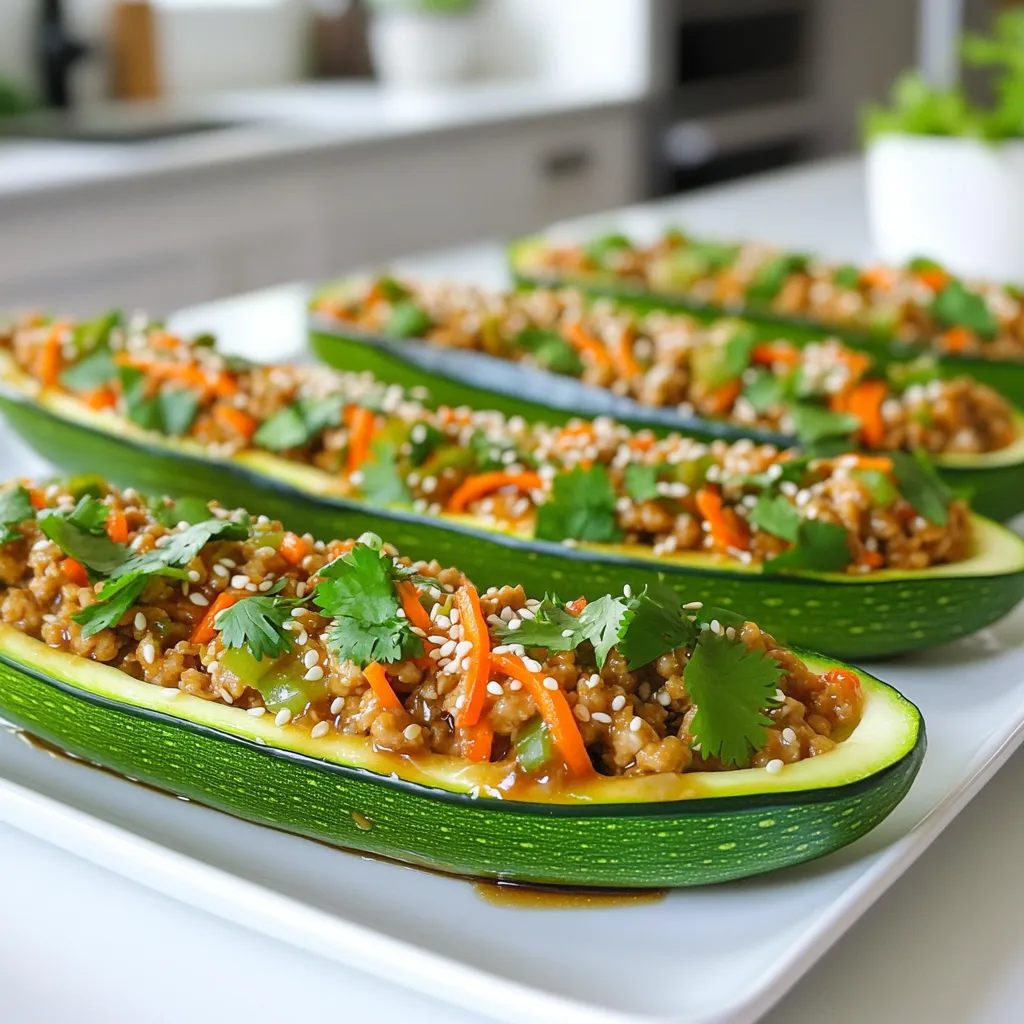 - 4 medium zucchinis - 1 pound ground chicken - 1/4 cup teriyaki sauce (gluten-free if needed) - 1/4 cup chopped green onions - 1/4 cup shredded carrots - 2 cloves garlic, minced - 1 tablespoon fresh ginger, minced - 1 tablespoon sesame oil - 1/4 teaspoon black pepper - Sesame seeds for garnish - Fresh cilantro for garnish Zucchini is the star here, giving the dish a fresh taste. If you can't find zucchini, you can use bell peppers or eggplants. Ground chicken brings a mild flavor and cooks quickly. You can swap it with ground turkey or beef if you like. For a gluten-free option, make sure your teriyaki sauce fits that need. The green onions add crunch and color, but you can use chives if they're not available. Shredded carrots add sweetness and texture; you can also use bell pepper strips. Fresh ginger and garlic make the filling aromatic. If you prefer, use ginger paste and garlic powder instead. Finally, sesame seeds and cilantro are great for garnish, but you can skip them if you want. To make this dish, you need a few key tools. Here’s what I suggest: - A sharp knife for cutting the zucchinis - A spoon to scoop out the zucchini centers - A large skillet for cooking the chicken and veggies - A spatula for stirring and mixing - A baking sheet lined with parchment paper for easy cleanup - An oven to bake the zucchini boats These tools help make the cooking process smooth and fun. Start by preheating your oven to 400°F (200°C). This step gets your oven ready for the zucchini boats. Next, take the zucchinis and slice them in half lengthwise. Use a spoon to scoop out the center. This creates a small boat for the filling. Set the hollowed zucchinis aside while you prepare the filling. In a large skillet, heat 1 tablespoon of sesame oil over medium heat. Add 2 cloves of minced garlic and 1 tablespoon of minced ginger. Sauté them for about 1 minute until they smell great. Then, add 1 pound of ground chicken to the skillet. Cook the chicken for about 5-7 minutes. Break the meat apart with a spatula as it cooks. When it turns brown, stir in 1/4 cup of teriyaki sauce, 1/4 cup of chopped green onions, and 1/4 cup of shredded carrots. Cook this mixture for another 2-3 minutes. This allows all the flavors to come together nicely. Now, take the cooked chicken mixture and spoon it evenly into each zucchini boat. Press it down a bit to pack it in. Place the stuffed boats on a baking sheet lined with parchment paper. Bake them in the preheated oven for about 20-25 minutes. The zucchini should be tender and slightly golden on the edges when done. After baking, let them cool for a few minutes. Finally, garnish with sesame seeds and fresh cilantro for a nice touch. Enjoy your tasty and healthy meal! For the chicken filling, use fresh ground chicken. Fresh meat has a better taste. Cook it on medium heat. This keeps the chicken juicy. Add garlic and ginger first. These give the filling a great flavor. Stir in teriyaki sauce next. This sauce adds sweetness and tang. Mix in chopped green onions and carrots last. These add crunch and color. Make sure to pack the filling into the zucchini well. This ensures every bite is flavorful. To get the best zucchini texture, pick medium-sized zucchinis. They hold their shape better. Cut them in half lengthwise. Use a spoon to scoop out the center. This creates a nice boat. Don't scoop too much; leave some flesh. It helps the zucchini stay firm while baking. Bake until they are tender but not mushy. This takes about 20-25 minutes. The edges should be slightly golden, adding to the flavor. Teriyaki chicken zucchini boats are great on their own. For a full meal, pair them with rice. Jasmine or brown rice works well. You can also serve them with a fresh salad. A crunchy cucumber salad adds a nice touch. For extra flavor, drizzle more teriyaki sauce on top. You can also top with sesame seeds and fresh cilantro. This makes every plate look beautiful and inviting. {{image_2}} You can easily make this dish vegetarian. Swap the ground chicken for a meat alternative. Options like plant-based ground meat or chopped mushrooms work well. These alternatives absorb flavors just like chicken. Use the same teriyaki sauce and spices. This way, you still get that tasty umami flavor without meat. Want to kick up the flavor? Try adding spices to the chicken mix. A pinch of red pepper flakes adds heat. You can also mix in a bit of hoisin sauce for extra sweetness. If you prefer a tangy twist, drizzle a little lime juice before serving. This will brighten up the dish and add a fresh touch. Zucchini is great, but you can use other veggies too. Bell peppers, eggplants, or even sweet potatoes make great boats. Just cut them in half and scoop out the insides. Each vegetable brings its own taste and texture. Feel free to mix and match to keep things fun and exciting. To store leftover zucchini boats, let them cool first. Place them in an airtight container. Keep the container in the fridge for up to three days. You can also wrap them in plastic wrap. This method helps keep them fresh and tasty. When it's time to eat the leftovers, I recommend reheating them in the oven. Preheat your oven to 350°F (175°C). Place the zucchini boats on a baking sheet. Heat them for about 10-15 minutes. This way, they stay soft and warm all the way through. You can also use a microwave if you're in a hurry. Just heat them for 1-2 minutes. If you want to freeze the zucchini boats, prepare them without baking. After filling the zucchini, wrap each boat tightly in plastic wrap. Then place them in a freezer-safe bag. Label the bag with the date. You can freeze them for up to three months. When you’re ready to eat, thaw them in the fridge overnight. Bake them as usual for a quick meal. Yes, you can use different proteins in this dish. Ground turkey, beef, or pork work well. If you prefer a vegetarian option, use lentils or mushrooms. Each protein adds its own flavor to the dish. Just adjust the cooking time as needed for the protein you choose. These zucchini boats pair great with rice or quinoa. You can also enjoy them with a fresh salad. A side of steamed broccoli or snap peas adds color and nutrition. Feel free to serve them with extra teriyaki sauce for dipping! To prepare ahead, make the filling and store it in the fridge. You can scoop out the zucchini and keep the halves ready too. When you are ready to cook, just stuff the zucchini and bake. This saves time and makes dinner easy! This blog post covered how to make tasty zucchini boats. We looked at the key ingredients, kitchen tools, and simple steps for preparation and cooking. I shared tips for perfecting your chicken filling and achieving the best texture. We also discussed variations for different diets and how to store leftovers. In the end, you have all you need to create a fun and healthy dish. Try it today and enjoy a delightful meal!