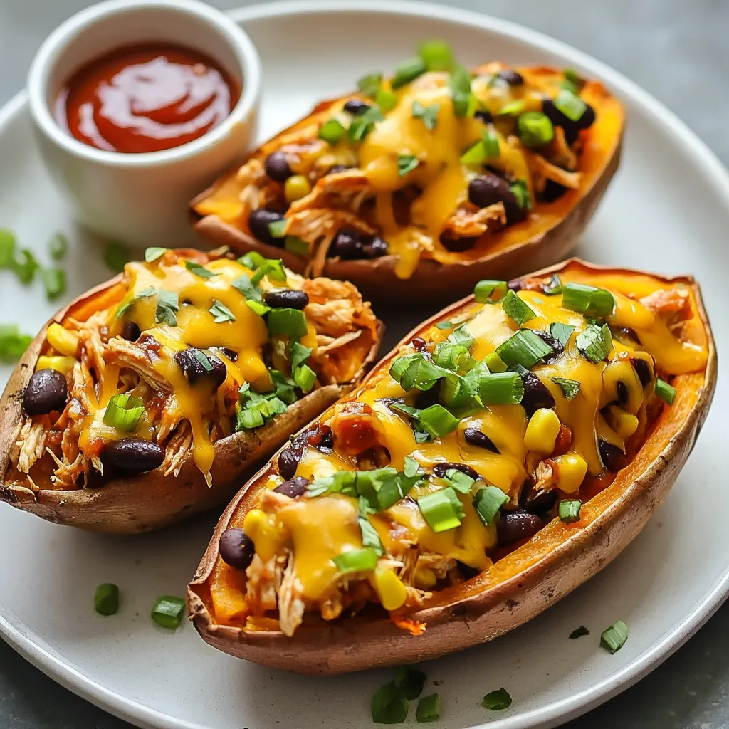 To make BBQ chicken stuffed sweet potatoes, you need some key ingredients. Each one brings its own flavor to the dish. Here’s what you’ll need: - 4 medium sweet potatoes - 2 cups shredded cooked chicken - 1 cup BBQ sauce (your choice) - 1 cup black beans, rinsed and drained - 1 cup corn kernels (fresh or frozen) - 1 teaspoon smoked paprika - 1 teaspoon garlic powder - Salt and pepper to taste - 1 cup shredded cheese (cheddar or mozzarella) - 1/4 cup chopped green onions (for garnish) - Sour cream (optional, for serving) Each ingredient plays an important role. The sweet potatoes provide a soft base. They add natural sweetness and are full of vitamins. The chicken gives protein and absorbs the BBQ sauce. The black beans add texture and fiber, while corn brings a nice crunch. Spices like smoked paprika and garlic powder enhance the taste. They add depth and warmth to the dish. Cheese melts and creates a delicious layer on top. Green onions make a fresh garnish that brightens up the meal. If you like, you can add sour cream for a creamy touch. These ingredients work together to create a tasty and colorful meal. They not only look good but also taste amazing! {{ingredient_image_1}} First, preheat your oven to 400°F (200°C). This step helps cook the sweet potatoes well. Next, wash the sweet potatoes under cold water. Use a fork to prick several holes in each potato. This allows steam to escape while they cook. Place the sweet potatoes on a baking sheet lined with parchment paper. Bake them for about 45 to 60 minutes until they are soft. You can check if they are done by piercing them with a fork. While the sweet potatoes bake, it’s time to make the BBQ chicken mix. In a large bowl, combine 2 cups of shredded cooked chicken with 1 cup of your favorite BBQ sauce. Add 1 cup of rinsed black beans and 1 cup of corn kernels. For extra flavor, mix in 1 teaspoon of smoked paprika and 1 teaspoon of garlic powder. Season the mixture with salt and pepper to taste. Stir everything well until combined. This mixture is what makes the dish so tasty. Once the sweet potatoes are soft, remove them from the oven. Let them cool for a few minutes. Carefully slice each sweet potato lengthwise to create a pocket. Use a fork to fluff the inside gently. Now, spoon the BBQ chicken mixture into each sweet potato pocket. Be generous! After that, sprinkle shredded cheese on top. Return the stuffed sweet potatoes to the oven for an additional 10 to 15 minutes. You want the cheese to melt and get bubbly. Finally, take them out and let them cool slightly. Garnish with chopped green onions and serve with sour cream if you like. Enjoy your delicious BBQ chicken stuffed sweet potatoes! When you pick sweet potatoes, look for medium-sized ones. They should feel firm and smooth. Any wrinkles or soft spots mean they might be bad. The best sweet potatoes have a rich orange color. This shows they are sweet and flavorful. Avoid potatoes with green patches. These can taste bitter. A fresh sweet potato makes your dish taste better. To get tasty chicken, use shredded cooked chicken. You can grill, bake, or even use rotisserie chicken. Mix the chicken with your favorite BBQ sauce. This adds great flavor. Don't forget to add black beans and corn. These ingredients give a nice texture. Use smoked paprika and garlic powder to boost the taste. Season well with salt and pepper. This simple mix makes a big difference. For the best melted cheese, use shredded cheese. Cheddar or mozzarella works great here. Spread the cheese evenly over the stuffed sweet potatoes. This ensures every bite is cheesy. Bake the stuffed potatoes until the cheese is bubbly and golden. If you want extra meltiness, cover the potatoes with foil for a few minutes. Remove the foil to let it brown nicely. This gives you a perfect cheesy topping. Pro Tips Choose the Right Sweet Potatoes: Look for firm, unblemished sweet potatoes for the best texture and flavor. Keep It Moist: If the BBQ chicken mixture seems dry, add a splash of extra BBQ sauce to keep it juicy. Customize Your Toppings: Feel free to experiment with toppings like avocado, jalapeños, or cilantro for added flavor. Meal Prep Friendly: These stuffed sweet potatoes make great leftovers. Store them in the fridge and reheat for a quick meal! {{image_2}} You can make this dish vegetarian. Swap the chicken for a mix of veggies. Use mushrooms, zucchini, or bell peppers. Add these to your BBQ sauce blend. You can also use lentils or chickpeas for protein. This makes a hearty meal without meat. BBQ sauce changes the flavor of your dish. You can try different types. Use a tangy vinegar-based sauce for a kick. A sweet sauce adds a nice touch too. If you like heat, go for a spicy sauce. Each option gives a new twist to your stuffed potatoes. Toppings make your meal fun and tasty. Add sliced jalapeños for some heat. Fresh cilantro gives a nice flavor boost. You can sprinkle on crispy onions for crunch. A dollop of guacamole or salsa adds freshness too. Get creative and mix your favorite toppings! After enjoying your BBQ chicken stuffed sweet potatoes, store any extras in an airtight container. They stay fresh for up to three days in the fridge. If you want to keep them longer, consider freezing. To reheat, you can use the oven or microwave. For the oven, preheat to 350°F (175°C) and bake for about 15-20 minutes. Cover with foil to keep the cheese from burning. If you’re in a hurry, the microwave works too. Heat in 30-second intervals, checking often. To freeze, let the stuffed sweet potatoes cool completely. Wrap each potato tightly in plastic wrap and then place them in a freezer bag. They can last up to three months in the freezer. When ready to eat, thaw overnight in the fridge before reheating. No, using raw chicken is not safe for this dish. You need cooked chicken. Cooked chicken keeps the meal safe and tasty. You can shred leftover chicken or use rotisserie chicken. This makes the recipe quick and easy. You can serve many sides with BBQ chicken stuffed sweet potatoes. Here are some ideas: - A fresh green salad for crunch. - Coleslaw for a creamy contrast. - Grilled veggies for a smoky flavor. - Cornbread for a sweet touch. - Extra BBQ sauce for dipping. These sides add variety and balance to the meal. You can tell sweet potatoes are done when they are soft. Here’s how to check: - Use a fork to poke them. - If the fork goes in easily, they are ready. - They usually take 45-60 minutes at 400°F (200°C). Let them cool a bit before cutting for stuffing. This way, you avoid burns and get the best flavor. This blog post covers how to make BBQ chicken stuffed sweet potatoes. We discussed the key ingredients, from sweet potatoes to cheese. I provided clear step-by-step instructions for easy preparation. You learned valuable tips for the best flavors and variations to try. Plus, we shared storage tips for leftovers. In conclusion, these stuffed sweet potatoes are tasty and simple to make. Enjoy experimenting with different flavors and toppings. Happy cooking!