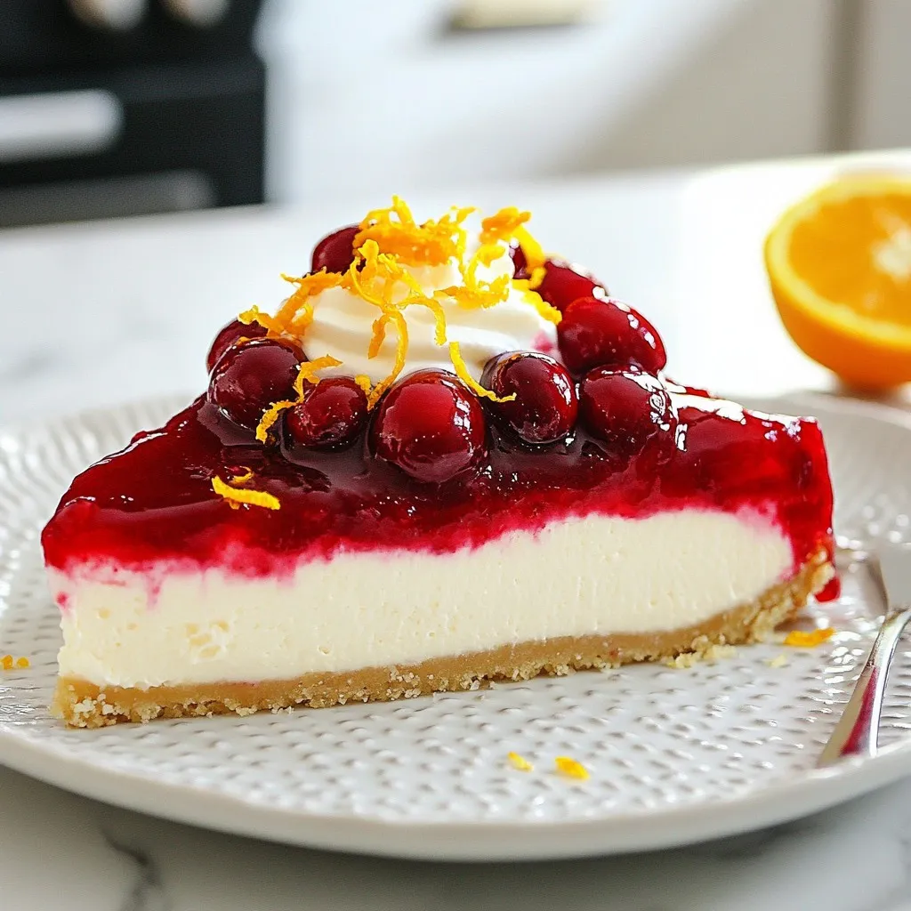 When making a delightful Cranberry Orange Cheesecake, it’s all about the right ingredients. Here’s what you need: - 1 ½ cups graham cracker crumbs - ¼ cup unsalted butter, melted - 2 cups cream cheese, softened - 1 cup granulated sugar - 3 large eggs - 1 teaspoon vanilla extract - Zest of 1 large orange - ½ cup sour cream - 1 cup fresh or frozen cranberries - ½ cup orange juice - ¼ cup brown sugar - ½ teaspoon cinnamon - Pinch of salt Each ingredient plays a key role. The graham cracker crumbs form a crunchy crust. The melted butter helps bind them together. Cream cheese gives the cheesecake its rich and creamy texture. Granulated sugar sweetens the mix, while eggs help set the cheesecake. The vanilla extract adds a warm flavor. Orange zest brightens the dish with citrus notes. Sour cream adds creaminess and tanginess to balance the sweetness. Fresh or frozen cranberries bring a lovely tartness. Orange juice enhances the fruity flavor. Brown sugar adds depth, and cinnamon gives a warm spice. A pinch of salt enhances all the flavors. With these ingredients, you can create a cheesecake that is both creamy and refreshing. This combination of flavors will impress anyone who takes a bite! {{ingredient_image_1}} To start, set your oven to 325°F (160°C). This step gets your oven ready for baking. A hot oven helps your cheesecake cook evenly. In a bowl, mix 1 ½ cups of graham cracker crumbs with ¼ cup of melted unsalted butter. Stir until it looks sandy. Press this mix firmly into the bottom of a 9-inch springform pan. Bake for about 10 minutes. You want it to be lightly golden. Once done, take it out and let it cool. In a large bowl, take 2 cups of softened cream cheese and beat it with a mixer. Mix until it's smooth and creamy. Gradually add 1 cup of granulated sugar and beat until blended. Next, add 3 large eggs one at a time. Make sure each egg is mixed in fully before adding another. Then, add 1 teaspoon of vanilla extract, the zest of 1 large orange, and ½ cup of sour cream. Mix until it’s all smooth. In a saucepan over medium heat, add 1 cup of fresh cranberries, ½ cup of orange juice, ¼ cup of brown sugar, ½ teaspoon of cinnamon, and a pinch of salt. Stir this mix until it bubbles and the cranberries soften. This should take about 5 to 7 minutes. Once done, take it off the heat and let it cool a bit. Pour your cheesecake batter over the cooled crust in the springform pan. Then, spoon the cranberry topping evenly over the cheesecake batter. This creates a beautiful layer. Bake your cheesecake in the preheated oven for about 55 to 65 minutes. The edges should be set, but the center can have a slight jiggle. Once baked, turn off the oven and leave the cheesecake inside with the door slightly open for about 1 hour. This helps it cool slowly. After that, refrigerate for at least 4 hours, or overnight if you can wait. To make a creamy cheesecake, focus on these key points: - Use softened cream cheese. Cold cream cheese will lead to lumps. - Beat on medium speed until smooth. This helps combine ingredients well. - Add eggs one at a time. This ensures even mixing and prevents overbeating. - Incorporate sour cream for extra creaminess. It gives a rich taste and texture. Want to boost flavor? Here are some great additions: - Try adding a splash of almond extract. It pairs well with orange. - Mix in some grated lemon zest for a citrus twist. - Consider a layer of chocolate ganache on top. It adds a rich layer to your dessert. Baking can be tricky. Avoid these common mistakes: - Don’t skip the cooling step. It helps prevent cracks. - Avoid opening the oven door too early. This can cause cheesecake to sink. - Make sure to measure ingredients accurately. Precise measurements lead to better results. - Don’t bake too long. Overbaking can dry out your cheesecake. Pro Tips Chill the Ingredients: For a smoother batter, make sure your cream cheese and sour cream are at room temperature before mixing. This helps avoid lumps in your cheesecake. Don’t Overmix: Once you add the eggs, mix just until combined to prevent incorporating too much air, which can cause cracks in your cheesecake. Use a Water Bath: To ensure an even bake and prevent cracks, consider baking your cheesecake in a water bath. Wrap the springform pan in foil and place it in a larger pan filled with hot water. Let it Rest: After baking, allow the cheesecake to cool slowly in the oven with the door ajar. This gradual cooling helps prevent cracks caused by sudden temperature changes. {{image_2}} You can switch up the fruit to top your cheesecake. Try using strawberries, blueberries, or raspberries. Each fruit adds a unique flavor. You can also mix fruits for a colorful topping. Think about adding a layer of lemon curd for extra zing. These options make the cheesecake fun and tasty. If you need a gluten-free crust, use gluten-free graham crackers. You can find these in stores or online. Crush them the same way as regular crackers. Mix with melted butter and press into the pan. This way, everyone can enjoy your cheesecake. It tastes just as good! Serving your cheesecake can be a fun task. You can add a dollop of whipped cream on each slice. A sprinkle of orange zest adds color and flair. Fresh cranberries on top look beautiful too. For a fancy touch, try using edible flowers. These small changes make your dessert stand out. To keep your cheesecake fresh, store it in the fridge. Use an airtight container or wrap it tightly with plastic wrap. This keeps moisture in and prevents it from drying out. The cheesecake stays good for about 5 to 7 days in the fridge. Make sure to place it on a flat surface to avoid any dents. You can freeze cheesecake if you have leftovers. First, let the cheesecake cool completely in the fridge. Then, slice it into pieces. Wrap each slice tightly in plastic wrap. For extra protection, place the wrapped slices in a freezer-safe bag or container. This way, they won’t get freezer burn. The cheesecake can stay frozen for up to 2 months. When you're ready to enjoy your frozen cheesecake, take it out of the freezer. Move it to the fridge to thaw overnight. This helps it stay creamy. If you need it faster, you can leave it at room temperature for about 1 hour. Avoid using the microwave, as it can make the texture grainy. Serve your cheesecake chilled, and enjoy the delicious flavors! To prevent cracks, use these tips: - Mix ingredients gently to avoid air bubbles. - Don’t overbeat the batter; this keeps it smooth. - Bake in a water bath. This adds moisture. - Let it cool slowly in the oven, door ajar. Absolutely! You can swap cranberries for: - Raspberries for a tart flavor. - Blueberries for a sweet touch. - Strawberries for a classic taste. Feel free to mix these fruits for a unique topping! Your cheesecake will stay fresh for about: - 5 to 7 days in the fridge. - Cover it tightly with plastic wrap. Always check for any off smells or changes in texture before eating. Yes! You can make a vegan cheesecake by using: - Silken tofu or cashew cream as a base. - Flaxseed meal mixed with water as an egg substitute. This keeps the cheesecake creamy and delicious! You have learned about making a delicious cheesecake from scratch. We covered the key ingredients, step-by-step instructions, and even tips for the perfect texture. You can explore flavor and dietary variations to suit your needs. Remember to store any leftovers correctly for the best taste later. With these tips, you'll create a cheesecake that delights everyone. Enjoy your baking adventures and impress your family and friends with your tasty results!