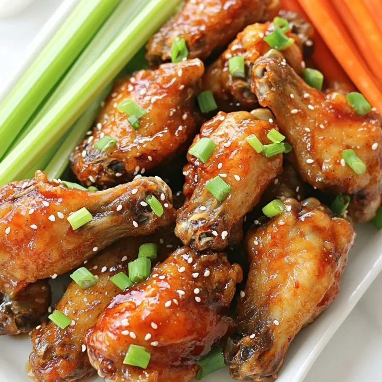 To make the best spicy honey garlic chicken wings, gather these ingredients: - Chicken wings details - 2 pounds chicken wings - Marinade components - 1/2 cup honey - 1/4 cup soy sauce - 4 cloves garlic, minced - 2 tablespoons sriracha sauce (adjust for spice preference) - 1 tablespoon rice vinegar - 1 tablespoon sesame oil - 1 teaspoon ground ginger (or 1 tablespoon fresh ginger, grated) - Salt and pepper to taste - Garnish items - 1 tablespoon sesame seeds - 2 green onions, sliced These ingredients come together to create a bold and flavorful dish. The honey gives a sweet touch, while the sriracha adds a nice kick. The garlic and ginger enhance the taste, making each bite a delight. Don't forget the sesame seeds and green onions. They add a nice crunch and freshness to the wings. Enjoy your cooking! {{ingredient_image_1}} 1. Preheat your oven: Set your oven to 400°F (200°C). This helps the wings cook evenly. 2. Prepare the baking sheet: Line it with parchment paper or aluminum foil. This makes cleanup easier later. 3. Make the marinade: In a large bowl, mix these ingredients: - 1/2 cup honey - 1/4 cup soy sauce - 4 cloves minced garlic - 2 tablespoons sriracha sauce (adjust to your taste) - 1 tablespoon rice vinegar - 1 tablespoon sesame oil - 1 teaspoon ground ginger (or 1 tablespoon fresh grated ginger) - Salt and pepper to taste 4. Marinate the wings: Add the chicken wings to the bowl. Make sure each wing is coated well with the marinade. Cover the bowl and put it in the fridge. Let it marinate for at least 30 minutes. For more flavor, marinate for up to 2 hours. 1. Arrange the wings: Take the marinated wings and place them in a single layer on the lined baking sheet. 2. Baking timeline: Bake the wings for 25-30 minutes. Turn them halfway through to ensure they cook evenly. 3. Baste for flavor: Use the leftover marinade to baste the wings during the last 10 minutes of baking. This step adds more flavor to your wings. 4. Crisp them up: For extra crispiness, broil the wings on high for 2-3 minutes. Watch them closely to prevent burning. 5. Garnish and serve: Once done, remove the wings from the oven. Let them rest for a few minutes. Sprinkle sesame seeds and sliced green onions over the top for a nice finish. For crispy wings, start by drying them well. Use paper towels to pat them dry. This step helps remove extra moisture. The drier the wings, the crisper they will be. Next, marination time is key. I suggest marinating the wings for at least 30 minutes. If you can, aim for 2 hours. This allows the flavors to really soak in. The longer they marinate, the better they taste. You can easily tweak the spice level. If you want less heat, reduce the sriracha. Start with 1 tablespoon instead of 2. You can always add more later if needed. For more sweetness, add an extra tablespoon of honey. This balances the heat nicely. Each bite should have a mix of sweet and spicy. Play with the recipe until it fits your taste! Pro Tips Marinate Longer for More Flavor: Allow the chicken wings to marinate for at least 2 hours, or even overnight, to deepen the flavors and enhance the tenderness of the meat. Adjust Spice Level: Modify the amount of sriracha sauce according to your heat preference. For milder wings, start with less and add more if desired. Achieve Crispy Skin: To get extra crispy wings, make sure they are well spaced on the baking sheet and consider using a wire rack to allow air circulation during baking. Use Fresh Ingredients: Fresh garlic and ginger will provide a more vibrant flavor compared to powdered versions, so opt for fresh whenever possible. {{image_2}} You can change up the soy sauce if you need to. Try tamari for a gluten-free option. Coconut aminos work well too, giving a sweet touch. For added flavor, think about using hoisin sauce. This will enhance the taste and keep it sweet. If you want to mix in some fun flavors, add a splash of orange juice. This brings a citrus zing that pairs well with the honey. You can also sprinkle some chili flakes for extra heat. Garlic is great, but you can swap fresh garlic for garlic powder if you're in a pinch. The air fryer is a game changer for cooking wings. To make spicy honey garlic chicken wings in an air fryer, preheat it to 400°F (200°C). Place the marinated wings in a single layer. Cook for about 25 minutes, flipping halfway through. This makes them crispy and delicious without all the oil. If you prefer grilling, it’s super simple too. Preheat your grill to medium-high heat. Place wings on the grill and cook for about 15-20 minutes. Turn them often for even cooking. Brush with the reserved marinade during the last few minutes for a tasty glaze. Grilling adds a smoky flavor that you might love. To keep your spicy honey garlic chicken wings tasty, follow these tips: - Refrigeration: Store leftover wings in an airtight container. They stay fresh for up to 3 days in the fridge. Always let the wings cool to room temperature before sealing them. This helps prevent sogginess. - Freezing: For longer storage, freeze the wings. Place them in a freezer-safe bag. Remove as much air as possible before sealing. They can last for about 3 months in the freezer. When ready to eat, thaw in the fridge overnight. To enjoy your wings again, use these reheating methods: - Best methods: The oven is great for reheating wings. Preheat it to 375°F (190°C). Place wings on a baking sheet and heat for 10-15 minutes. This keeps them crisp. - Avoiding loss of crispiness: Avoid the microwave if you can. It can make the wings soggy. If you must use it, heat for a short time and then broil for a minute to restore crispiness. This will give them a nice texture. You should marinate chicken wings for at least 30 minutes. This time allows the flavors to soak in. For more taste, marinate them for up to 2 hours. This gives the wings a richer flavor. Yes, you can make these wings ahead of time. Prepare the marinade and coat the wings. After marinating, cover and refrigerate them. You can store them for up to 24 hours. When ready to cook, simply bake them as instructed. These wings pair well with many sides. I recommend crunchy celery and carrot sticks. They add a nice contrast to the spicy wings. You can also serve them with a fresh salad. A cold drink like lemonade or beer goes great too. You learned how to make Spicy Honey Garlic Chicken Wings step by step. We covered the key ingredients, from chicken wings to marinades and garnishes. You now know how to marinate wings, bake them, and achieve that crispy texture. Remember to try different spices and cooking methods to find your favorite. Proper storage and reheating will keep your wings tasty. With these tips, you can enjoy great wings at home any time. Now, it’s time to gather your ingredients and start cooking!