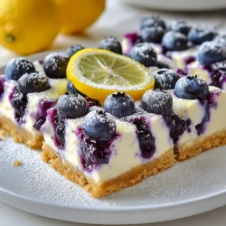 - 1 ½ cups graham cracker crumbs - ½ cup unsalted butter, melted - 1 tablespoon sugar - 16 oz cream cheese, softened - ¾ cup granulated sugar - 2 large eggs - 2 tablespoons lemon juice - Zest of 1 lemon - 1 cup fresh blueberries - 1 teaspoon vanilla extract - 1 pinch salt To make these Blueberry Lemon Cheesecake Bars, you need a simple list of ingredients. First, gather the graham cracker crumbs. They form the base of our bars. You’ll also need unsalted butter, which adds richness. A tablespoon of sugar helps to sweeten the crust. For the creamy filling, grab 16 oz of cream cheese. Make sure it's softened for easy mixing. You will use ¾ cup of granulated sugar to sweeten the cheesecake. Two large eggs will help bind the mixture. Next, we add flavor! You need 2 tablespoons of lemon juice and the zest of one lemon. This gives a fresh taste. Fresh blueberries are key, so grab a cup of them. Lastly, add 1 teaspoon of vanilla extract and a pinch of salt to round out the flavors. With these ingredients, you set the stage for a delightful treat. The mix of blueberries and lemon creates a bright taste. You'll love how easy these bars come together! {{ingredient_image_1}} - Preheat the oven to 350°F (175°C). - In a mixing bowl, combine 1 ½ cups graham cracker crumbs, ½ cup melted butter, and 1 tablespoon sugar. - Mix until the crumbs are coated. Press this mixture into a 9x9 inch baking pan to form the crust. Bake for 8-10 minutes or until the crust is lightly golden. Remove from the oven and let it cool slightly. - In a large mixing bowl, beat 16 oz of softened cream cheese until smooth. - Gradually add ¾ cup of granulated sugar and mix well. - Incorporate 2 large eggs, one at a time, mixing well after each addition. - Mix in 2 tablespoons of lemon juice, zest of 1 lemon, and 1 teaspoon of vanilla extract. - Beat until everything is smooth. - Gently fold in 1 cup of fresh blueberries, taking care not to break them. - Pour the cheesecake filling over the cooled crust and spread it evenly. - Bake for 25-30 minutes, or until the center is set but still slightly jiggly. The edges should be lightly golden. - Allow the bars to cool at room temperature for about 1 hour. Then, refrigerate for at least 4 hours or until fully chilled and set. - Once chilled, carefully remove the cheesecake from the pan. - Slice into bars. - For a nice touch, serve each bar on a plate garnished with fresh blueberries and a sprinkle of powdered sugar. A small slice of lemon on the side adds a pop of color! To get an even crust, press the mixture firmly into the pan. Use the bottom of a measuring cup to help. It makes the crust flat and compact. Bake the crust for 8 to 10 minutes. Watch for it to turn lightly golden. Overcooking can make it hard and dry. Softening the cream cheese is key. It blends easier and gives a smooth filling. Leave it out to warm up for about 30 minutes. When adding eggs, do so one at a time. Mix well after each egg. This keeps the mixture light and airy. Serving these bars with fresh blueberries adds color. A light dusting of powdered sugar makes them pretty. You can also place a slice of lemon on the side. It brightens up the plate and adds a nice touch. Pro Tips Use Room Temperature Cream Cheese: This ensures a smooth and creamy filling without lumps. Take the cream cheese out of the fridge about 30 minutes before you start mixing. Don’t Overmix the Filling: Overmixing can introduce too much air, causing your cheesecake to crack. Mix just until combined and smooth to maintain a dense, creamy texture. Chill Before Serving: Allow the cheesecake bars to chill in the refrigerator for at least 4 hours. This helps them set properly and enhances the flavors. Fresh Blueberries are Best: For the best flavor, use fresh blueberries instead of frozen. If using frozen, make sure to thaw and drain them well to avoid excess moisture in the filling. {{image_2}} You can change the fruit in these cheesecake bars. Instead of blueberries, try strawberries or raspberries. Both fruits add a fresh and sweet taste. You can also mix different fruits for a fun twist. Another idea is to add a fruit glaze on top. A simple glaze can make your bars shine. Mix powdered sugar with a little lemon juice and water to create a quick glaze. Drizzle it over the cooled cheesecake for a tasty finish. You can play with flavors in your cheesecake too. For instance, try lime or orange instead of lemon. Both will give your bars a bright and zesty taste. Just replace the lemon juice and zest with the same amount of lime or orange juice and zest. Another option is to use almond extract instead of vanilla. Almond extract will add a warm and nutty flavor. Just remember to use less, about half a teaspoon, since it is stronger than vanilla. If you want a lighter version, consider using low-fat cream cheese. This swap helps cut down the calories while keeping the creamy texture. Your bars will still taste great! You can also change the crust. Instead of graham cracker crumbs, use almond flour. This option is gluten-free and adds a nice nutty flavor. Just mix almond flour with melted butter and a bit of sugar like you would with graham crackers. To store your Blueberry Lemon Cheesecake Bars, cover them well. Use plastic wrap or a sealed container. This keeps them fresh and prevents drying out. You can enjoy these bars for up to five days in the fridge. The taste stays bright and delicious during this time. If you want to save some for later, freezing works great. First, slice the bars. Then, wrap each piece in plastic wrap tightly. Place wrapped bars in a freezer-safe bag or container. They can stay frozen for up to three months. When you want to enjoy them again, thaw them in the fridge overnight. This keeps their creamy texture intact. Yes, you can make these bars a day ahead. Just follow the recipe and let them chill. They taste even better after a night in the fridge. Store them covered to keep them fresh. If your cheesecake bars don’t set, bake them a bit longer. Check them after five more minutes. They should be slightly jiggly in the center. If they still don’t set, they may need more time in the fridge. Yes, you can use frozen blueberries. Thaw them first and drain any extra juice. This helps keep the filling from becoming too watery. Just fold them in gently. To adjust sweetness, you can add a bit more sugar to the mix. Taste the filling before baking. If it’s too sweet, you can add a little lemon juice to balance it out. To cut the bars, use a sharp knife. Dip it in hot water and wipe it dry. This helps make neat cuts. Slice them into squares or rectangles, depending on your preference. You now know how to make delicious blueberry cheesecake bars. We covered the simple ingredients, easy steps, and helpful tips. Feel free to mix in your favorite fruits or try healthier swaps. Proper storage ensures your bars stay fresh for longer. Whether you make them ahead or share with friends, these bars are sure to please. Enjoy every bite!