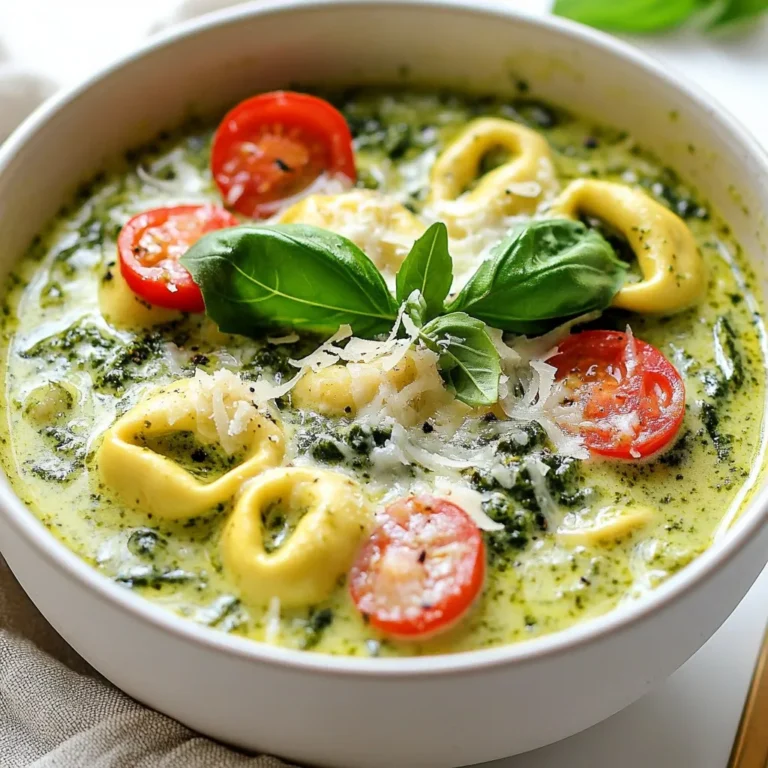 To make Creamy Pesto Tortellini Soup, gather these ingredients: - 1 tablespoon olive oil - 1 medium onion, diced - 3 garlic cloves, minced - 4 cups vegetable broth - 1 (10 oz) package cheese tortellini - 1 cup heavy cream - 1/2 cup pesto (store-bought or homemade) - 1 cup baby spinach - 1/2 cup cherry tomatoes, halved - Salt and pepper to taste - Grated Parmesan cheese for serving - Fresh basil leaves for garnish These items create a rich and tasty soup that warms you up. If you do not have some ingredients, here are good swaps: - Use chicken broth instead of vegetable broth for more flavor. - Try another type of pasta like gnocchi or mini shells. - Swap heavy cream with half-and-half or coconut milk for a lighter soup. - Fresh spinach can be replaced with kale or Swiss chard. - Use sun-dried tomatoes instead of cherry tomatoes for a deeper taste. These swaps keep the soup delicious while changing the flavor a bit. When picking your ingredients, I suggest these brands: - For olive oil, choose extra virgin varieties like California Olive Ranch. - Barilla and Rana are great for cheese tortellini. - For pesto, I like Classico or make your own fresh version. - Choose organic vegetable broth from brands like Pacific Foods. - Fresh basil is best from your local farmer's market or grocery store. These brands offer quality that enhances the soup's flavor and texture. {{ingredient_image_1}} 1. First, heat a large pot over medium heat. Add 1 tablespoon of olive oil. 2. Next, add 1 diced onion. Sauté it for about 5 minutes until it turns translucent. 3. Then, add 3 minced garlic cloves. Cook them for 1 minute until you can smell the garlic. 4. Now, pour in 4 cups of vegetable broth. Bring it to a boil. 5. Once boiling, add 1 package of cheese tortellini (10 oz). Cook it for about 3-5 minutes until the tortellini float to the top. 6. Lower the heat and stir in 1 cup of heavy cream and 1/2 cup of pesto. Mix well until combined. 7. Add 1 cup of baby spinach and 1/2 cup of halved cherry tomatoes. Season with salt and pepper to taste. 8. Cook for another 2-3 minutes until the spinach wilts a bit. - Step 1: Pot with olive oil heating up. - Step 2: Onion in the pot, starting to soften. - Step 3: Garlic added, making the kitchen smell great. - Step 4: Broth bubbling away. - Step 5: Tortellini floating, signaling they are ready. - Step 6: Cream and pesto turn the broth creamy and green. - Step 7: Spinach and tomatoes brighten up the soup. - Step 8: Final mix, ready to serve. - Prep Time: 10 minutes to chop and gather. - Cooking Time: 15 minutes total. - Sauté onion and garlic: 6 minutes. - Boil broth and cook tortellini: 5 minutes. - Mix in cream, pesto, spinach, and tomatoes: 4 minutes. This simple method makes a warm and tasty soup that you will love! To make your creamy pesto tortellini soup stand out, focus on fresh ingredients. Use fresh basil leaves for garnish to brighten the dish. Add a squeeze of lemon juice before serving for a zesty kick. This adds depth to the soup. You can also try roasting your cherry tomatoes before adding them. Roasting brings out their natural sweetness and adds a lovely texture. Don't forget to taste and adjust your salt and pepper. This can elevate the flavors. One common mistake is overcooking the tortellini. Follow the package directions closely. Once they float, they are done. If you cook them too long, they can turn mushy. Another mistake is adding the cream too soon. Wait until the tortellini cooks before stirring in the cream and pesto. This ensures the soup stays thick and creamy. Lastly, don’t skip the seasoning. It can make or break your soup. Serve your soup hot in deep bowls. Top each bowl with grated Parmesan cheese for extra flavor. Fresh basil leaves add a nice touch and color. Pair the soup with a simple side salad or crusty bread. This makes a complete meal. You can also serve it with a sprinkle of red pepper flakes for heat. Enjoy your comforting dish with family and friends! Pro Tips Fresh Pesto for Vibrancy: If possible, use homemade pesto for a fresher and more vibrant flavor that elevates the soup. Adjust Creaminess: For a lighter soup, you can substitute half of the heavy cream with low-fat milk or a non-dairy alternative. Perfect Tortellini: Be careful not to overcook the tortellini; they are done when they float to the top of the soup. Garnishing Tips: Add a squeeze of lemon juice just before serving for a bright finish, and don't skimp on the fresh basil for aroma. {{image_2}} You can easily make this soup gluten-free. Use gluten-free tortellini, which you can find in stores. Check the pasta section for brands that offer gluten-free choices. You can also use rice or quinoa as a base. This keeps the soup hearty without gluten. To make this soup vegan, switch the cheese tortellini for vegetable-based tortellini. Use coconut cream or cashew cream instead of heavy cream. For added flavor, try nutritional yeast in place of Parmesan cheese. You still get a creamy texture and rich taste, but it’s plant-based! You can customize your soup with different veggies. Add mushrooms for a savory touch or zucchini for extra texture. You can also include cooked chicken or shrimp for protein. If you like spice, toss in red pepper flakes. These additions make the soup your own! To store leftovers, let the soup cool first. Then, scoop it into an airtight container. You can keep it in the fridge for about three days. Make sure to seal the container tightly. This keeps the soup fresh and tasty. Freezing this soup is a great option too. Use freezer-safe containers or bags. Leave some space at the top, as the soup will expand when frozen. You can freeze the soup for up to three months. Just remember to label the containers with the date. When you’re ready to eat, you can reheat the soup easily. For the best results, thaw it overnight in the fridge. Heat it in a pot over medium heat until warm. Stir it often to prevent sticking. If the soup looks thick, add a splash of broth or water to loosen it up. Enjoy your warm, creamy pesto tortellini soup! To make this soup ahead of time, follow these steps. Prepare the soup up to the point of adding the cream and pesto. Store it in a sealed container in the fridge. When you're ready to serve, heat the soup on the stove. Then, stir in the heavy cream and pesto. This keeps the flavors fresh and bright. Yes, you can use other types of pasta. Shells or bowties work well too. Just adjust the cooking time based on the pasta you choose. If you use fresh pasta, it cooks faster. Make sure to check the package for cooking times. Making homemade pesto is simple and fun. You need fresh basil, garlic, nuts, Parmesan cheese, and olive oil. Blend 2 cups of basil leaves, 2 garlic cloves, 1/4 cup of nuts, and 1/2 cup of olive oil. Add salt and pepper to taste. Blend until smooth. This adds a fresh taste to your soup. This article covered essential ingredients, detailed cooking steps, and helpful tips. We explored variations for different diets and outlined storage methods. I hope you feel equipped to cook this dish and make it your own. The right ingredients and techniques will lead to a tasty meal. Remember, cooking is about joy and creativity. Enjoy every bite!