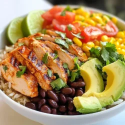 To make a tasty Chipotle Chicken Burrito Bowl, you need: - 2 cups cooked brown rice - 1 lb boneless, skinless chicken thighs - 1 cup black beans, drained and rinsed - 1 cup corn (fresh or frozen) - 1 cup diced tomatoes - 1 avocado, sliced - 1 cup shredded lettuce - ½ cup shredded cheese (cheddar or Mexican blend) - Fresh cilantro for garnish - Lime wedges for serving This mix of ingredients gives you a hearty meal. Chicken thighs add rich flavor. The rice acts as a filling base. Beans and corn boost fiber. Tomatoes and lettuce add freshness. Avocado gives a creamy touch. The right spices make this dish shine. You will need: - 2 tablespoons chipotle sauce - 1 tablespoon olive oil - 1 teaspoon garlic powder - 1 teaspoon paprika - 1 teaspoon cumin - Salt and pepper to taste Chipotle sauce adds a smoky kick. Olive oil keeps the chicken moist. Garlic powder brings depth. Paprika adds color and flavor. Cumin gives a warm, earthy taste. Salt and pepper enhance all the flavors. Garnishes can elevate your bowl. Consider adding: - Extra fresh cilantro - Sliced jalapeños for heat - Salsa for added zest These garnishes add flavor and fun. Fresh cilantro brightens the dish. Jalapeños give it a spicy edge. Salsa can bring extra tang, making every bite exciting. {{ingredient_image_1}} To start, take 1 pound of boneless, skinless chicken thighs. Place them in a mixing bowl. Add 2 tablespoons of chipotle sauce to give it a nice kick. Next, pour in 1 tablespoon of olive oil for moisture. Then, sprinkle in 1 teaspoon of garlic powder, paprika, and cumin. Don’t forget to add salt and pepper to taste. Mix everything well to coat the chicken. Cover the bowl and let it sit for at least 30 minutes. This helps the flavors soak in. While the chicken marinates, you can cook the brown rice. Measure 2 cups of brown rice and rinse it under cold water. Follow the package instructions for cooking. Usually, it takes around 30 minutes. When done, fluff it with a fork and set it aside. This rice will be the perfect base for your burrito bowl. Now, it’s time to grill the chicken. Preheat your grill or skillet over medium-high heat. Once hot, add the marinated chicken thighs. Cook them for about 6 to 8 minutes on each side. Make sure the chicken reaches an internal temperature of 165°F (75°C). When cooked, take the chicken off the heat and let it rest for a few minutes. After resting, slice the chicken into strips. This will make it easy to layer in your burrito bowl. Let’s put everything together! Take a serving bowl and start with 1 cup of cooked brown rice as your base. Next, layer the sliced grilled chicken on top. Add 1 cup of black beans and 1 cup of corn for extra flavor. Then, sprinkle in diced tomatoes and shredded lettuce. Top it off with ½ cup of shredded cheese. For a creamy touch, add sliced avocado on top. Finally, garnish with fresh cilantro and serve with lime wedges for an extra zesty flavor. Enjoy your delicious burrito bowl! To make great grilled chicken, start with good marination. Use chipotle sauce, olive oil, garlic powder, paprika, cumin, salt, and pepper. Mix these well with the chicken thighs. Let them rest for at least 30 minutes. This step helps the meat soak up all the flavors. When grilling, keep the heat at medium-high. Cook each side for 6-8 minutes. Check the chicken's temperature; it should reach 165°F (75°C). Let the chicken rest before slicing. This keeps it juicy and tender. Brown rice is the base of your bowl. Cooking it right is key. Follow the package instructions for best results. Use a pot with a lid for steaming. Add water and a pinch of salt before boiling. Once it boils, reduce the heat and cover. Let it simmer until tender. This usually takes about 30-40 minutes. If you want fluffy rice, avoid lifting the lid often. Let it sit for a few minutes after cooking to steam. Feel free to make your bowl unique! Start with brown rice, then layer your choice of toppings. Try adding different veggies like bell peppers or zucchini. You can switch up the beans too. Black beans are great, but pinto or kidney beans work well too. For extra flavor, add a dollop of sour cream or a sprinkle of hot sauce. You can even swap chicken for shrimp or tofu. This way, your burrito bowl can be perfect for any taste! Pro Tips Marinate Longer: For deeper flavor, marinate the chicken thighs for 2 hours or overnight in the refrigerator. Cook Rice with Broth: Use chicken or vegetable broth instead of water to cook the brown rice for an extra layer of flavor. Rest the Chicken: Let the grilled chicken rest for at least 5 minutes before slicing to retain its juices. Customize Toppings: Feel free to add your favorite toppings like jalapeños, sour cream, or salsa for extra flavor. {{image_2}} You can easily make a vegetarian or vegan burrito bowl. Instead of chicken, use grilled veggies. Bell peppers, zucchini, and mushrooms work great. You can also add tofu or tempeh for protein. For a vegan twist, replace cheese with avocado or a dairy-free cheese. If you want different protein, consider shrimp or beef. Grilled shrimp adds a nice flavor. For beef, use flank steak, marinated and grilled. You can also try beans as your main protein source. Black beans or pinto beans make a hearty choice. To cut carbs, skip the rice. Use cauliflower rice instead. It’s light and healthy. You can also double the veggies for more texture. Zucchini noodles are another fun option. They add a fresh crunch and keep the meal low-carb. To keep your Chipotle chicken burrito bowl fresh, store it in an airtight container. Avoid mixing the ingredients to keep flavors separate. If you can, divide the bowl into portions. This helps with easy meals later. Always let the bowl cool before sealing. This step prevents moisture buildup. When you're ready to enjoy leftovers, heat the bowl in the microwave. Cover it with a microwave-safe lid or plate. Heat in short bursts, around 30 seconds, stirring in between. This method ensures even heating. If you prefer, you can also use a skillet. Just add a splash of water to keep everything moist. Your burrito bowl stays good in the fridge for about three to four days. After that, the quality may drop. Always check for any off smells or changes in texture. If in doubt, throw it out. Freshness ensures the best taste and safety! A Chipotle Chicken Burrito Bowl is a delicious meal. It has grilled chicken, rice, and fresh toppings. The chicken gets its flavor from chipotle sauce and spices. You can customize it with beans, corn, and veggies. This dish is colorful and full of taste. To make this recipe gluten-free, use gluten-free sauces. Check the chipotle sauce for gluten. Brown rice is naturally gluten-free. Black beans and corn are also safe to use. Avoid any added sauces that may contain gluten. Yes, you can prepare many ingredients ahead of time. Marinate the chicken a day before cooking. Cook the brown rice and store it in the fridge. Chop the veggies and keep them ready. This way, you save time when you cook. Great sides for this dish include tortilla chips and salsa. You can add a fresh salad or guacamole. Corn on the cob also matches well. For a drink, try a refreshing lemonade or iced tea. These sides enhance the meal experience. In this post, we explored making a delicious Chipotle Chicken Burrito Bowl. We covered the main ingredients, spices, and optional garnishes to enhance flavor. Then, I guided you through steps like marinating and grilling the chicken, cooking rice, and assembling your bowl. I shared tips for perfecting your chicken, rice, and customization options. We also looked at variations for different diets, storage tips for leftovers, and answered common questions. Enjoy your flavorful burrito bowl, and feel free to experiment with your favorite ingredients. Your tasty meal is just a bowl away!