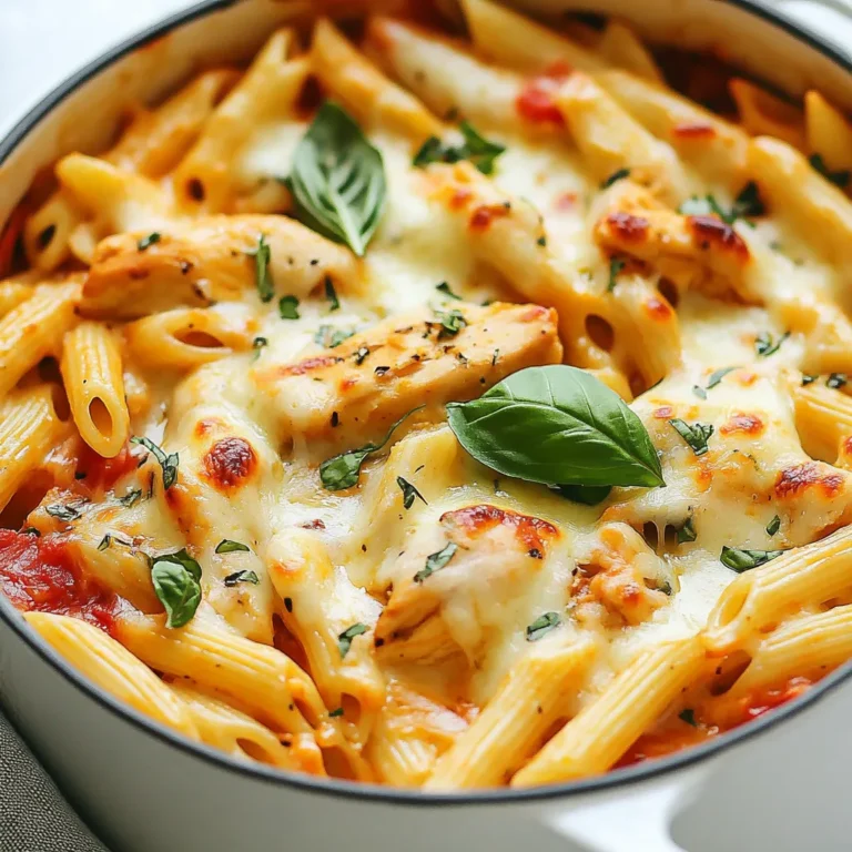 To make One Pot Chicken Parmesan Pasta, you need the following ingredients: - 2 boneless, skinless chicken breasts, cut into bite-sized pieces - 2 cups penne pasta - 1 tablespoon olive oil - 2 cloves garlic, minced - 1 teaspoon Italian seasoning - 1 can (14 oz) crushed tomatoes - 4 cups chicken broth - 1 cup grated Parmesan cheese - 1 cup shredded mozzarella cheese - Salt and pepper to taste - Fresh basil leaves, for garnish These ingredients blend together to create a dish that is both tasty and easy to make. The chicken gives you protein, while the pasta fills you up. Garlic and Italian seasoning add great flavors. Crushed tomatoes and broth create a nice sauce. The cheeses melt in, making it creamy and rich. Fresh basil on top adds a pop of color and taste. When picking your ingredients, always choose high-quality ones. Fresh chicken and good cheese make a big difference. This dish is not just a meal; it’s a cozy experience. You will love how easy it is to make and how good it tastes. {{ingredient_image_1}} - Cooking the chicken Start by heating olive oil in a large pot over medium heat. Once hot, add the chicken pieces. Season them with salt, pepper, and Italian seasoning. Cook until the chicken is golden and no longer pink, about 5 to 7 minutes. - Sautéing garlic and spices After the chicken cooks, add the minced garlic. Sauté for 1 to 2 minutes. The garlic should smell fragrant but not burn. - Combining with tomatoes and broth Next, pour in the crushed tomatoes and chicken broth. Stir well to combine. Bring this mixture to a gentle simmer. This step builds flavor for your pasta. - Adding penne and simmering Now, add the penne pasta to the pot. Stir to make sure the pasta is well mixed in. Cover the pot and let it cook for 10 to 12 minutes. Make sure to check it occasionally so it doesn’t stick. - Stirring to prevent sticking As the pasta simmers, stir it every few minutes. This helps to keep the pasta from clumping together. You want each piece to absorb the sauce and flavors. - Incorporating cheeses Once the pasta is cooked al dente, take the pot off the heat. Stir in the grated Parmesan cheese and half of the shredded mozzarella. Mix until everything is melted and creamy. - Garnishing with basil Top the pasta with the rest of the mozzarella. Place the lid back on for a few minutes. This melts the cheese nicely. Finally, sprinkle fresh basil on top before serving. The basil adds a burst of color and flavor. To ensure that the chicken stays juicy and tender, cook it just right. Sauté the chicken pieces for about 5-7 minutes. Look for a golden color and make sure it’s cooked all the way through. Don't rush this step, as overcooked chicken can become dry. Stirring the pasta often is key to a great dish. When you add the penne, mix it into the broth and tomatoes. This helps the pasta cook evenly and prevents sticking. Stir every few minutes to keep it loose and delicious. If you want to switch up the pasta, try different shapes. Bow tie, fusilli, or even spaghetti work well. Just adjust the cooking time as needed based on the pasta type. For cheese, you can use any melty kind you like. If you want a stronger flavor, consider using aged provolone or gouda. They add a unique twist to the dish. Using fresh herbs makes a big difference. Adding basil right before serving gives a bright taste. You can also try parsley or oregano for different flavors. Consider adding spices for extra kick. A pinch of red pepper flakes can add some heat. You could also try smoked paprika for a warm, smoky flavor. These small changes can take your dish to the next level. Pro Tips Use Fresh Ingredients: Fresh garlic and basil will enhance the flavor of your dish significantly compared to dried alternatives. Adjust the Seasoning: Taste the dish before serving and adjust the salt and pepper to your preference for a more personalized flavor. Let It Rest: Allow the pasta to sit for a few minutes after cooking for the flavors to meld and the sauce to thicken. Experiment with Cheeses: Try mixing different cheeses like provolone or fontina for a unique twist on the classic mozzarella and Parmesan combination. {{image_2}} You can make your One Pot Chicken Parmesan Pasta more colorful and healthy by adding vegetables. Here are some great options: - Bell Peppers: Sweet and crunchy, they cook quickly and add color. - Spinach: This wilts fast and gives a nice green touch. - Zucchini: Slice it thin for a soft texture. - Broccoli: Cut it into small florets for bite-sized pieces. When cooking vegetables, remember to adjust cooking times: - Bell peppers and zucchini need about 5 minutes. - Spinach takes just a minute or two to wilt. - Broccoli may need about 7 minutes to become tender. If you want to change the protein, try these options: - Shrimp: Cook them for 3-4 minutes until pink for a seafood twist. - Turkey: Ground turkey works well and cooks quickly. - Vegetarian Options: Replace chicken with chickpeas or lentils for a hearty meal. These swaps keep the dish tasty while offering different flavors and textures. You can also experiment with the sauce for new tastes: - Creamy Sauce: Add cream or a bit of cream cheese for richness. - Spicy Tomato Add-Ins: Toss in red pepper flakes or diced jalapeños for heat. These sauce changes can completely change the dish, making it unique each time you cook it. To store leftovers, let the dish cool to room temperature. This helps keep it fresh. Use an airtight container to prevent drying out. Glass containers work well, as they do not absorb odors. You can also use plastic containers, but make sure they are BPA-free. Label the container with the date. This way, you can track how long it's been stored. To freeze One Pot Chicken Parmesan Pasta, allow it to cool down completely first. Then, transfer it to a freezer-safe container. Press out as much air as possible before sealing it. This helps prevent freezer burn. When ready to eat, thaw it in the fridge overnight. For reheating, warm it on the stove over medium heat. Add a splash of chicken broth to keep it moist. In the refrigerator, this dish lasts about 3-4 days. If frozen, it can stay good for up to 2-3 months. Always check for signs of spoilage before eating. If it smells off or has changed color, it's best to throw it away. Keeping track of storage time helps ensure you enjoy your meal at its best flavor. It takes about 30 minutes to make One Pot Chicken Parmesan Pasta. You need 10 minutes to prep the ingredients. Cooking the pasta and chicken takes about 20 minutes. This quick time makes it perfect for busy nights. Yes, you can make this dish ahead of time. Cook it as usual and let it cool. Then store it in the fridge for up to three days. Reheat it in a pot over low heat, adding a splash of broth if needed. This way, you can enjoy a quick meal later. You can pair this dish with many sides. Here are some ideas: - Garlic bread for a crunchy side. - A fresh green salad with a light vinaigrette. - Steamed vegetables like broccoli or green beans. - Roasted zucchini or bell peppers for added flavor. These sides will make your meal more filling and tasty! You can create a delicious One Pot Chicken Parmesan Pasta with simple steps. We covered ingredients, instructions, and storage tips to make this dish a hit. Remember to adjust for your tastes; add veggies or change cheeses as you wish. With the right methods, you’ll always have a tasty meal ready. I hope you enjoy cooking this recipe as much as I do! It’s easy, fun, and satisfying.