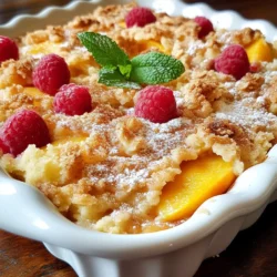 - 4 ripe peaches, peeled and sliced - 1 cup fresh raspberries - 1 cup granulated sugar, divided Fresh fruit makes this cobbler shine. Ripe peaches are key to a sweet flavor. Look for peaches that are soft and fragrant. Fresh raspberries add a tart bite. They balance the sweetness of the peaches. - 1 cup all-purpose flour - 1 teaspoon baking powder - 1/2 teaspoon salt These pantry items help form the batter. All-purpose flour gives your cobbler its structure. Baking powder helps it rise and become fluffy. Salt enhances the flavors of the other ingredients. - 1 tablespoon lemon juice - 1 teaspoon vanilla extract - 1 cup milk - 1/3 cup unsalted butter, melted - 1 teaspoon cinnamon Lemon juice adds brightness to the fruit. Vanilla gives a warm flavor that pairs well. Milk makes the batter creamy. Melted butter helps keep the cobbler moist. Lastly, cinnamon brings a cozy warmth that ties everything together. This combination of ingredients creates a warm, comforting dessert. Each bite is a mix of sweet and tart, with a soft topping. Enjoy the process of gathering these fresh ingredients. You’ll create a dish that feels like a warm hug! {{ingredient_image_1}} 1. Preheat your oven to 350°F (175°C). This step warms your oven for even baking. 2. Grease a 9x9-inch baking dish with a bit of butter. A well-greased dish helps the cobbler come out easily. 1. In a mixing bowl, combine the sliced peaches, fresh raspberries, 1/2 cup of granulated sugar, lemon juice, and vanilla extract. This mix adds sweet and tangy flavors. 2. Gently toss to coat the fruits. Let them sit for about 10-15 minutes. This process is called macerating, and it brings out the juices in the fruit. 1. In another bowl, whisk together the flour, baking powder, salt, and the remaining 1/2 cup of sugar. This mix is the base for your batter. 2. Pour in the milk and melted butter. Stir until just combined. A few lumps are okay; don’t overmix. 1. Spread the fruit mixture evenly over the bottom of the greased baking dish. This layer holds all the yummy juice. 2. Pour the batter over the top of the fruit. It will spread as it bakes. 3. Sprinkle cinnamon over the batter evenly. This adds a warm spice flavor to the cobbler. 1. Bake in the preheated oven for 35 to 40 minutes. The top should turn golden brown. 2. To check for doneness, insert a toothpick in the center. If it comes out clean, your cobbler is ready. This step-by-step guide ensures you create a perfect Peach Raspberry Cobbler full of flavor. Enjoy the process and the delicious result! To get the right texture, avoid overmixing the batter. Mix just until the dry and wet ingredients blend. A few lumps are okay. This keeps the cobbler light and fluffy. Make sure the fruit is ripe. Ripe peaches and fresh raspberries add natural sweetness. Look for peaches that yield slightly when pressed. This indicates they are ready to use. The best way to enjoy this cobbler is warm. Top it with a scoop of vanilla ice cream. The cold ice cream melts into the warm cobbler, creating a delicious mix. A dollop of whipped cream also works well. For garnishing, add a few fresh raspberries on top. A mint leaf adds a nice touch too. This makes the dish look extra special when serving. To enhance the flavor, consider adding spices. A pinch of nutmeg or ginger can bring out the fruit's taste. You can also add citrus zest, like lemon or orange, for brightness. Infusing your cobbler with vanilla or almond extract adds depth. Use a teaspoon of either to boost the overall flavor. These small tweaks can make your cobbler truly stand out. Pro Tips Choose Ripe Fruits: Make sure to select peaches that are slightly soft to the touch and have a fragrant aroma for the best flavor. Enhance the Flavor: For an extra layer of flavor, consider adding a pinch of nutmeg along with the cinnamon before baking. Serve Warm: This cobbler is best served warm. Reheating in the oven for a few minutes can bring back its fresh-out-of-the-oven taste. Experiment with Berries: Feel free to mix in other berries like blueberries or blackberries for a delightful twist on the classic flavor. {{image_2}} You can easily make this peach raspberry cobbler fit your needs. For gluten-free options, use a gluten-free flour blend. This swap keeps the texture light and fluffy. You can find many blends at stores, or you can make your own with rice and almond flour. If you want it vegan, swap the milk for almond or oat milk. Use coconut oil or vegan butter in place of regular butter. These changes keep the dish tasty and friendly for all diets. Feel free to mix and match fruits in this cobbler. You can use blueberries, blackberries, or apricots instead of raspberries and peaches. Each fruit brings its own flavor and charm. Combining fruits adds depth. For example, mixing peaches with blackberries makes a sweet-tart treat. Experiment with what you have at home to create your own unique flavors. You can serve this cobbler in fun ways. One idea is to make cobbler parfaits. Layer warm cobbler with yogurt or ice cream in a glass. This adds a nice twist and makes it look fancy. Another option is to bake individual servings in ramekins. This way, each person gets their own cobbler. Plus, it looks great on the table. You can also add a scoop of ice cream on top for a fun treat! After your peach raspberry cobbler cools, use proper cooling techniques. Let it sit at room temperature for about 10 minutes. This helps avoid sogginess. To store in the refrigerator, cover the dish tightly with plastic wrap or aluminum foil. You can also transfer it to an airtight container. The cobbler will stay fresh for about 3 to 4 days in the fridge. For long-term storage, freezing is a great option. Allow the cobbler to cool completely. Once cool, slice the cobbler into portions. Wrap each piece tightly in plastic wrap, then place in a freezer bag. This helps keep it fresh and prevent freezer burn. You can freeze the cobbler for up to 3 months. To thaw and reheat, move the cobbler to the fridge for a few hours or overnight. If you're in a hurry, you can use the microwave. Heat it for short bursts, checking often. To reheat in the oven, preheat to 350°F (175°C). Place the cobbler in a baking dish and cover with foil. Bake for about 20 minutes or until warmed through. Enjoy your delicious dessert! To keep your cobbler from getting soggy, use fresh fruit. Make sure to drain any excess juice before mixing. This step is key. You can also sprinkle a bit of flour on the fruit. This helps absorb some of the juices as it bakes. Another tip: avoid overmixing the batter. This keeps it light and fluffy, which helps balance the moisture from the fruit. Yes, you can use frozen fruit! Just remember to thaw it first. Drain off any extra liquid to avoid a watery cobbler. If you use frozen fruit, the baking time might change slightly. Check it a few minutes early to ensure it doesn't overbake. You can still enjoy that fresh taste with frozen berries. You can tell your cobbler is done by checking the top color. It should be golden brown. Insert a toothpick in the center. If it comes out clean, it's ready. Another sign is the batter bubbling around the edges. If you see this, it’s a good sign. Let it cool for a bit before serving to get the best flavor. In this article, I shared how to make a delicious fruit cobbler. We covered the fresh and pantry ingredients, step-by-step instructions, helpful tips, variations, and storage info. Remember to use ripe fruit for the best flavor. Feel free to try different fruit combinations or dietary options. Enjoy personalizing your cobbler, and don’t forget to savor your creation with ice cream. Your cobbler will impress anyone who tastes it. Happy baking!