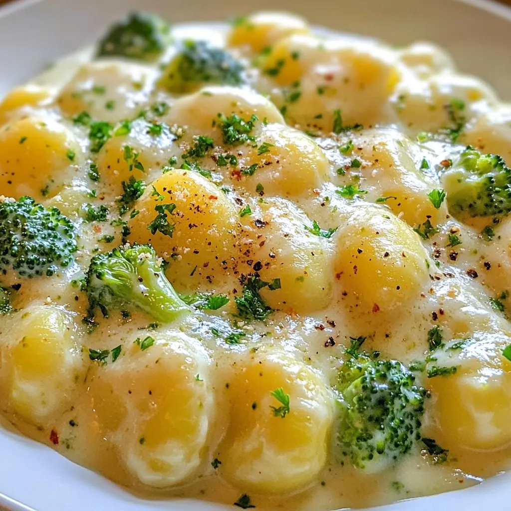To make this creamy broccoli gnocchi skillet, you need: - 1 pound potato gnocchi - 2 cups broccoli florets - 1 cup heavy cream - 1 cup shredded mozzarella cheese - 1/2 cup grated Parmesan cheese - 2 tablespoons olive oil - 2 cloves garlic, minced - Salt and pepper to taste These ingredients come together to create a rich and tasty dish. The gnocchi will soak up all the creamy goodness. The broccoli adds a nice crunch and color. For more flavor, you can add: - 1/4 teaspoon red pepper flakes - Chopped fresh parsley for garnish Red pepper flakes give a nice kick. Fresh parsley adds a pop of color and freshness. If you need to swap out some items, here are a few ideas: - Use cauliflower instead of broccoli for a different twist. - Swap heavy cream for half-and-half to make it lighter. - Try different cheeses like cheddar or gouda for a unique flavor. These substitutions can help you adjust the dish to your taste. Feel free to get creative with what you have on hand! {{ingredient_image_1}} Start by boiling a large pot of water. Add a pinch of salt to it. Once the water is boiling, add 1 pound of potato gnocchi. Cook them for about 2-3 minutes. You'll know they are done when they float. Carefully drain the gnocchi and set them aside. In a large skillet, heat 2 tablespoons of olive oil over medium heat. Once hot, add 2 cups of broccoli florets. Sauté the broccoli for 4-5 minutes. It should be tender and bright green. Next, add 2 cloves of minced garlic. If you like heat, toss in 1/4 teaspoon of red pepper flakes. Cook for another 1-2 minutes until the garlic smells great. Now, reduce the heat to low. Pour in 1 cup of heavy cream and stir it well. Let the cream heat through, but do not let it boil. Next, add 1 cup of shredded mozzarella cheese and 1/2 cup of grated Parmesan cheese. Stir constantly until the cheese melts and the sauce is creamy. Season with salt and pepper to taste. It's time to bring it all together! Add the cooked gnocchi to the skillet. Gently toss everything to coat the gnocchi in the creamy sauce. Let it cook for an additional 2-3 minutes. This helps the gnocchi soak up all the delicious flavors. Finally, remove the skillet from heat and garnish with chopped fresh parsley. Enjoy your creamy broccoli gnocchi! To get a creamy texture, use heavy cream. It makes the sauce rich. Stir the cream gently over low heat. This helps it warm without boiling. Mix in mozzarella and Parmesan slowly. This ensures they melt well and blend smoothly. If you want it creamier, add more cheese. To keep broccoli bright and crisp, don’t cook it too long. Sauté it for just 4-5 minutes. Watch for a bright green color. You want it tender, but not mushy. If you use fresh broccoli, cut the florets small. This helps them cook evenly and quickly. For a nice look, serve the dish in a wide bowl. Sprinkle fresh parsley on top. This adds color and freshness. You can also add a pinch of red pepper flakes for a pop. Serve with crusty bread on the side. It makes a great meal even better! Pro Tips Perfectly Cooked Gnocchi: To ensure your gnocchi is cooked perfectly, keep an eye on when they start to float to the surface of the boiling water. This usually indicates they are done, typically in about 2-3 minutes. Fresh Broccoli Flavor: For the best flavor and vibrant color, use fresh broccoli florets instead of frozen. Sauté them until just tender to maintain their bright green hue. Cheese Selection: Feel free to mix up the cheeses! Adding some cream cheese or a sharp cheddar can enhance the creaminess and depth of flavor in your sauce. Make it Your Own: Customize this recipe by adding cooked chicken, shrimp, or your favorite vegetables to make it more hearty and to suit your taste preferences. {{image_2}} You can easily make this dish vegetarian. Simply skip the cheese or use vegan cheese. For a vegan version, swap the heavy cream for coconut cream or cashew cream. These options keep the dish rich and creamy. Adding nutritional yeast can provide a cheesy flavor without dairy. You still get all the great taste with a plant-based twist. Want to add protein? Chicken and shrimp work great in this dish. For chicken, use cooked, diced pieces. Add them when you mix the gnocchi and sauce. For shrimp, sauté them in the skillet before adding the broccoli. Cook them until they're pink and tender. This will give your creamy broccoli gnocchi a delicious boost. Cheese can change the flavor of your dish. Mozzarella and Parmesan are classic, but feel free to mix it up. Try using gouda for a smoky taste or cheddar for sharpness. Feta can add a nice tang, too. Whatever cheese you choose, just make sure it melts well. That creamy texture is key to this dish's appeal. To keep your creamy broccoli gnocchi fresh, store leftovers in an airtight container. Make sure the dish cools down before sealing. This helps prevent moisture build-up, which can make it soggy. Reheat your gnocchi on the stove for the best results. Place it in a skillet over low heat. Add a splash of milk or cream to keep it creamy. Stir often until it's hot. You can use the microwave, too. Just heat it in short bursts and stir in between. Your creamy broccoli gnocchi will last in the fridge for about three days. If you want to keep it longer, consider freezing it. It can stay in the freezer for up to three months. Just remember to thaw it overnight in the fridge before reheating. Yes, you can prepare this dish ahead. Cook the gnocchi and broccoli. Mix them with the sauce later. This keeps the gnocchi from getting mushy. Store the parts separately in the fridge for up to two days. To reheat, use a skillet over low heat. Add a splash of cream or water. Stir gently to warm it through. This keeps the sauce creamy. Avoid using the microwave, as it can dry out the dish. Freezing is not the best option for this dish. The creamy sauce may separate when thawed. If you must freeze it, do so without the sauce. Keep the gnocchi and broccoli separate. For extra heat, add more red pepper flakes. You can also include chopped jalapeños or a dash of hot sauce. Adjust the spice level to your taste. Start with a small amount and increase as needed. You can use half-and-half or whole milk for a lighter option. For a dairy-free choice, try coconut cream or cashew cream. These options keep the dish creamy without the heaviness of heavy cream. This blog post showed how to make a creamy gnocchi dish. We reviewed the key ingredients, cooking steps, and tips to keep it tasty. I also shared variations to suit different diets and how to store leftovers. In your kitchen, creativity is key. Keep it fun and adjust flavors to your taste. Enjoy making this dish, and don’t hesitate to try new twists to delight your family and friends!