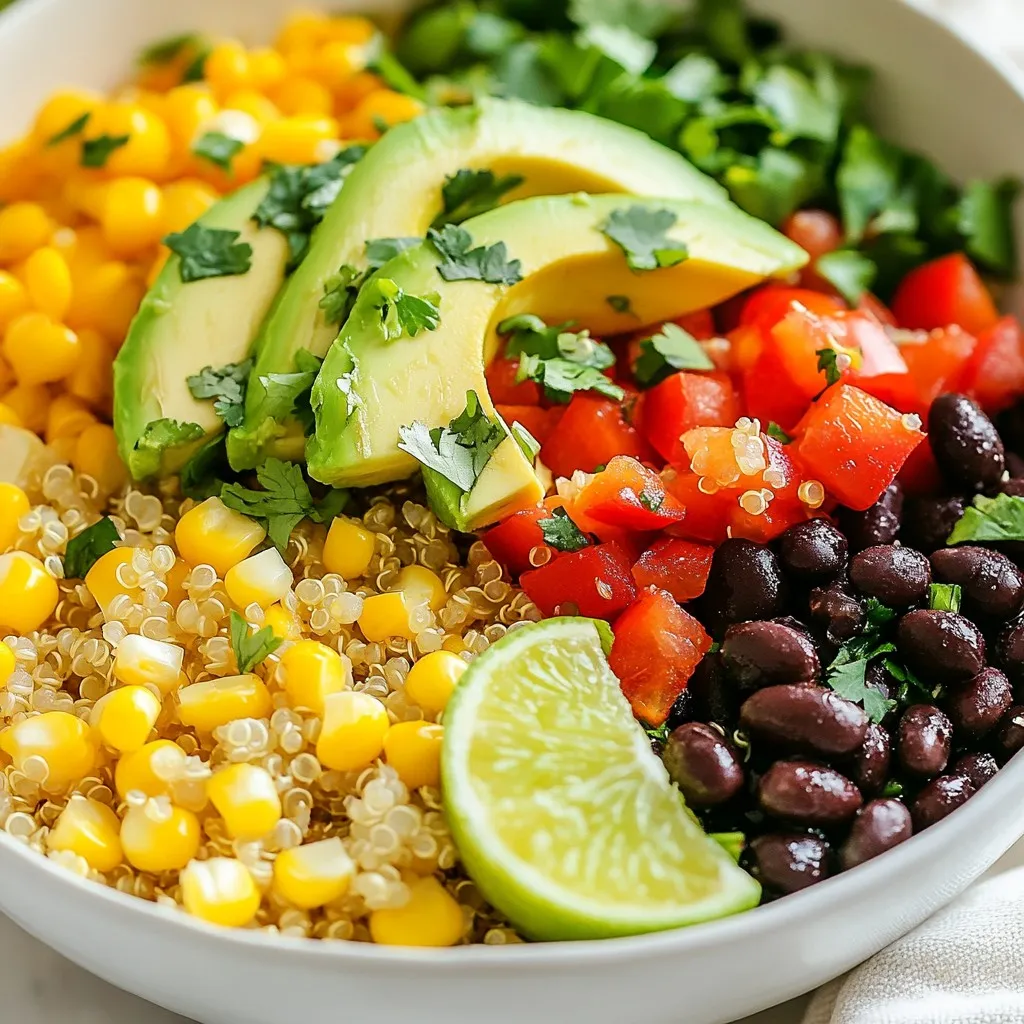 To create a tasty cilantro lime quinoa bowl, you will need: - 1 cup quinoa, rinsed - 2 cups vegetable broth - 1 can (15 oz) black beans, rinsed and drained - 1 cup corn kernels (fresh or frozen) - 1 red bell pepper, diced - 1 avocado, sliced - 1/2 cup fresh cilantro, chopped - 2 tablespoons olive oil - Juice of 2 limes - 1 teaspoon cumin - Salt and pepper to taste These ingredients come together to make a bright, fresh meal. Quinoa forms the base, providing protein and fiber. Black beans add more protein and a creamy texture. Corn gives a touch of sweetness, while the red bell pepper adds crunch and color. You can make your bowls more fun and unique by adding optional toppings: - Diced tomatoes - Sliced jalapeños - Shredded cheese These toppings allow you to change the flavor and texture. Add some heat with jalapeños or a creamy touch with cheese. The choice is yours! Each ingredient in this bowl offers great health benefits: - Quinoa: Packed with protein, fiber, and essential amino acids. - Black beans: High in protein and fiber, great for digestion. - Corn: A good source of vitamins and adds a sweet flavor. - Red bell pepper: Rich in vitamin C, great for eye health. - Avocado: Loaded with healthy fats and potassium. - Cilantro: Contains antioxidants and may help reduce inflammation. - Olive oil: A healthy fat that supports heart health. - Lime juice: Adds vitamin C and a zesty flavor. These ingredients not only make your meal taste good but also nourish your body. Enjoy making your cilantro lime quinoa bowls! {{ingredient_image_1}} First, grab a medium saucepan. Pour in 2 cups of vegetable broth. Bring it to a boil over medium heat. Next, rinse 1 cup of quinoa under cold water. This helps remove the bitter coating. Add the rinsed quinoa to the boiling broth. Lower the heat and cover the pot. Let it simmer for about 15 minutes. The quinoa will absorb all the liquid. After 15 minutes, take it off the heat. Let it sit for 5 minutes with the lid on. Finally, fluff the quinoa with a fork. Now, take a big mixing bowl. Add the fluffy quinoa. Next, mix in the black beans, corn, and diced red bell pepper. You can use fresh or frozen corn, depending on what you have. Then, add half of the chopped cilantro to the bowl. This adds great flavor. Gently stir the ingredients together. Make sure everything is mixed well. For the dressing, grab a small bowl. Whisk together 2 tablespoons of olive oil, the juice of 2 limes, and 1 teaspoon of cumin. Add salt and pepper to taste. Pour this dressing over the quinoa mixture. Toss it gently to coat all the ingredients. Now, it's time to serve! Spoon the quinoa mix into bowls. Top each bowl with sliced avocado and the rest of the cilantro. You can also add optional toppings like diced tomatoes or jalapeños. For a nice touch, serve with a lime wedge on the side. Enjoy your fresh and flavorful meal! To cook fluffy quinoa, rinse it well before use. This removes bitter coating. Use a 2:1 ratio of vegetable broth to quinoa. Boil the broth first, then add quinoa. Lower the heat and cover tightly. Let it simmer for about 15 minutes. After cooking, let it sit for 5 more minutes. Fluff it with a fork to separate the grains. To boost flavor, add lime juice right after mixing. Lime gives a fresh taste. Use cumin for a warm, earthy flavor. Adjust salt and pepper to your liking. Mixing in half the cilantro while cooking adds a nice touch. For more flavor, try adding diced jalapeños or fresh tomatoes as toppings. For a beautiful presentation, serve the quinoa in deep bowls. Layer the quinoa mixture first. Then, top with sliced avocado and extra cilantro. A lime wedge on the side adds color. You can also serve it family-style for a fun meal. Arrange bowls with optional toppings for guests to choose their favorites. Pro Tips Rinse the Quinoa: Rinsing quinoa before cooking helps remove its natural coating, called saponin, which can impart a bitter taste. Make sure to rinse it thoroughly under cold water for the best flavor. Customize Your Veggies: Feel free to swap in your favorite vegetables! You can use diced zucchini, cherry tomatoes, or even spinach. Adding seasonal veggies can enhance freshness and flavor. Let It Chill: For a refreshing twist, allow the quinoa mixture to chill in the refrigerator for about an hour before serving. This allows the flavors to meld beautifully. Extra Lime Zest: Add lime zest to the dressing for an extra burst of citrus flavor. It brightens up the dish and enhances the overall taste. {{image_2}} You can easily make this dish vegetarian or vegan. The base of quinoa and veggies already fits these diets. Use vegetable broth for cooking quinoa. This recipe is naturally vegan because it does not use meat or dairy. You can skip toppings like cheese for a fully vegan bowl. Want extra protein? Try adding grilled chicken or shrimp. Tofu is a great choice too. You can also mix in nuts or seeds. They add crunch and protein. Edamame or chickpeas also work well. Each option will make your meal more filling. Change the flavor by switching ingredients. Add diced mango or pineapple for sweetness. You can also try different peppers, like jalapeño for heat. Use lime zest with lime juice for a stronger flavor. Fresh herbs like parsley or basil can also change the taste. Experiment with spices like chili powder or smoked paprika for a unique twist. Store leftover quinoa bowls in an airtight container. This keeps the flavors fresh. Make sure to cool the dish to room temperature first. You can keep it in the fridge for up to three days. If you want to enjoy it later, consider freezing it. When reheating, use the microwave for quick results. Place the quinoa in a bowl and cover it with a damp paper towel. This helps keep it moist. Heat in short bursts, stirring in between. You can also reheat on the stove. Add a splash of water to loosen it up. Heat over low until warm. Cilantro Lime Quinoa Bowls last three to four days in the fridge. For freezing, portion it into smaller containers. This makes it easy to defrost just what you need. It can last for up to three months in the freezer. When ready to eat, thaw it overnight in the fridge before reheating. Yes, you can use other grains. Brown rice, farro, or even bulgur work well. Each grain changes the taste a bit. Brown rice adds a nutty flavor. Farro gives a chewy texture. Bulgur cooks fast and has a light flavor. Just adjust cooking times. Make sure to check the package for details. This recipe is mostly gluten-free. Just use gluten-free grains like quinoa or rice. You also need to check other ingredients. Ensure the vegetable broth is gluten-free. Most canned beans and corn are safe, but always read labels. This way, you can enjoy a tasty and safe meal. Quinoa is a great source of protein. It has all nine essential amino acids. It is also high in fiber and minerals. Cilantro has many health benefits too. It may help with digestion and contains antioxidants. Together, they make a healthy and tasty meal. Enjoy these bowls as a nutritious choice! Cilantro lime quinoa bowls are easy to make and fun to customize. We explored key ingredients, step-by-step prep, helpful tips, and various options. You can create a bowl that fits your taste and needs. Remember, each ingredient adds health benefits and flavor. Store leftovers wisely for later enjoyment. With these insights, you can now make a bowl that impresses. Enjoy this delicious dish anytime!