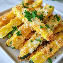 - 2 medium zucchinis, cut into fries - 1/2 cup all-purpose flour - 1 teaspoon garlic powder - 1/2 teaspoon paprika - 2 large eggs, beaten - 1 cup breadcrumbs (panko or regular) - 1/2 cup grated Parmesan cheese - Salt and pepper to taste - Olive oil spray - Fresh parsley, chopped (for garnish) When making Garlic Parmesan Zucchini Fries, you need fresh, simple ingredients. Start with two medium zucchinis. Cut them into fries for the best shape and texture. The next step is the flour mixture. Combine all-purpose flour with garlic powder and paprika. This mix adds depth to your fries. You will also need two large eggs. Beaten eggs help the breading stick well. For the crunch, use one cup of breadcrumbs. Panko gives a great texture, but regular works too. The final touch is half a cup of grated Parmesan cheese. This adds a rich flavor. Don't forget to season with salt and pepper. It enhances all the flavors in the dish. A light spray of olive oil helps the fries crisp up while baking. Lastly, fresh parsley makes a lovely garnish. It adds a pop of color and freshness. Gathering these ingredients sets you up for success. Each one plays a role in making these fries delicious and crispy. Enjoy the process of preparing this tasty snack! {{ingredient_image_1}} 1. First, preheat your oven to 425°F (220°C). This helps the fries crisp up well. 2. Line a baking sheet with parchment paper. This keeps the fries from sticking. 3. Next, cut the zucchinis into fry shapes. Aim for about 1/4 inch thick. 4. Set up three bowls for breading: one for flour, one for eggs, and one for breadcrumbs. 1. For the first bowl, whisk together the flour, garlic powder, paprika, salt, and pepper. 2. In the second bowl, beat the eggs until mixed well. 3. In the third bowl, combine the breadcrumbs and grated Parmesan cheese. 4. Take a zucchini fry and coat it in the flour mixture. Shake off any extra flour. 5. Then, dip it in the beaten eggs, ensuring it is fully covered. 6. Finally, roll the fry in the breadcrumb mix. Press gently to make sure it sticks. 1. Arrange the breaded zucchini fries on the lined baking sheet. Lay them in a single layer. 2. Lightly spray the fries with olive oil for extra crispness. 3. Bake them for about 20-25 minutes. Flip them halfway through to cook evenly. 4. When they are golden brown and crispy, take them out. 5. Let them cool for a couple of minutes. Garnish with fresh parsley before serving. - Best baking temperature: Set your oven to 425°F (220°C). This heat crisps the fries well. - Using the right breadcrumbs: I recommend panko breadcrumbs. They create a light and crispy texture. Regular breadcrumbs work too, but panko delivers the best crunch. - Importance of flipping fries: Flip the fries halfway through baking. This step ensures even cooking and helps both sides get golden brown. - Additional seasonings to consider: You can add herbs like oregano or basil for extra taste. A pinch of cayenne can give a nice kick! - Experimenting with cheese options: Try mixing different cheeses. Grated mozzarella or a sprinkle of cheddar can offer a unique twist. - Serving suggestions: Serve with a side of marinara sauce or ranch dip. You can also sprinkle fresh parsley on top for a vibrant look. Pro Tips Choose the Right Zucchini: Look for firm, medium-sized zucchinis with smooth skin for the best texture and flavor. Use Panko for Extra Crunch: If you want an extra crispy coating, opt for panko breadcrumbs instead of regular breadcrumbs. Don't Overcrowd the Baking Sheet: Ensure the zucchini fries are in a single layer with space in between to allow for even cooking and crispiness. Experiment with Seasonings: Feel free to add your favorite herbs or spices to the breadcrumb mixture for a personalized flavor twist. {{image_2}} You can switch up the zucchini for other veggies. Eggplant works great. Cut it into fry shapes, just like the zucchini. The cooking time stays about the same. Sweet potatoes are another tasty choice. They add a nice sweetness and color. Slice them thin for the best results. You can also try carrots, bell peppers, or even green beans. Each veggie gives a different flavor and texture. If you need gluten-free options, use a gluten-free flour mix. Cornstarch can also work well. For a lower-calorie version, skip the breadcrumb coating. Just season the zucchini fries and bake them. They will still be good! If you want a vegan alternative, replace eggs with a flaxseed mixture. Mix one tablespoon of flaxseed meal with three tablespoons of water. Let it sit until it thickens. This mix helps the coating stick to the veggies. To keep your Garlic Parmesan Zucchini Fries fresh, use airtight containers. Glass or plastic containers work well. Make sure to cool the fries before storing them. This helps avoid sogginess. Keep them in the fridge for up to three days. If you plan to eat them later, don’t stack them. This prevents them from getting squished. When it comes to reheating, the oven is best. Preheat it to 400°F (200°C) for even heat. Arrange the fries on a baking sheet, making sure they don’t touch. Bake for about 10 minutes or until crisp again. The microwave can also work, but it won’t keep them crispy. If you use a microwave, heat in short bursts to prevent drying out. For best results, always aim for the oven. Can I freeze Garlic Parmesan Zucchini Fries? Yes, you can freeze these fries. Place them in a single layer on a baking sheet. Once frozen, transfer them to a freezer bag. They can last up to three months. For best results, bake them from frozen. What can I serve with zucchini fries? You can serve zucchini fries with many dips. Some popular choices are marinara sauce, ranch dressing, or garlic aioli. They also go well with grilled meats or a fresh salad. How to tell when zucchini fries are done? Check for a golden color and a crispy texture. They usually take about 20-25 minutes to bake. Flip them halfway through for even cooking. What if I don’t have panko breadcrumbs? If you lack panko, use regular breadcrumbs. They may not be as crunchy but will still taste great. You can also crush crackers or cereal as a substitute. Can I use a different type of cheese? Yes, feel free to experiment. Cheddar or mozzarella work well. Just remember, different cheeses can change the flavor. Tips for reducing the oil used? To cut down on oil, use an oil spray instead of pouring it. You can also bake them without oil for a healthier option. They may be less crispy but still tasty. Making baked zucchini fries is simple and fun. We covered all the basics, from the ingredients to the cooking steps. You learned how to prepare, bread, and bake your fries for a tasty snack. I shared tips for crispiness and flavor, plus ways to adjust the recipe for your needs. With this guide, you can enjoy these fries your way. Don't hesitate to try new veggies or flavors. Happy cooking!