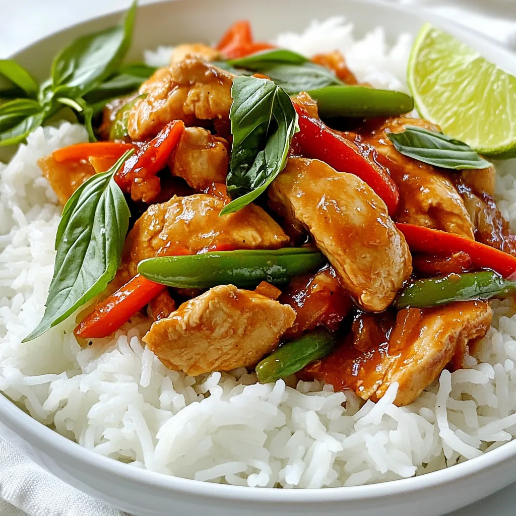 - 1 lb (450 g) chicken breast, thinly sliced - 2 tablespoons vegetable oil - 4 cloves garlic, minced - 2-3 bird's eye chilies, finely chopped (adjust for spice level) - 1 red bell pepper, sliced - 1 cup green beans, trimmed - 2 cups fresh Thai basil leaves The chicken breast is the star here. I prefer it thinly sliced for quick cooking. The garlic adds a punch of flavor. Bird's eye chilies bring heat—you can use less if you like it milder. I love the sweetness of the red bell pepper and the crunch of green beans. Fresh Thai basil gives the dish its signature taste, so don’t skip it! - 3 tablespoons soy sauce - 1 tablespoon fish sauce - 1 tablespoon oyster sauce - 1 teaspoon sugar These sauces create a rich, savory base for the dish. Soy sauce brings umami, while fish sauce adds depth. Oyster sauce rounds out the flavor, and the sugar balances the heat. This blend is key to achieving that authentic Thai taste. - Cooked jasmine rice, for serving Serving the chicken over jasmine rice is a must. The rice soaks up the flavorful sauce, enhancing each bite. If you're feeling adventurous, add a slice of lime on the side for a fresh twist! This dish is easy to make and packs a lot of flavor. Enjoy every bite! {{ingredient_image_1}} Start by slicing the chicken breast into thin strips. This helps it cook fast. In a bowl, mix the chicken with 1 tablespoon of soy sauce. Let it marinate for 10 to 15 minutes. This step adds flavor and makes the chicken juicy. Heat 2 tablespoons of vegetable oil in a large skillet or wok over medium-high heat. Once the oil is hot, add 4 cloves of minced garlic and 2-3 finely chopped bird's eye chilies. Stir-fry them for 30 seconds until you smell the garlic. Now, add the marinated chicken to the skillet. Cook for 5 to 7 minutes. The chicken should be cooked through and no longer pink. Next, stir in 1 sliced red bell pepper and 1 cup of trimmed green beans. Cook these for another 2 to 3 minutes. You want them tender but still a bit crisp. Now, pour in the remaining soy sauce, 1 tablespoon of fish sauce, 1 tablespoon of oyster sauce, and 1 teaspoon of sugar. Toss everything to coat well. Let it cook for another minute to blend the flavors. Finally, remove the skillet from heat. Gently fold in 2 cups of fresh Thai basil leaves until they just wilt. Serve the spicy Thai basil chicken hot over a bed of cooked jasmine rice. For a nice touch, garnish with extra basil leaves and a slice of lime. Enjoy your delicious meal! To make your spicy Thai basil chicken even tastier, consider these ideas: - Use fresh garlic. It adds a strong taste. - Try adding a squeeze of lime juice. It brings bright flavor. - Toss in a sprinkle of sesame seeds. They give a nice crunch. - For depth, add a dash of soy sauce while cooking. Want to control the heat? Here’s how: - Start with fewer bird's eye chilies. You can always add more later. - Remove the seeds from chilies for less spice. - Try using sweet bell peppers to balance the heat. - Add a touch of sugar if it gets too spicy. Making your dish look great is easy. Follow these tips: - Serve the chicken over fluffy jasmine rice. It looks nice. - Garnish plates with extra basil leaves. They add color. - A lime slice on the side makes it pop. - Use a clean plate for a polished look. Pro Tips Marinate for Flavor: Allowing the chicken to marinate for at least 15 minutes enhances its flavor and tenderness. Control the Heat: Adjust the amount of bird's eye chilies according to your spice preference to make the dish milder or hotter. Fresh Basil Matters: Use fresh Thai basil for the best flavor; it has a unique aroma that dried basil cannot replicate. Perfectly Crisp Vegetables: Add the vegetables towards the end of cooking to keep them tender yet crisp, preserving their vibrant color and nutrients. {{image_2}} You can switch proteins in this dish. Try shrimp or tofu for a twist. Ground turkey or beef also works great. Each protein brings its own taste. Just make sure to adjust cooking times. For shrimp, cook until they turn pink. For tofu, sauté until golden and crispy. For a vegetarian option, use firm tofu or tempeh. These add protein and texture. You can replace chicken with diced eggplant or mushrooms. They soak up flavors well. If you want a vegan version, skip the fish sauce. Use soy sauce or a vegan fish sauce instead. This keeps the dish tasty. You can swap ingredients based on what you have. If you can’t find Thai basil, use regular basil or mint. You can also use green bell peppers instead of red. If bird's eye chilies are too hot, try jalapeños. They offer a milder kick. Get creative and make this dish your own. To keep your spicy Thai basil chicken fresh, store it in an airtight container. Let it cool to room temperature first. Then, cover it tightly and place it in the fridge. It will stay good for about 3-4 days. If you have extra jasmine rice, store that separately. This keeps both the chicken and rice fresh. When you are ready to enjoy the leftovers, reheat them properly. You can use the microwave or a skillet. If using a microwave, cover the bowl with a damp paper towel. Heat for 1-2 minutes, stirring halfway. In a skillet, heat over medium heat. Add a splash of water or oil to help steam the chicken. Cook until it’s hot all the way through. Freezing is a great way to save extra spicy Thai basil chicken. First, let it cool completely. Then, place it in a freezer-safe container or bag. Be sure to remove as much air as possible to prevent freezer burn. It can last up to 2-3 months in the freezer. When ready to eat, thaw it overnight in the fridge. Reheat it as mentioned before for a tasty meal! To adjust the heat, use fewer bird's eye chilies. Start with one chili if you're unsure. You can also remove the seeds, as they hold a lot of heat. If you want more spice, add extra chilies or a dash of chili sauce. Always taste as you go. This lets you find the perfect spiciness for your meal. Yes, you can prep this dish ahead of time. Cut the chicken and veggies a day before. Store them in the fridge. You can also mix the sauces in advance. On cooking day, just stir-fry everything together. It saves time and makes dinner quick and easy. Spicy Thai Basil Chicken pairs well with jasmine rice. The rice soaks up the sauce nicely. You can also serve it with a side salad for freshness. A simple cucumber salad adds crunch and balance. For extra flavor, try a light soup or spring rolls. These sides make your meal even better! Thai Basil Chicken combines fresh flavors, simple steps, and flavorful tips. You learned about key ingredients, cooking methods, and how to make it your own. Don’t hesitate to try variations or adjust the spice levels to your liking. Store leftovers properly, and you can enjoy this dish later. Cooking can be fun and easy, so get creative and share your meals with friends. Enjoy your cooking journey!