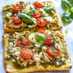 To make a delicious pesto chicken flatbread, you need these key ingredients: - 2 flatbreads (store-bought or homemade) - 1 cup cooked chicken, shredded (rotisserie chicken works well) - 1/2 cup basil pesto - 1 cup cherry tomatoes, halved - 1 cup mozzarella cheese, shredded - 1/4 cup feta cheese, crumbled - 1 tablespoon olive oil - Fresh basil leaves for garnish - Salt and pepper to taste You can swap ingredients to match your taste: - Use naan or pita bread instead of flatbread. - Any cooked chicken works; grilled or baked chicken is tasty too. - Try sun-dried tomato pesto if you want a twist. - Use any cheese you like; goat cheese adds a nice kick. - If fresh basil is not available, dried basil can work in a pinch. Quality matters for great taste. Here are my tips: - Choose fresh basil pesto for the best flavor. Store-bought is fine if fresh is not available. - Look for ripe cherry tomatoes; they should be firm and colorful. - When picking chicken, look for juicy and tender meat for the best texture. - Buy high-quality mozzarella for a great melt. Fresh mozzarella gives a nice stretch. - Check the expiration dates on all products to ensure freshness. {{ingredient_image_1}} To make pesto chicken flatbread, you need to gather your ingredients first. This dish is easy to prepare and perfect for a quick meal. You will need flatbreads, shredded chicken, basil pesto, tomatoes, and cheese. 1. Preheat your oven to 400°F (200°C). 2. Place the flatbreads on a baking sheet lined with parchment paper. 3. In a bowl, mix the shredded chicken with half of the basil pesto. Add salt and pepper to taste. 4. Spread the remaining pesto evenly over each flatbread. 5. Distribute the pesto-coated chicken evenly between the two flatbreads. 6. Arrange the halved cherry tomatoes on top of the chicken. 7. Sprinkle the shredded mozzarella cheese generously over each flatbread, followed by the crumbled feta cheese. 8. Drizzle olive oil lightly over each flatbread for added flavor. 9. Bake in the preheated oven for 12-15 minutes, or until the cheese is bubbly and slightly golden. 10. Once baked, remove from the oven and let it cool for a couple of minutes. 11. Garnish with fresh basil leaves before slicing into wedges and serving. To get the best results, use a baking sheet lined with parchment paper. This helps prevent sticking. Make sure to spread the pesto evenly to keep flavors balanced. Watch the cheese closely while baking. Once it starts to bubble and turn golden, it is ready. Let it cool for a bit before cutting. This will help keep the toppings in place. When making pesto chicken flatbread, avoid using dry chicken. Always use moist, cooked chicken. Rotisserie chicken works great here. Don’t skip the olive oil drizzle. It adds rich flavor and helps the cheese melt well. Another mistake is overloading your flatbread with toppings. Keep a balance to ensure even cooking and easy eating. To amp up the taste, try adding roasted garlic to your pesto. It gives a deep, savory taste. You can also mix herbs like oregano or thyme into your chicken. This will bring out fresh flavors. For extra crunch, sprinkle some pine nuts on top before baking. They add a nice texture and rich, nutty flavor. Baking at the right temperature is key. Preheat your oven to 400°F (200°C) for crispy edges. Use a baking sheet lined with parchment paper. This helps prevent sticking and makes cleanup easy. Bake until the cheese bubbles and turns golden. If you like your cheese extra crispy, broil for a minute after baking. Just watch it closely to avoid burning! Pro Tips Use Fresh Ingredients: Fresh basil and high-quality pesto can elevate the flavor of your flatbread significantly. Customize Your Toppings: Feel free to add other vegetables like bell peppers or jalapeños for an extra kick! Watch the Baking Time: Keep an eye on your flatbreads as oven times can vary; you want the cheese bubbly and golden, not burnt. Perfect for Meal Prep: You can prep these flatbreads in advance, store them in the fridge, and bake them fresh when ready to serve. {{image_2}} You can easily make a vegetarian version of this flatbread. Swap the chicken for hearty veggies. Try using artichokes, zucchini, or bell peppers. You could also add roasted mushrooms for a rich flavor. Use the same amount of basil pesto. It keeps the dish tasty and bright. If you want to change the protein, consider turkey or shrimp. Both cook quickly and mix well with pesto. You can also use tofu for a plant-based option. Just marinate the tofu in basil pesto before cooking. This adds great flavor and keeps it juicy. Toppings can change your flatbread game. Try adding olives or sun-dried tomatoes for a briny taste. You could also sprinkle some red pepper flakes for a kick. Fresh arugula on top adds a peppery crunch after baking. Don’t forget to drizzle balsamic glaze for a sweet finish. After you enjoy your pesto chicken flatbread, store any leftovers in an airtight container. This keeps the flatbread fresh and tasty. Place it in the fridge if you plan to eat it in a few days. It’s best to eat it within 3 days for the best flavor. To reheat your flatbread, preheat your oven to 350°F (175°C). Place the flatbread on a baking sheet. Heat it for about 10 minutes or until warm. This keeps the flatbread crispy. You can also use a microwave, but the flatbread may get soft. If you use the microwave, heat it for 1-2 minutes. You can freeze your pesto chicken flatbread for longer storage. Wrap each piece well in plastic wrap, then place in a freezer bag. This helps prevent freezer burn. It can last up to 2 months in the freezer. When you are ready to eat it, let it thaw in the fridge overnight, then reheat as mentioned above. The best flatbread for pesto chicken flatbread is thin and crispy. You can use store-bought flatbreads if you want a quick option. Look for whole wheat or classic white flatbreads. They add nice flavor and texture. If you prefer, you can also make your own flatbread. Homemade flatbread gives a fresh taste that enhances the dish. Yes, you can make this dish ahead of time! Prepare the flatbreads and toppings. Spread the pesto and add the chicken. Store them in the fridge without baking. When you are ready to eat, just bake them. This way, you can enjoy a hot meal without much fuss. Making homemade pesto is easy and fun! You need fresh basil, garlic, pine nuts, olive oil, and cheese. Start by blending two cups of basil leaves with two cloves of garlic. Add one-third cup of pine nuts and blend again. Slowly drizzle in half a cup of olive oil while blending. Finally, mix in half a cup of grated Parmesan cheese. Adjust the taste with salt and pepper. Your homemade pesto will be fresh and bright, perfect for this flatbread! To sum up, we explored key ingredients for flatbreads and simple cooking steps. I shared tips to avoid common errors and enhance flavors. We also looked at tasty variations and how to store leftovers. Flatbreads can be a fun dish to make, and they are easy to adapt. Use fresh ingredients and your favorite toppings for the best results. Enjoy your cooking journey and create tasty meals!