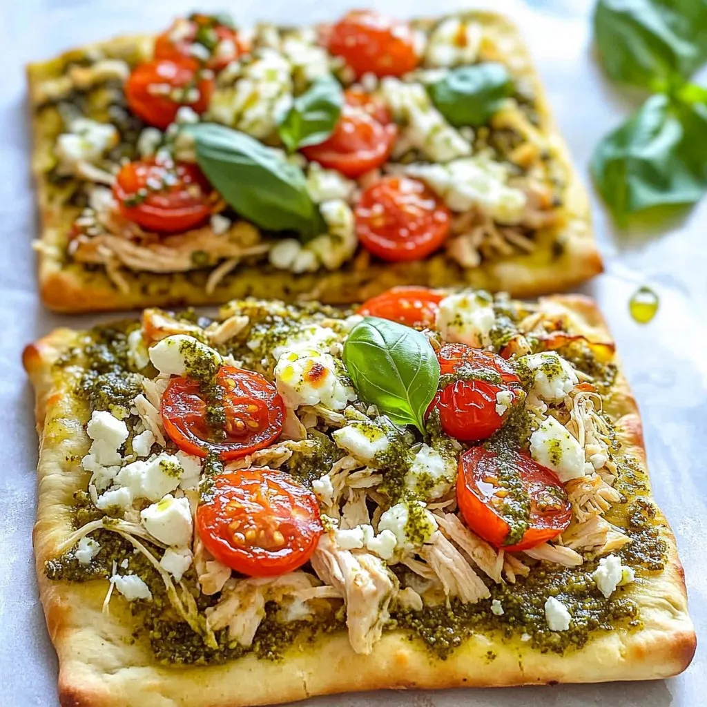 To make a delicious pesto chicken flatbread, you need these key ingredients: - 2 flatbreads (store-bought or homemade) - 1 cup cooked chicken, shredded (rotisserie chicken works well) - 1/2 cup basil pesto - 1 cup cherry tomatoes, halved - 1 cup mozzarella cheese, shredded - 1/4 cup feta cheese, crumbled - 1 tablespoon olive oil - Fresh basil leaves for garnish - Salt and pepper to taste You can swap ingredients to match your taste: - Use naan or pita bread instead of flatbread. - Any cooked chicken works; grilled or baked chicken is tasty too. - Try sun-dried tomato pesto if you want a twist. - Use any cheese you like; goat cheese adds a nice kick. - If fresh basil is not available, dried basil can work in a pinch. Quality matters for great taste. Here are my tips: - Choose fresh basil pesto for the best flavor. Store-bought is fine if fresh is not available. - Look for ripe cherry tomatoes; they should be firm and colorful. - When picking chicken, look for juicy and tender meat for the best texture. - Buy high-quality mozzarella for a great melt. Fresh mozzarella gives a nice stretch. - Check the expiration dates on all products to ensure freshness. {{ingredient_image_1}} To make pesto chicken flatbread, you need to gather your ingredients first. This dish is easy to prepare and perfect for a quick meal. You will need flatbreads, shredded chicken, basil pesto, tomatoes, and cheese. 1. Preheat your oven to 400°F (200°C). 2. Place the flatbreads on a baking sheet lined with parchment paper. 3. In a bowl, mix the shredded chicken with half of the basil pesto. Add salt and pepper to taste. 4. Spread the remaining pesto evenly over each flatbread. 5. Distribute the pesto-coated chicken evenly between the two flatbreads. 6. Arrange the halved cherry tomatoes on top of the chicken. 7. Sprinkle the shredded mozzarella cheese generously over each flatbread, followed by the crumbled feta cheese. 8. Drizzle olive oil lightly over each flatbread for added flavor. 9. Bake in the preheated oven for 12-15 minutes, or until the cheese is bubbly and slightly golden. 10. Once baked, remove from the oven and let it cool for a couple of minutes. 11. Garnish with fresh basil leaves before slicing into wedges and serving. To get the best results, use a baking sheet lined with parchment paper. This helps prevent sticking. Make sure to spread the pesto evenly to keep flavors balanced. Watch the cheese closely while baking. Once it starts to bubble and turn golden, it is ready. Let it cool for a bit before cutting. This will help keep the toppings in place. When making pesto chicken flatbread, avoid using dry chicken. Always use moist, cooked chicken. Rotisserie chicken works great here. Don’t skip the olive oil drizzle. It adds rich flavor and helps the cheese melt well. Another mistake is overloading your flatbread with toppings. Keep a balance to ensure even cooking and easy eating. To amp up the taste, try adding roasted garlic to your pesto. It gives a deep, savory taste. You can also mix herbs like oregano or thyme into your chicken. This will bring out fresh flavors. For extra crunch, sprinkle some pine nuts on top before baking. They add a nice texture and rich, nutty flavor. Baking at the right temperature is key. Preheat your oven to 400°F (200°C) for crispy edges. Use a baking sheet lined with parchment paper. This helps prevent sticking and makes cleanup easy. Bake until the cheese bubbles and turns golden. If you like your cheese extra crispy, broil for a minute after baking. Just watch it closely to avoid burning! Pro Tips Use Fresh Ingredients: Fresh basil and high-quality pesto can elevate the flavor of your flatbread significantly. Customize Your Toppings: Feel free to add other vegetables like bell peppers or jalapeños for an extra kick! Watch the Baking Time: Keep an eye on your flatbreads as oven times can vary; you want the cheese bubbly and golden, not burnt. Perfect for Meal Prep: You can prep these flatbreads in advance, store them in the fridge, and bake them fresh when ready to serve. {{image_2}} You can easily make a vegetarian version of this flatbread. Swap the chicken for hearty veggies. Try using artichokes, zucchini, or bell peppers. You could also add roasted mushrooms for a rich flavor. Use the same amount of basil pesto. It keeps the dish tasty and bright. If you want to change the protein, consider turkey or shrimp. Both cook quickly and mix well with pesto. You can also use tofu for a plant-based option. Just marinate the tofu in basil pesto before cooking. This adds great flavor and keeps it juicy. Toppings can change your flatbread game. Try adding olives or sun-dried tomatoes for a briny taste. You could also sprinkle some red pepper flakes for a kick. Fresh arugula on top adds a peppery crunch after baking. Don’t forget to drizzle balsamic glaze for a sweet finish. After you enjoy your pesto chicken flatbread, store any leftovers in an airtight container. This keeps the flatbread fresh and tasty. Place it in the fridge if you plan to eat it in a few days. It’s best to eat it within 3 days for the best flavor. To reheat your flatbread, preheat your oven to 350°F (175°C). Place the flatbread on a baking sheet. Heat it for about 10 minutes or until warm. This keeps the flatbread crispy. You can also use a microwave, but the flatbread may get soft. If you use the microwave, heat it for 1-2 minutes. You can freeze your pesto chicken flatbread for longer storage. Wrap each piece well in plastic wrap, then place in a freezer bag. This helps prevent freezer burn. It can last up to 2 months in the freezer. When you are ready to eat it, let it thaw in the fridge overnight, then reheat as mentioned above. The best flatbread for pesto chicken flatbread is thin and crispy. You can use store-bought flatbreads if you want a quick option. Look for whole wheat or classic white flatbreads. They add nice flavor and texture. If you prefer, you can also make your own flatbread. Homemade flatbread gives a fresh taste that enhances the dish. Yes, you can make this dish ahead of time! Prepare the flatbreads and toppings. Spread the pesto and add the chicken. Store them in the fridge without baking. When you are ready to eat, just bake them. This way, you can enjoy a hot meal without much fuss. Making homemade pesto is easy and fun! You need fresh basil, garlic, pine nuts, olive oil, and cheese. Start by blending two cups of basil leaves with two cloves of garlic. Add one-third cup of pine nuts and blend again. Slowly drizzle in half a cup of olive oil while blending. Finally, mix in half a cup of grated Parmesan cheese. Adjust the taste with salt and pepper. Your homemade pesto will be fresh and bright, perfect for this flatbread! To sum up, we explored key ingredients for flatbreads and simple cooking steps. I shared tips to avoid common errors and enhance flavors. We also looked at tasty variations and how to store leftovers. Flatbreads can be a fun dish to make, and they are easy to adapt. Use fresh ingredients and your favorite toppings for the best results. Enjoy your cooking journey and create tasty meals!