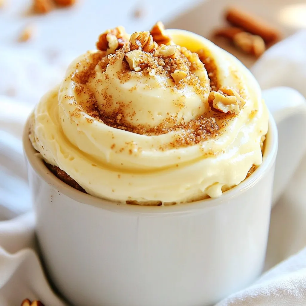 - 4 tablespoons all-purpose flour - 2 tablespoons granulated sugar - 1/4 teaspoon baking powder - 1/8 teaspoon salt - 3 tablespoons milk - 1 tablespoon vegetable oil - 1/2 teaspoon vanilla extract - 1 tablespoon brown sugar - 1/2 teaspoon ground cinnamon - 1 tablespoon chopped walnuts (optional) - Cream cheese frosting for topping You can easily swap ingredients if you need. For milk, use almond or oat milk. If you don't like walnuts, try pecans or skip nuts altogether for a smoother bite. You can also add raisins for a chewy texture. Gather a microwave-safe mug to mix and cook. You'll also need mixing bowls and a whisk for smooth batter. A fork can work too if you don’t have a whisk. All these tools make it easier to create your quick treat. {{ingredient_image_1}} - In a microwave-safe mug, combine 4 tablespoons of flour, 2 tablespoons of sugar, 1/4 teaspoon of baking powder, and 1/8 teaspoon of salt. Whisk until mixed well. - In another bowl, mix 3 tablespoons of milk, 1 tablespoon of vegetable oil, and 1/2 teaspoon of vanilla extract. Slowly pour this mix into the dry ingredients. Stir until just combined. - To make the cinnamon swirl, mix 1 tablespoon of brown sugar with 1/2 teaspoon of ground cinnamon in a small bowl. Add 1 tablespoon of chopped walnuts if you like some crunch. - Gently poke holes or swirl the batter in the mug. Spoon in the cinnamon mixture, then cover it with batter. - Microwave the mug on high for about 1 minute to 1 minute and 20 seconds. Check at the 1-minute mark. You want it cooked through but still moist. Avoid overcooking; it will harden. - Let the mug cake cool for a minute before topping it with cream cheese frosting. Enjoy your quick treat! To check for moistness, insert a toothpick into the center. If it comes out clean, your cake is done. If it has wet batter, microwave it for 10 more seconds. For the best texture, avoid overcooking. Microwaves vary, so keep an eye on the time. Cooking too long makes your mug cake hard. You can add more flavors to your cake. Try a little vanilla or nutmeg for extra warmth. When it comes to toppings, get creative! Use different frostings like chocolate or caramel. You can even add fruit for a fresh twist. Enjoy your mug cake warm right from the mug. It’s great with a scoop of ice cream too! Pair it with coffee or tea for a cozy treat. A warm drink balances the sweetness of the cake perfectly. Pro Tips Check Your Microwave Power: Microwave wattages can vary, so adjust the cooking time accordingly. Start with 1 minute and check frequently to avoid overcooking. Customize Your Toppings: Feel free to add chocolate chips, dried fruits, or even a sprinkle of sea salt on top of the frosting for added flavor and texture. Use a Larger Mug: Make sure your mug has enough room for the cake to rise. A larger mug will prevent overflow and give your cake the space it needs to puff up. Let It Cool: Allow the mug cake to cool for a minute before adding frosting. This will help the frosting melt slightly and create a delicious glaze. {{image_2}} You can change up the flavor of your cinnamon roll mug cake with just a few swaps. A pumpkin spice mug cake is a fun option. Just add pumpkin puree and a mix of pumpkin spice to the batter. This gives a warm, cozy taste perfect for fall. Another great choice is a chocolate cinnamon mug cake. Mix cocoa powder into the dry ingredients. This twist adds a rich chocolate flavor to your cake while keeping the cinnamon warmth. If you need gluten-free options, swap regular flour for a gluten-free flour blend. This allows everyone to enjoy this treat without worry. For a vegan take, use plant-based milk instead of regular milk. Replace the vegetable oil with melted coconut oil. You can also skip the cream cheese frosting or use a vegan version to keep it dairy-free. Toppings can make your mug cake even better. Seasonal fruits like sliced strawberries or bananas add freshness. They also give a pop of color to your cake. You can also switch up the frosting. Try chocolate sauce or caramel drizzle for a new flavor. If you want a lighter option, whipped cream works well too. Enjoy playing with different toppings! To keep your mug cake fresh, store it in an airtight container. This prevents it from drying out. If you have any frosting, store it in a separate container. This keeps the frosting creamy and prevents it from making the cake soggy. Reheat your mug cake in the microwave. Start with 10 to 15 seconds on high. Check to see if it is warm enough. If not, add a few more seconds. To keep the texture nice, cover the mug with a paper towel. This helps trap some moisture. In the fridge, your mug cake can last for about three days. Check for any signs of spoilage. If you see mold or if it smells off, it’s best to throw it away. Freshness is key for a tasty treat. Making a Cinnamon Roll Mug Cake is quick. It takes about 5 minutes to prep. Cooking it in the microwave takes only 1 to 1 minute and 20 seconds. So, you can enjoy this treat in just under 7 minutes. Yes, you can bake this mug cake in the oven. Preheat your oven to 350°F (175°C). Pour the batter into a small oven-safe dish. Bake for about 10 to 12 minutes. Keep an eye on it, so it doesn’t overbake. If you don’t have a microwave, you can use the stovetop. Pour the batter into a small pot. Cover it with a lid and cook it on low heat. Check it often to avoid burning. It may take a bit longer than the microwave, but it works well. This blog post gave you a clear guide to making a delicious Cinnamon Roll Mug Cake. You learned about the key ingredients and optional substitutions for your preferences. I shared steps on preparing and cooking the cake, along with tips to achieve the perfect texture. You can easily customize your mug cake with different flavors and toppings too. Whether for a quick snack or dessert, this simple recipe offers many tasty options to enjoy. Now, grab your mug and get baking!