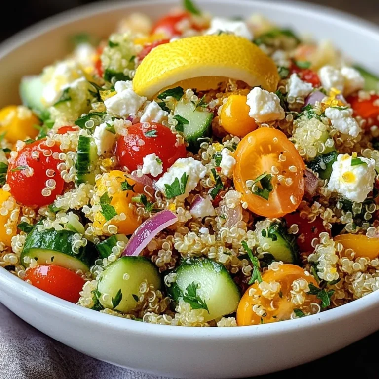 For this salad, start with 1 cup quinoa. Rinse it well to remove any bitterness. You will need 2 cups vegetable broth or water. The broth adds flavor. Cooking quinoa in broth makes it even tastier. Next, gather your fresh veggies. You will need: - 1 cup cherry tomatoes, halved - 1 cucumber, diced - 1 bell pepper, diced (red or yellow works well) - 1/4 cup red onion, finely chopped - 1/4 cup parsley, chopped These vegetables add color and crunch. They also provide a refreshing taste that pairs perfectly with quinoa. Now, let’s make the dressing. You will need: - 3 tablespoons olive oil - 2 tablespoons lemon juice - 2 cloves garlic, minced - Salt and pepper to taste This dressing brings everything together. The lemon juice gives a bright zing, while the garlic adds depth. Adjust the salt and pepper to your liking. {{ingredient_image_1}} To start, take 1 cup of rinsed quinoa. In a medium pot, add the quinoa and 2 cups of vegetable broth or water. Bring this mixture to a boil over medium heat. Once it boils, lower the heat to a simmer. Cover the pot and let it cook for 15 minutes. The goal is for all the liquid to be absorbed. After this, remove the pot from heat but keep it covered for 5 more minutes. Then, fluff the quinoa with a fork and let it cool. While your quinoa cools, grab a large mixing bowl. Add 1 cup of halved cherry tomatoes, 1 diced cucumber, and 1 diced bell pepper. You can choose either red or yellow for color. Next, chop 1/4 cup of red onion and add it to the bowl. Finish this step by adding 1/4 cup of chopped parsley. If you like, you can also add 1/4 cup of crumbled feta cheese for a creamy touch. To make the dressing, take a small bowl. In it, add 3 tablespoons of olive oil. Then, squeeze in 2 tablespoons of fresh lemon juice. Next, mince 2 cloves of garlic and mix them in. Season this mixture with salt and pepper to taste. Whisk everything together until it blends well. Now, return to your large mixing bowl with the vegetables. Add the cooled quinoa to this mix. Pour the dressing over all the ingredients. Toss gently to combine everything. Your goal is to ensure that all the ingredients are well coated in the dressing. Taste your salad. If needed, adjust the seasoning with a bit more salt, pepper, or lemon juice. You can serve this salad right away or let it chill in the fridge for 30 minutes. This waiting time helps all the flavors meld together. When serving, use a large bowl. Garnish with extra parsley leaves and lemon slices for a fresh look. Enjoy your vibrant and zesty lemon garlic quinoa salad! To make perfect quinoa, rinse it well before cooking. This removes the bitter coating called saponin. Use a ratio of two parts liquid to one part quinoa. For this recipe, I use vegetable broth for extra flavor. Bring it to a boil and then lower the heat. Let it simmer until all the liquid absorbs. After it cooks, let it sit covered for five minutes. Fluff with a fork to keep it light and airy. You can easily change the taste of your salad. If you want more zest, add an extra splash of lemon juice. For a bolder flavor, try adding more garlic. Adjust salt and pepper to your liking, too. If you enjoy herbs, consider adding fresh basil or mint. Each herb adds a new layer of flavor, making it more exciting. How you serve your salad makes a big difference. Use a large, colorful bowl to highlight the salad's vibrant colors. Garnish it with parsley leaves and lemon slices for a fresh look. For added texture, sprinkle nuts or seeds on top before serving. You can also layer the ingredients in a glass jar for a fun, portable option. This not only looks great but also keeps the salad fresh until you’re ready to eat. Pro Tips Use Fresh Ingredients: For the best flavor, use fresh, ripe vegetables and herbs. This enhances the overall taste of your salad. Chill Before Serving: Refrigerating the salad for at least 30 minutes allows the flavors to meld, resulting in a more cohesive and delicious dish. Customize Your Veggies: Feel free to add or substitute your favorite vegetables such as avocado, spinach, or corn for added texture and flavor. Dress Just Before Serving: To maintain the crispness of the vegetables, add the dressing right before serving instead of letting it sit. {{image_2}} You can easily add protein to your Lemon Garlic Quinoa Salad. Grilled chicken or shrimp work great. Tofu is a fantastic choice for a plant-based option. You can also use chickpeas for extra fiber. Just toss them in with the veggies. Adding protein makes the salad more filling. To keep this dish vegan, skip the feta cheese. You can replace it with avocado for creaminess. Nutritional yeast gives a cheesy flavor without dairy. Use a vegan dressing or make your own with olive oil and lemon. These changes keep the salad fresh and tasty. Using seasonal ingredients adds fun to your salad. In summer, add sweet corn or zucchini. In fall, try roasted butternut squash or apples. Winter brings kale or Brussels sprouts. Each season offers unique flavors. This keeps your salad exciting all year round. To keep your lemon garlic quinoa salad fresh, store it in an airtight container. It lasts up to three days in the fridge. If you want the best taste, eat it within two days. The longer it sits, the softer the veggies get. This salad tastes great chilled, so don't worry about it losing its zing! You can freeze this salad, but it may change the texture. To freeze, place it in a freezer-safe container. It will stay good for up to a month. When you want to eat it, let it thaw in the fridge overnight. After thawing, the salad may need a bit more lemon juice to revive its flavor. For meal prep, make a big batch at once. Store the quinoa and veggies separately from the dressing. This way, you keep everything fresh and crisp. Combine them just before you eat. This method helps the salad stay bright and tasty all week! Quinoa salad can last up to four days in the fridge. Make sure to store it in an airtight container. This helps keep the salad fresh and safe to eat. The flavors may deepen over time, making it even tastier! Yes, you can make this salad ahead of time. It tastes great when chilled. Prepare it a few hours before serving, or even the night before. This allows the flavors to blend nicely. Just keep it in the fridge until you're ready to enjoy it! If you don't want to use feta cheese, try goat cheese or even a vegan cheese. You can also skip the cheese entirely. The salad will still taste great without it. Adding extra herbs can enhance the flavor if you leave out the cheese. This blog covered how to make a delicious quinoa salad. We discussed key ingredients like quinoa, fresh veggies, and tasty dressings. You learned step-by-step instructions from cooking quinoa to serving suggestions. I shared tips for perfecting flavor and impressive presentation. Plus, we explored variations, storage info, and answered common questions. Remember, a good salad is both healthy and fun. Try different ingredients to make it your own! Enjoy your cooking journey.