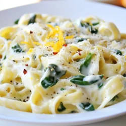Let’s dive into the tasty parts of this dish. Here’s what you need: - 8 oz (225g) fettuccine or pasta of choice Any pasta works, but fettuccine clings well to sauce. - 2 tablespoons olive oil This oil gives flavor and helps cook the garlic. - 3 cloves garlic, minced Garlic adds a wonderful aroma and taste. - 5 oz (140g) fresh spinach Fresh spinach wilts down, bringing a nice green color. - 1 cup heavy cream (or coconut cream for a vegan option) Cream makes the sauce rich and smooth. Coconut cream is a great vegan swap. - 1/2 cup grated Parmesan cheese (or nutritional yeast for a vegan option) Cheese adds depth. Nutritional yeast gives a similar taste in vegan dishes. - Zest from 1 lemon Lemon zest adds bright flavor and aroma. - 2 tablespoons lemon juice Juice balances the creaminess with a tangy kick. - Salt and pepper to taste Simple seasoning that enhances all the flavors. - Red pepper flakes (optional, for a kick) These add heat if you like some spice. Each ingredient plays a role in making this dish tasty and fun. Feel free to mix and match based on your taste! {{ingredient_image_1}} To start, boil a large pot of salted water. Add 8 oz of fettuccine. Cook it according to the package directions. Aim for an al dente texture, which means it should be firm but not hard. This usually takes about 8-10 minutes. While the pasta cooks, reserve about 1/2 cup of pasta water. This water helps make your sauce creamy later. Drain the pasta when it's done but remember, do not rinse it. Rinsing washes away the flavor. Next, heat 2 tablespoons of olive oil in a large skillet over medium heat. Once hot, add 3 minced garlic cloves. Sauté for about 1 minute. You want it fragrant but not burnt. Then, toss in 5 oz of fresh spinach. Cook it for 2-3 minutes until it wilts down. Stir it often to make sure it cooks evenly. Now it’s time to make the creamy sauce. Lower the heat and pour in 1 cup of heavy cream. Stir well to mix it with the spinach and garlic. Let it simmer gently for about 2-3 minutes. This helps the sauce thicken a bit. Next, add 1/2 cup of grated Parmesan cheese, the zest from one lemon, and 2 tablespoons of lemon juice. Mix until the cheese melts and the sauce is smooth. If it seems too thick, add some of that reserved pasta water. This gives you the right creamy consistency. Finally, add the drained pasta into the skillet with the sauce. Toss gently to coat the pasta evenly. Make sure every piece gets some sauce. Taste and adjust the seasoning with salt, pepper, and red pepper flakes if you like a bit of heat. Serve this dish hot and enjoy the bright flavors! To get the right creaminess in your sauce, start with heavy cream. It gives the dish a rich texture. If you want a lighter option, use coconut cream. This adds a nice twist. Mix the cream with sautéed garlic and spinach. Stir for a few minutes to let the flavors blend. Adjusting flavors is key. Add lemon juice for brightness. Lemon zest adds a fragrant layer. If you like heat, sprinkle in red pepper flakes. Taste as you go to find your balance. Timing is essential for a perfect meal. Cook the pasta while you make the sauce. This way, both finish at the same time. Reserve some pasta water before draining. You can use it later to adjust the sauce. For quick weeknight prep, use pre-washed spinach. It saves time and effort. Pre-grate your cheese and zest the lemon ahead. These small steps make a big difference. Garnish your dish for a beautiful presentation. Grate extra Parmesan on top and add a bit of lemon zest. This makes it look fresh and inviting. Pair this pasta with a simple salad. A green salad with a light vinaigrette works well. You could also serve it with crusty bread. These sides complement the creamy flavors nicely. Pro Tips Use Fresh Ingredients: Always opt for fresh spinach and high-quality pasta to enhance the overall flavor and texture of your dish. Adjust Creaminess: If you prefer a lighter sauce, substitute half of the heavy cream with vegetable broth for a delicious twist. Enhance Flavor: Add a pinch of nutmeg to the cream sauce for a warm, aromatic flavor that complements the lemon and spinach. Serve Immediately: For the best texture and flavor, serve the pasta right after mixing it with the sauce to prevent it from becoming soggy. {{image_2}} For a vegan twist on this creamy lemon spinach pasta, use coconut cream instead of heavy cream. Coconut cream adds a rich texture and a hint of sweetness. You can also swap grated Parmesan cheese for nutritional yeast. Nutritional yeast gives a cheesy flavor without dairy. Other vegan-friendly options include using cashew cream or almond milk. Both can create a creamy sauce while keeping it plant-based. You can easily add protein to your pasta dish. Chicken, shrimp, or tofu work great. If you choose chicken, slice it thin and cook it in the skillet before adding garlic and spinach. For shrimp, sauté them until pink and then add your spinach. Tofu can be cubed and fried until golden before mixing it in. Adjust your cooking times to ensure everything is cooked through. This will add more heartiness to your meal. Feel free to add more veggies for color and nutrition. Mushrooms, peas, or bell peppers can brighten up your dish. Kale or arugula can also work well with the creamy sauce. When using seasonal vegetables, like asparagus in spring or zucchini in summer, chop them finely and add them with the spinach. This keeps the dish fresh and interesting throughout the year. To keep your Creamy Lemon Spinach Pasta fresh, refrigerate it right away. Place the pasta in an airtight container. This helps prevent it from drying out. You can store it for up to three days. Make sure to let it cool to room temperature before sealing the container. This avoids condensation inside. Reheating pasta can be tricky. You want to keep it creamy. The best way is on the stove. Add a splash of water or cream to the pan. Heat it on low, stirring often. This keeps the texture nice. You can also use the microwave. Place it in a bowl with a little water. Cover it with a damp paper towel. Heat in short bursts, stirring in between. This helps avoid hot spots. You can freeze this dish, but it may change a bit. To freeze, let it cool completely. Then, place it in a freezer-safe container. It can last up to three months. For thawing, move it to the fridge overnight. Reheat it slowly to keep the sauce creamy. Stir in a bit of cream or pasta water if needed. This will help restore its texture. Creamy Lemon Spinach Pasta lasts about 3 to 5 days in the fridge. Store it in an airtight container to keep it fresh. When you are ready to eat, give it a quick heat. This will help regain some creaminess. Yes, you can use different types of pasta. Fettuccine works well, but any pasta shape you like is fine. Try penne, spaghetti, or even gluten-free options. Just follow the cooking instructions on the package. You can substitute heavy cream with coconut cream for a vegan option. Other choices include cashew cream or even a mix of milk and butter. Make sure to adjust the flavor to keep it rich and creamy. To make Creamy Lemon Spinach Pasta gluten-free, use gluten-free pasta. Many brands offer good options that taste great. Check the label to find one you like. Follow the same cooking steps for best results. Yes, you can prepare this dish ahead of time. Cook the pasta and sauce separately, then combine them just before serving. This keeps everything fresh and tasty. Store them in the fridge for a quick meal later. In this blog post, we explored how to make delicious Creamy Lemon Spinach Pasta. We detailed each ingredient, from pasta to spices, and shared step-by-step instructions for cooking. I provided tips for perfecting your sauce, variations for different diets, and storage tips to keep your dish fresh. As you prepare this meal, remember the joy of cooking and sharing it. Enjoy every creamy bite, and feel free to get creative with your own twists!