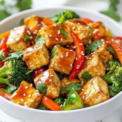 For this tasty dish, you need simple, fresh ingredients. Here’s what you will use: - 14 oz firm tofu, diced - 1 red bell pepper, sliced - 1 green bell pepper, sliced - 1 cup broccoli florets - 2 carrots, julienned - 3 cloves garlic, minced - 1-inch piece ginger, grated - 3 tablespoons sweet chili sauce - 2 tablespoons soy sauce - 1 tablespoon sesame oil - 1 tablespoon vegetable oil - Sesame seeds for garnish - Fresh cilantro for garnish These ingredients create a colorful and flavorful meal that is sure to please. Choosing the right tofu is key. Firm tofu works best for stir-frying. It holds its shape and absorbs flavors well. Look for tofu that is packed in water and feels dense. Avoid any that appears soft or has a lot of liquid. If you want a richer taste, opt for extra-firm tofu. It will give you a crispier texture when cooked. Always press the tofu to remove excess moisture. This step helps it fry better. You can add extra ingredients for more flavor. Here are some great options: - Snow peas for crunch - Mushrooms for an earthy taste - Baby corn for sweetness - Cashews for a nutty bite Feel free to mix and match. These add-ins can make your Sweet Chili Tofu Stir-Fry even more special. {{ingredient_image_1}} First, you need to prep the tofu. Take your 14 oz of firm tofu and dice it into cubes. This size helps it cook well. Place the diced tofu between a clean kitchen towel or paper towels. Press gently for about 15 minutes. This step removes extra moisture. Less moisture means crispier tofu when you cook it. Next, heat 1 tablespoon of vegetable oil in a large skillet or wok over medium-high heat. Once the oil is hot, add the pressed tofu. Sauté the tofu for about 5 to 7 minutes. You want it to turn golden brown on all sides. This browning adds flavor and texture. After cooking, remove the tofu from the skillet and set it aside. Now, let’s cook the veggies. In the same skillet, add 1 tablespoon of sesame oil. Once the oil is hot, add 3 minced garlic cloves and 1-inch grated ginger. Sauté for about 30 seconds until you smell that great aroma. Now, toss in your sliced red and green bell peppers, 1 cup of broccoli florets, and 2 julienned carrots. Stir-fry these for about 5 to 6 minutes. You want them tender but still crisp. This keeps the veggies colorful and tasty. To get the best flavor in your sweet chili tofu stir-fry, use fresh veggies. Fresh vegetables add a crisp taste. Garlic and ginger bring warmth and depth. Here are my tips for great flavors: - Use a mix of colors like red and green bell peppers. - Add a splash of lime juice for brightness. - Try adding crushed red pepper for some heat. - A dash of sesame oil adds a nutty flavor. Combining these elements creates a dish that bursts with flavor. Stir-frying seems easy, but small mistakes can ruin your dish. Here are common pitfalls to watch out for: - Avoid overcrowding the pan. This can steam, not fry, your food. - Don't skip pressing the tofu. This helps it crisp up. - Don't cook the garlic too long. It can burn and taste bitter. - Stir constantly to avoid burning. Even a few seconds can change the taste. By avoiding these mistakes, you will have a delicious stir-fry. Using the right tools can make cooking easier. Here are my top picks for stir-frying: - A large skillet or wok is key. It allows for even cooking. - A sturdy spatula helps you toss the tofu and veggies well. - A sharp knife makes cutting veggies quick and easy. - Use a cutting board to keep your space safe and clean. With these tools, you will create a perfect sweet chili tofu stir-fry every time. Pro Tips Pressing Tofu: Ensure you press the tofu well to remove excess moisture, which will help it become crispy when cooked. Heat Control: Maintain medium-high heat while sautéing to achieve a golden-brown color on the tofu without burning it. Vegetable Crunch: Stir-fry the vegetables until they are tender-crisp for the best texture and flavor in your dish. Garnishing: Add sesame seeds and fresh cilantro as a garnish just before serving to enhance presentation and flavor. {{image_2}} If you want to change the protein, try chickpeas or tempeh. These options work well in the stir-fry. They add a nice texture and soak up flavors. You can also use seitan for a meatier bite. If you enjoy seafood, shrimp is a tasty choice too. Just remember to adjust the cooking time based on what you choose. Sweet chili sauce brings a nice kick, but you can mix it up. Try teriyaki or hoisin sauce for a different taste. Peanut sauce can add creaminess and flavor. For a spicy twist, add sriracha or chili paste. To balance flavors, a splash of lime juice can brighten the dish. Play with these sauces to find what you love best. Using seasonal veggies can make your stir-fry even better. In spring, add snap peas or asparagus for freshness. Summer brings zucchini and corn, which are sweet and crisp. Fall is perfect for adding butternut squash or mushrooms. In winter, use hearty greens like kale or Brussels sprouts. Mixing in seasonal vegetables keeps your dish interesting and tasty. To store your leftover Sweet Chili Tofu Stir-Fry, first let it cool down. Place it in an airtight container. Make sure to separate the tofu and veggies if you want to keep the texture. This helps prevent sogginess. Store your container in the fridge for up to three days. When you are ready to reheat, use a skillet. Heat it on medium and add a splash of water or oil. This keeps the dish moist. Stir gently until everything is hot. You can also use a microwave, but the skillet method works better for texture. If you want to freeze your stir-fry, let it cool completely first. Use a freezer-safe container or bag. Label it with the date. It will stay good for about three months. When ready to eat, thaw it in the fridge overnight. Reheat it in a skillet for the best flavor. Yes, you can use other types of tofu. Firm or extra-firm tofu works best. Soft or silken tofu may not hold up well in stir-fry. If you use softer tofu, be gentle when cooking. It may break apart more easily. If you don’t have sweet chili sauce, mix equal parts of honey and soy sauce. You can also add a touch of red pepper flakes for heat. Another option is to use hoisin sauce with a little sugar. This creates a sweet and savory flavor. To make this dish gluten-free, use gluten-free soy sauce. Brands like tamari offer a good alternative. Always check labels for hidden gluten ingredients. Additionally, ensure that your sweet chili sauce is gluten-free. This way, you can enjoy your stir-fry without worry. To wrap up, we covered everything you need for a tasty sweet chili tofu stir-fry. We explored key ingredients, tofu selection, and cooking methods for crispiness. You learned how to avoid common mistakes and tried new flavors with optional add-ins and variations. Remember to store and reheat correctly for the best taste. With these tips, you'll create delicious meals every time. Dive in, have fun, and enjoy your cooking journey!