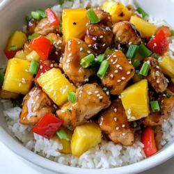 - 1 pound boneless, skinless chicken thighs, cut into bite-sized pieces - 1 cup pineapple chunks (fresh or canned) - 1 red bell pepper, sliced - 1 green bell pepper, sliced - 1 small onion, sliced - 3 cloves garlic, minced - 1/2 cup low-sodium soy sauce - 1/4 cup honey - 1 tablespoon sesame oil - 2 tablespoons cornstarch mixed with 2 tablespoons water (slurry) - 2 green onions, sliced (for garnish) - Sesame seeds (for garnish) - Cooked rice or quinoa (for serving) Gather these ingredients for a tasty Pineapple Teriyaki Chicken Skillet. I love using chicken thighs for their rich taste. They add depth to the dish. Fresh pineapple chunks bring a sweet punch. It’s great for balancing flavors. The vegetables also play a big role. Red and green bell peppers add color and crunch. Sliced onions give a sweet note when cooked. Garlic provides a wonderful aroma that fills the kitchen. For the sauce, low-sodium soy sauce keeps it savory without being too salty. Honey adds sweetness and helps the sauce stick. A bit of sesame oil brings a nutty taste. Finally, the cornstarch slurry thickens the sauce perfectly, making it glossy and delicious. When serving, don’t forget your garnishes! Green onions add a fresh bite, and sesame seeds give a nice crunch. Serve the dish over fluffy rice or quinoa. This makes every bite a treat. Enjoy the mix of flavors and textures! {{ingredient_image_1}} First, heat the sesame oil in a large skillet over medium-high heat. Once the oil is hot, add 1 pound of boneless, skinless chicken thighs, cut into bite-sized pieces. Sauté the chicken for about 5 to 7 minutes. You want it browned and cooked through. When the chicken is ready, remove it from the skillet and set it aside. Let the flavors rest while you cook the veggies. In the same skillet, add the sliced onion and bell peppers. Use one red and one green bell pepper for color and flavor. Sauté these for about 3 to 4 minutes. You want them to start softening but not mushy. Next, add 3 cloves of minced garlic and 1 cup of pineapple chunks. Stir well for another 2 minutes. The aroma will be amazing! Now, mix 1/2 cup of low-sodium soy sauce and 1/4 cup of honey in a bowl. Pour this mixture over the veggies in the skillet. Add the cooked chicken back into the skillet and stir to coat everything in that tasty sauce. Bring it to a gentle simmer. To thicken the sauce, pour in the cornstarch slurry made from 2 tablespoons of cornstarch mixed with 2 tablespoons of water. Stir it well and cook for another 2 to 3 minutes. The sauce should thicken nicely. Finally, remove your skillet from the heat. Sprinkle sliced green onions and sesame seeds on top for a lovely finish. Serve your Pineapple Teriyaki Chicken over rice or quinoa to soak up all that delicious flavor! - To cook chicken perfectly, use boneless, skinless thighs. They stay juicy. - Sauté them until they turn golden brown. This takes about 5-7 minutes. - Set the chicken aside before cooking the veggies. This keeps them tender. - For crisp veggies, cook them just until they soften. Avoid overcooking. - Keep the heat high enough to sauté but not burn the garlic. - Want more spice? Add red pepper flakes or sriracha to the sauce. - Fresh pineapple gives a brighter taste than canned. It’s worth the extra effort. - If using canned pineapple, choose one packed in juice, not syrup. This keeps it healthier. - Try marinating the chicken in teriyaki sauce for an hour before cooking. This adds depth. - Consider adding a splash of rice vinegar for a tangy twist. This balances the sweetness. Pro Tips Use Fresh Pineapple: Fresh pineapple adds a vibrant flavor and texture compared to canned. If using canned, opt for those packed in juice rather than syrup for a healthier option. Marinate the Chicken: For even more flavor, marinate the chicken in the soy sauce and honey mixture for at least 30 minutes before cooking. This enhances the teriyaki flavor throughout the meat. Customize Your Veggies: Feel free to add other vegetables like snap peas, carrots, or broccoli. This not only adds color but also boosts the nutritional value of your dish. Serve with Lime: A squeeze of fresh lime over the finished dish adds a zesty brightness that complements the sweetness of the teriyaki sauce beautifully. {{image_2}} You can switch chicken thighs for chicken breast. Just slice it thinly and cook it the same way. Chicken breast is leaner but still tasty. If you want a vegetarian option, try tofu or tempeh. Both soak up sauce well and add great texture. Cut tofu into cubes and press it to remove moisture before cooking. You can add more veggies to your dish. Broccoli or snap peas make great choices. They add color and crunch. You can also use ginger or scallions to enhance the flavor. Ginger gives a warm spice, while scallions add a fresh bite. Sauté these with your onions and bell peppers for a delicious twist. If you want to change the sweetness, you can switch honey for maple syrup or agave nectar. Both will give a nice flavor. For those needing gluten-free options, use tamari instead of soy sauce. It has a similar taste and works great in this dish. To keep your Pineapple Teriyaki Chicken fresh, use airtight containers. Glass or plastic containers work well. Make sure they seal tightly. This dish lasts about 3-4 days in the fridge. Be sure to let it cool down before you store it. If you want to freeze the dish, place it in a freezer-safe container. Leave some space at the top for expansion. You can freeze it for up to 3 months. When ready to eat, thaw it in the fridge overnight. To reheat, warm it on the stove over low heat. Stir occasionally for even warming. It takes about 30 minutes to cook Pineapple Teriyaki Chicken. The prep time is 15 minutes. Cooking time is around 15 minutes. You can quickly sauté the chicken and veggies, then simmer them in the sauce. Yes, you can make Pineapple Teriyaki Chicken ahead of time. Cook it fully, then let it cool. Place it in an airtight container in the fridge. It can last for 3-4 days. Just reheat it on the stove or in the microwave before serving. You can serve Pineapple Teriyaki Chicken over cooked rice or quinoa. Both options soak up the sauce nicely. For sides, consider steamed broccoli or snap peas. You can also add garnishes like sesame seeds or fresh cilantro for extra flavor. Pineapple Teriyaki Chicken offers a tasty mix of flavors and textures. We explored the key ingredients, like chicken thighs and fresh pineapple, and guided you through each step of cooking. I shared helpful tips to keep your veggies crisp and chicken juicy. You can also try fun variations and know how to store leftovers safely. Give this dish a try! It brings joy and warmth to any meal. Enjoy the process and the delicious results.