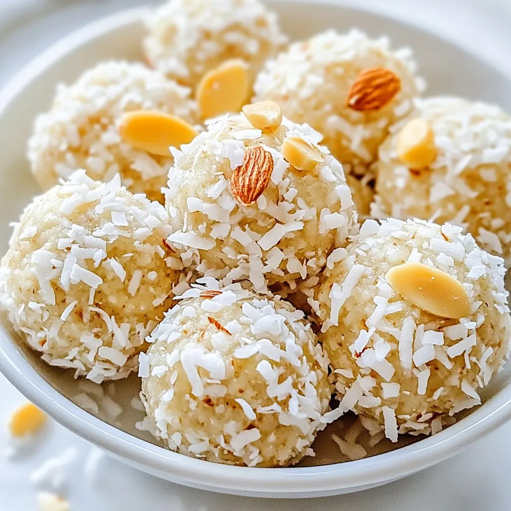 In this section, I'll share the simple ingredients you need for Coconut Almond Energy Balls. These snacks are not only tasty but also healthy. Here’s what you’ll need: - 1 cup toasted almonds - 1 cup unsweetened shredded coconut - 1 cup rolled oats - 1/2 cup almond butter - 1/4 cup honey or maple syrup - 1 teaspoon vanilla extract - 1/4 teaspoon sea salt - Optional additions: 1/4 cup chocolate chips or cacao nibs These ingredients work together to create a sweet and nutty flavor. The toasted almonds add a nice crunch, while the coconut gives it a tropical twist. Rolled oats provide fiber, and almond butter adds creaminess. Honey or maple syrup brings sweetness, while vanilla and sea salt enhance the taste. If you want to make them extra special, you can add chocolate chips or cacao nibs for a bit of indulgence. Enjoy gathering these ingredients! {{ingredient_image_1}} - Step 1: Process the toasted almonds. Start by placing the toasted almonds in your food processor. Pulse them until they become a coarse meal. This step helps create a nice texture. - Step 2: Combine all ingredients in the food processor. Add the unsweetened shredded coconut, rolled oats, almond butter, honey or maple syrup, vanilla extract, and sea salt to the processor. Make sure you have everything ready. - Step 3: Blend until a sticky dough forms. Turn on the food processor and blend until the mixture comes together. You want it to feel sticky. If you choose to add chocolate chips or cacao nibs, fold them in now. - Step 4: Roll into bite-sized balls. Use your hands to take small amounts of the dough. Roll them into balls about the size of a tablespoon. This is where you get to be hands-on! - Step 5: Refrigerate to firm them up. Place the energy balls on a parchment-lined baking sheet. Then, refrigerate them for at least 30 minutes. This will help them firm up, making them easier to eat. These steps make the process simple and fun. Enjoy your time making these tasty snacks! To roll perfect energy balls, ensure the dough is sticky. If it’s too dry, it won’t hold together. If needed, add a bit more almond butter or sweetener to help bind the mix. When forming the balls, wet your hands. This simple trick keeps the dough from sticking to your fingers. You can boost flavor by adding spices. A dash of cinnamon or nutmeg adds warmth. For extra variety, include dried fruits or seeds. Chopped dates or sunflower seeds work well. If you prefer a sweeter taste, adjust the sweetness. Use more honey or maple syrup to suit your liking. Pro Tips Store in the Freezer: For longer freshness, store the energy balls in the freezer. They can last for up to three months and make for a quick snack on the go. Adjust Sweetness: Feel free to adjust the amount of honey or maple syrup to your taste preference. You can also substitute with agave nectar or a sugar-free sweetener. Customize Add-ins: Experiment with different add-ins such as dried fruits, seeds, or nut butters for varied flavors and textures. Make it a Family Activity: Get the whole family involved in rolling the energy balls. It’s a fun way to bond and encourages kids to help in the kitchen! {{image_2}} You can make this snack nut-free. Just swap almond butter with sunflower seed butter. This keeps the energy balls tasty and safe for schools. The sunflower seed butter adds a creamy texture and a nice nutty flavor. Want a chocolate twist? Add cocoa powder to the mix. Just a few tablespoons will do. This change makes them rich and satisfying. You can also mix in spices like ginger or cardamom. These spices offer a warm kick and brighten the taste. In fall, try adding pumpkin spice. Just a teaspoon can change the flavor. It gives a cozy feel perfect for autumn. For a refreshing twist, add citrus zest. Lemon or orange zest brightens the energy balls and makes them feel fresh and lively. You should keep your Coconut Almond Energy Balls in the fridge. Use an airtight container to keep them fresh. They will stay good for up to a week. This way, you can grab a healthy snack anytime you like! If you want to save them for later, freezing is a great option. Place the energy balls in a single layer on a baking sheet. Once frozen, transfer them to a freezer-safe bag or container. This method helps keep their shape. When you're ready to eat, thaw them in the fridge overnight. Refrigerated energy balls last about one week. When frozen, they can last for up to three months. This makes them a perfect make-ahead snack for busy days. They remain tasty and nutritious, ready when you are! Coconut Almond Energy Balls can last up to a week in the fridge. Store them in an airtight container to keep them fresh. If you freeze them, they can last for about three months. Yes, you can customize the sweetener. You can use honey, maple syrup, or agave nectar. Each option gives a unique flavor, so feel free to experiment! Yes, they are great for meal prep! You can make a batch in advance and store them. They provide a quick snack or a healthy dessert option throughout the week. Absolutely! You can swap almonds for walnuts, cashews, or pecans. Each nut adds a different taste and texture, making your energy balls unique. Each energy ball contains about 100 calories. They provide healthy fats, protein, and fiber. This snack is not only tasty but also nutritious! You learned how to make Coconut Almond Energy Balls with simple steps. First, gather your ingredients, like almonds and oats. Then, process and roll them into tasty bites. Remember to customize your recipe with add-ins or spices. Store them well for freshness. These energy balls fit into any diet and are great for meal prep. Enjoy making them, sharing, and getting creative. You now have a healthy snack to fuel your day!