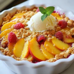 To make this delicious dessert, gather the following ingredients: - 4 ripe peaches, sliced - 1 cup fresh raspberries - 1/2 cup granulated sugar - 1 tablespoon lemon juice - 1 teaspoon vanilla extract - 1 cup all-purpose flour - 1/2 cup rolled oats - 1/2 cup brown sugar, packed - 1/2 teaspoon ground cinnamon - 1/4 teaspoon salt - 1/2 cup cold unsalted butter, cubed These ingredients come together to create a sweet and tangy treat. The peaches add juicy sweetness, while the raspberries bring a bright tartness. When selecting peaches, look for ones with a slight give when pressed. They should smell sweet and fragrant. Choose peaches with no bruises or dark spots. For raspberries, pick ones that are plump and firm. Avoid any that are mushy or have mold. Fresh fruit makes a big difference in flavor. If you need to adjust the recipe, consider these swaps: - For sugar: Use coconut sugar or a sugar substitute for lower calories. - For flour: Try almond flour or oat flour for a gluten-free option. - For butter: Use coconut oil or vegan butter to make the recipe dairy-free. These substitutions allow everyone to enjoy the crumble, no matter their dietary needs. {{ingredient_image_1}} Start by preheating your oven to 350°F (175°C). In a big bowl, combine your sliced peaches and fresh raspberries. Add in 1/2 cup of granulated sugar, 1 tablespoon of lemon juice, and 1 teaspoon of vanilla extract. Gently toss the fruits to coat them well. This step helps to bring out their natural flavors, making the dessert even better. Once mixed, pour this fruity goodness into a greased 9x9 inch baking dish. In another bowl, mix together 1 cup of all-purpose flour, 1/2 cup of rolled oats, 1/2 cup of brown sugar, 1/2 teaspoon of ground cinnamon, and 1/4 teaspoon of salt. Stir it all together until well blended. Then, add 1/2 cup of cold, cubed unsalted butter. Use your fingers or a pastry cutter to mix until it looks like coarse crumbs. This crumbly topping will add a nice texture to your dessert. Now, sprinkle the crumble topping evenly over the fruit mixture in your baking dish. Bake it in the preheated oven for 30 to 35 minutes. You want the top to be golden brown and the fruit to be bubbly. Once baked, take it out and let it cool for a few minutes. This cooling time helps the flavors meld together, making each bite even more delicious. To get that ideal crumble, start with cold butter. Cut it into cubes and add it to the dry mix. Use your fingers to blend it in. This keeps the butter pieces small. When baked, they melt and create a nice, crumbly top. You want it to feel like wet sand. A sprinkle of spices can elevate your crumble. Try adding a pinch of nutmeg or ginger for warmth. You can also mix in some lemon zest. It brightens the fruit flavor. Experiment with different spices to find your favorite combo. One common mistake is over-mixing the butter. If it turns into a paste, the topping won’t be light. Another mistake is not tasting the fruit mix. Adjust the sugar or lemon juice to balance the flavors. Lastly, don’t skip cooling before serving. It helps the juices set, making each bite perfect. Pro Tips Use ripe peaches: Ensure your peaches are fully ripe for the best flavor and sweetness in your crumble. Fresh raspberries: Opt for fresh raspberries instead of frozen for a vibrant color and texture in your dessert. Chill the butter: Using cold butter helps create a flaky and crumbly topping when mixed with dry ingredients. Let it cool: Allow the crumble to cool for a few minutes before serving; this helps the juices thicken for a better texture. {{image_2}} You can switch up the fruits in the crumble. Try apples, blueberries, or strawberries. Each fruit adds its own flavor. Apples give a nice crunch. Blueberries burst with sweetness. Strawberries add a lovely tartness. Mix and match your favorites for fun flavors. You can make this recipe gluten-free easily. Replace all-purpose flour with a gluten-free blend. Use oats labeled gluten-free for safety. You still get a tasty, crunchy topping. Just follow the same steps as the original recipe. To make this crumble vegan, swap out the butter. Use coconut oil or a plant-based butter. For the topping, you can use maple syrup instead of brown sugar. Both options work great. You still enjoy the same delicious flavor without any animal products. To keep your leftover peach raspberry crumble fresh, let it cool first. Once cooled, cover it tightly with plastic wrap or aluminum foil. You can also place it in an airtight container. Store it in the fridge for up to three days. This helps keep it tasty and safe to eat. If you want to save the crumble for later, freezing is a great option. First, let the crumble cool completely. Then, wrap it in plastic wrap. For extra protection, wrap it again in aluminum foil. You can store it in the freezer for up to three months. This way, you can enjoy it anytime you crave a sweet treat. When you are ready to eat your frozen crumble, reheating it is easy. Take it out of the freezer and let it thaw in the fridge overnight. Then, preheat your oven to 350°F (175°C). Place the crumble in the oven for about 15-20 minutes. This warms it up and keeps the topping crisp. You can also microwave individual servings for a quick fix, but the oven gives the best results. Enjoy your delicious peach raspberry crumble! Yes, you can use frozen peaches and raspberries. Just remember to thaw them first. Drain any extra juice to keep the crumble from getting soggy. This helps the flavors stay bright and fresh. Using frozen fruit can also save time. They work just as well, especially when fresh fruit is not in season. You'll know the crumble is done when the top is golden brown. The fruit should be bubbly and soft. You can check by using a fork to poke the top. If it feels firm, it needs more time. Typically, baking takes 30-35 minutes at 350°F. Keep an eye on it as it cooks for the best result. For the best taste, serve the crumbly dessert warm. A scoop of vanilla ice cream adds a nice touch. The cold ice cream melts into the warm fruit, creating a delicious mix. You can also add a sprig of fresh mint for a pop of color. This makes it look fancy and brightens the flavor. Everyone will love this sweet treat! You now have a complete guide to making a delicious peach raspberry crumble. We covered the key ingredients, tips for choosing fresh fruit, and alternatives for different dietary needs. The step-by-step instructions ensure your crumble turns out just right. Remember to avoid common mistakes for the best texture and flavor. Feel free to experiment with seasonal fruits and adapt the recipe as needed. With proper storage, you can enjoy this treat longer. Happy baking!