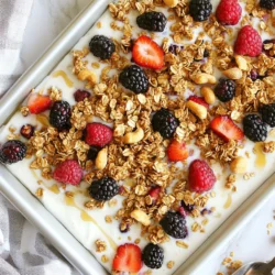 - 2 cups Greek yogurt - 1/4 cup maple syrup - 1 teaspoon vanilla extract - 1 cup granola (store-bought or homemade) - 1/2 cup mixed berries (strawberries, blueberries, raspberries) - 1/4 cup chopped nuts (almonds, walnuts, or pecans) - Pinch of sea salt When I make Maple Granola Yogurt Bark, I love using fresh, high-quality ingredients. Each one plays an important role in the flavor and texture. Greek yogurt is creamy and packed with protein. It forms the base of our bark. I use maple syrup to add sweetness and a rich flavor. The vanilla extract gives it a warm, inviting aroma. Granola adds a delightful crunch. You can go for your favorite store-bought kind or make your own at home. Mixed berries bring a burst of color and freshness. I often mix strawberries, blueberries, and raspberries for variety. Chopped nuts provide additional crunch and healthy fats. I prefer almonds or walnuts, but pecans work well too. A pinch of sea salt at the end brings out all the flavors and makes each bite pop. - Calories per serving: Approximately 150 - Serving size: 1 piece (1/8 of the bark) - Key nutrients: Protein from yogurt, healthy fats from nuts, vitamins from berries With this simple recipe, you create a tasty treat that packs nutrition into every bite. Each ingredient contributes to a well-rounded snack. Enjoy the burst of flavors and the joy of making it! {{ingredient_image_1}} To make Maple Granola Yogurt Bark, you need some basic tools. Here’s what you should gather: - Baking sheet - Parchment paper - Mixing bowl - Spatula - Measuring cups and spoons These items help make the process easier and cleaner. Now, let’s dive into the steps for making this tasty treat. 1. Line the baking sheet: Place parchment paper on your baking sheet. This helps with easy removal later. 2. Mix the yogurt: In your mixing bowl, combine Greek yogurt, maple syrup, and vanilla extract. Stir until you have a smooth mixture. 3. Spread the yogurt: Use a spatula to spread the yogurt mixture evenly on the baking sheet. Aim for a rectangle about 1/2 inch thick. 4. Add the granola: Sprinkle granola evenly over the yogurt. Make sure it covers the surface well. 5. Top with berries and nuts: Next, add mixed berries and chopped nuts on top of the granola. 6. Press down gently: Use the back of your spatula to press the toppings into the yogurt. This helps them stick better. 7. Season with salt: Finally, add a pinch of sea salt on top to enhance the flavors. For even spreading, keep your spatula at a slight angle. This helps you control how thick the yogurt layer is. Now, let’s finish up your bark. Here’s how to add toppings and freeze it: - Adding toppings: Make sure to sprinkle the granola, berries, and nuts evenly. Pressing down lightly helps them stay in place. - Freezing: Place the baking sheet in the freezer. Let it freeze for at least 4 hours. You want it to be completely solid. Once frozen, break or cut the bark into pieces. Enjoy this delicious snack anytime! You can swap Greek yogurt with regular yogurt if needed. Regular yogurt will change the texture a bit but still works well. If you want a dairy-free option, try coconut yogurt. For maple syrup, you can use agave syrup or honey. If you prefer a sugar-free version, look for sugar-free maple syrup. This will keep your bark sweet without added sugar. To make the yogurt creamier, try adding a splash of milk or cream. This helps the yogurt blend smoothly, giving you a nice texture. Balancing sweetness is key. If you find it too sweet, add a pinch of sea salt. It will highlight the flavors and reduce the sweetness in every bite. Serve your Maple Granola Yogurt Bark on a wooden board for a rustic look. A colorful plate will also make it pop. For garnishing, drizzle extra maple syrup over the top. Add a few whole berries as a bright touch. This makes the dish look beautiful and inviting. Pro Tips Use Full-Fat Yogurt: For a creamier texture and richer flavor, opt for full-fat Greek yogurt instead of low-fat or non-fat varieties. Customize Your Toppings: Feel free to mix and match your favorite nuts and fruits. Try adding coconut flakes or chocolate chips for extra flavor. Check Your Freezer: Ensure your freezer is set to the correct temperature for optimal freezing. A very cold freezer can help the bark set faster. Storage Tips: Store any leftover bark in an airtight container in the freezer for up to a month for a quick and healthy snack. {{image_2}} You can change the flavor of your Maple Granola Yogurt Bark easily. Seasonal fruits work great. Try using peaches in summer or apples in fall. Berries add a burst of color and taste, but feel free to experiment. Adding coconut gives a tropical touch. You can also mix in dark chocolate chips for a sweet twist. Chocolate and maple create a lovely balance. If you're looking for vegan options, use coconut yogurt instead of Greek yogurt. Maple syrup is already vegan, which is great! For a gluten-free version, choose gluten-free granola. This way, everyone can enjoy this treat without worry. Get creative with your toppings! Think of using pumpkin seeds, chia seeds, or even dried fruits. You can also combine different yogurt flavors, like vanilla and almond. This adds more layers of taste. The more you mix, the more unique your bark will be! To keep your Maple Granola Yogurt Bark fresh, store it in the freezer. After cutting it, wrap each piece in plastic wrap. You can also place the pieces in an airtight container. This helps prevent freezer burn and keeps the bark tasty. When stored properly, your yogurt bark can last up to three months in the freezer. For the best taste, thaw it in the fridge overnight. This way, you keep the texture smooth and creamy. If your granola loses its crunch, you can easily fix it. Spread it on a baking sheet and bake at 300°F for 10 minutes. This will help it crisp up again. If you have leftover granola, use it in other recipes like oatmeal or yogurt parfaits. It adds great flavor and texture! Maple Granola Yogurt Bark can last in the freezer for about two months. Keep it in an airtight container or wrap it well. This helps to prevent freezer burn and keeps the bark fresh. After two months, the taste might change, but it should still be safe to eat. Yes, you can use low-fat yogurt instead of Greek yogurt. However, it may change the texture. Greek yogurt is thicker and creamier. Low-fat yogurt has more water content, making the bark less firm. If you want a similar texture, you can try straining the low-fat yogurt first. Absolutely! Maple Granola Yogurt Bark is great for meal prep. You can make it in advance and store it in the freezer. Cut it into pieces, and you’ll have a quick snack ready. Just grab a piece when you need a healthy treat. It makes healthy eating easier! This blog post showed you how to make Maple Granola Yogurt Bark with simple ingredients. You learned about the key components, nutritional facts, and easy steps to prepare it. We shared tips for better texture and flavor, plus variations for top-notch taste. Storage tips helped you keep it fresh longer. Creating this treat is rewarding and fun. Enjoy it as a snack or dessert. Feel free to customize it with your favorite toppings. With this guide, you're all set to impress your friends and family with delicious homemade yogurt bark. Enjoy your next culinary adventure!