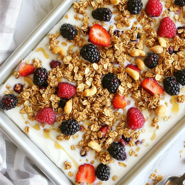 - 2 cups Greek yogurt - 1/4 cup maple syrup - 1 teaspoon vanilla extract - 1 cup granola (store-bought or homemade) - 1/2 cup mixed berries (strawberries, blueberries, raspberries) - 1/4 cup chopped nuts (almonds, walnuts, or pecans) - Pinch of sea salt When I make Maple Granola Yogurt Bark, I love using fresh, high-quality ingredients. Each one plays an important role in the flavor and texture. Greek yogurt is creamy and packed with protein. It forms the base of our bark. I use maple syrup to add sweetness and a rich flavor. The vanilla extract gives it a warm, inviting aroma. Granola adds a delightful crunch. You can go for your favorite store-bought kind or make your own at home. Mixed berries bring a burst of color and freshness. I often mix strawberries, blueberries, and raspberries for variety. Chopped nuts provide additional crunch and healthy fats. I prefer almonds or walnuts, but pecans work well too. A pinch of sea salt at the end brings out all the flavors and makes each bite pop. - Calories per serving: Approximately 150 - Serving size: 1 piece (1/8 of the bark) - Key nutrients: Protein from yogurt, healthy fats from nuts, vitamins from berries With this simple recipe, you create a tasty treat that packs nutrition into every bite. Each ingredient contributes to a well-rounded snack. Enjoy the burst of flavors and the joy of making it! {{ingredient_image_1}} To make Maple Granola Yogurt Bark, you need some basic tools. Here’s what you should gather: - Baking sheet - Parchment paper - Mixing bowl - Spatula - Measuring cups and spoons These items help make the process easier and cleaner. Now, let’s dive into the steps for making this tasty treat. 1. Line the baking sheet: Place parchment paper on your baking sheet. This helps with easy removal later. 2. Mix the yogurt: In your mixing bowl, combine Greek yogurt, maple syrup, and vanilla extract. Stir until you have a smooth mixture. 3. Spread the yogurt: Use a spatula to spread the yogurt mixture evenly on the baking sheet. Aim for a rectangle about 1/2 inch thick. 4. Add the granola: Sprinkle granola evenly over the yogurt. Make sure it covers the surface well. 5. Top with berries and nuts: Next, add mixed berries and chopped nuts on top of the granola. 6. Press down gently: Use the back of your spatula to press the toppings into the yogurt. This helps them stick better. 7. Season with salt: Finally, add a pinch of sea salt on top to enhance the flavors. For even spreading, keep your spatula at a slight angle. This helps you control how thick the yogurt layer is. Now, let’s finish up your bark. Here’s how to add toppings and freeze it: - Adding toppings: Make sure to sprinkle the granola, berries, and nuts evenly. Pressing down lightly helps them stay in place. - Freezing: Place the baking sheet in the freezer. Let it freeze for at least 4 hours. You want it to be completely solid. Once frozen, break or cut the bark into pieces. Enjoy this delicious snack anytime! You can swap Greek yogurt with regular yogurt if needed. Regular yogurt will change the texture a bit but still works well. If you want a dairy-free option, try coconut yogurt. For maple syrup, you can use agave syrup or honey. If you prefer a sugar-free version, look for sugar-free maple syrup. This will keep your bark sweet without added sugar. To make the yogurt creamier, try adding a splash of milk or cream. This helps the yogurt blend smoothly, giving you a nice texture. Balancing sweetness is key. If you find it too sweet, add a pinch of sea salt. It will highlight the flavors and reduce the sweetness in every bite. Serve your Maple Granola Yogurt Bark on a wooden board for a rustic look. A colorful plate will also make it pop. For garnishing, drizzle extra maple syrup over the top. Add a few whole berries as a bright touch. This makes the dish look beautiful and inviting. Pro Tips Use Full-Fat Yogurt: For a creamier texture and richer flavor, opt for full-fat Greek yogurt instead of low-fat or non-fat varieties. Customize Your Toppings: Feel free to mix and match your favorite nuts and fruits. Try adding coconut flakes or chocolate chips for extra flavor. Check Your Freezer: Ensure your freezer is set to the correct temperature for optimal freezing. A very cold freezer can help the bark set faster. Storage Tips: Store any leftover bark in an airtight container in the freezer for up to a month for a quick and healthy snack. {{image_2}} You can change the flavor of your Maple Granola Yogurt Bark easily. Seasonal fruits work great. Try using peaches in summer or apples in fall. Berries add a burst of color and taste, but feel free to experiment. Adding coconut gives a tropical touch. You can also mix in dark chocolate chips for a sweet twist. Chocolate and maple create a lovely balance. If you're looking for vegan options, use coconut yogurt instead of Greek yogurt. Maple syrup is already vegan, which is great! For a gluten-free version, choose gluten-free granola. This way, everyone can enjoy this treat without worry. Get creative with your toppings! Think of using pumpkin seeds, chia seeds, or even dried fruits. You can also combine different yogurt flavors, like vanilla and almond. This adds more layers of taste. The more you mix, the more unique your bark will be! To keep your Maple Granola Yogurt Bark fresh, store it in the freezer. After cutting it, wrap each piece in plastic wrap. You can also place the pieces in an airtight container. This helps prevent freezer burn and keeps the bark tasty. When stored properly, your yogurt bark can last up to three months in the freezer. For the best taste, thaw it in the fridge overnight. This way, you keep the texture smooth and creamy. If your granola loses its crunch, you can easily fix it. Spread it on a baking sheet and bake at 300°F for 10 minutes. This will help it crisp up again. If you have leftover granola, use it in other recipes like oatmeal or yogurt parfaits. It adds great flavor and texture! Maple Granola Yogurt Bark can last in the freezer for about two months. Keep it in an airtight container or wrap it well. This helps to prevent freezer burn and keeps the bark fresh. After two months, the taste might change, but it should still be safe to eat. Yes, you can use low-fat yogurt instead of Greek yogurt. However, it may change the texture. Greek yogurt is thicker and creamier. Low-fat yogurt has more water content, making the bark less firm. If you want a similar texture, you can try straining the low-fat yogurt first. Absolutely! Maple Granola Yogurt Bark is great for meal prep. You can make it in advance and store it in the freezer. Cut it into pieces, and you’ll have a quick snack ready. Just grab a piece when you need a healthy treat. It makes healthy eating easier! This blog post showed you how to make Maple Granola Yogurt Bark with simple ingredients. You learned about the key components, nutritional facts, and easy steps to prepare it. We shared tips for better texture and flavor, plus variations for top-notch taste. Storage tips helped you keep it fresh longer. Creating this treat is rewarding and fun. Enjoy it as a snack or dessert. Feel free to customize it with your favorite toppings. With this guide, you're all set to impress your friends and family with delicious homemade yogurt bark. Enjoy your next culinary adventure!