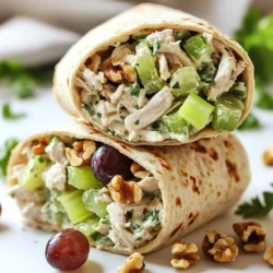 - 2 cups cooked chicken breast, shredded - 1 cup plain Greek yogurt - 1/4 cup Dijon mustard - 1/2 cup celery, finely chopped - 1/2 cup red grapes, halved - 1/4 cup walnuts, chopped - 1 tablespoon honey - 1 tablespoon lemon juice - 1 teaspoon garlic powder - Salt and pepper to taste - 4 large whole wheat tortillas - 1 cup mixed greens or spinach You can change the chicken to turkey for variety. Use low-fat yogurt for a lighter option. If you do not like Dijon mustard, try yellow mustard instead. You can swap walnuts for almonds or pecans if you prefer. For sweetness, agave syrup works well instead of honey. Fresh herbs like dill or parsley can add new flavors. Each wrap has around 350 calories. This meal offers protein, fiber, and healthy fats. Greek yogurt adds calcium and probiotics for gut health. The celery and grapes provide vitamins and minerals. Whole wheat tortillas give you complex carbs for energy. This dish is a healthy choice for lunch or dinner. {{ingredient_image_1}} To start, grab a large mixing bowl. Add 2 cups of shredded chicken breast. This is the heart of our dish. Next, scoop in 1 cup of plain Greek yogurt. This makes the salad creamy and rich. Then, add 1/4 cup of Dijon mustard. This gives it a nice flavor kick. Toss in 1/2 cup of finely chopped celery for crunch. Now, add 1/2 cup of halved red grapes for sweetness. This mix of flavors is what makes this salad special. Next, add 1/4 cup of chopped walnuts for a nutty taste. To sweeten it up, add 1 tablespoon of honey. Squeeze in 1 tablespoon of lemon juice for freshness. Don't forget 1 teaspoon of garlic powder for extra flavor. Finally, season with salt and pepper to your liking. Stir gently until everything is mixed well. Now it’s time to wrap. Lay out 4 large whole wheat tortillas on a clean surface. Place a handful of mixed greens or spinach in the center of each tortilla. This adds color and nutrients. Spoon the chicken salad mixture onto the greens. Make sure not to overfill; we want easy-to-handle wraps. Next, fold in the sides of the tortilla. This keeps the filling from spilling out. Then, roll tightly from the bottom to the top. This creates a nice, neat wrap. If you like, slice the wraps in half diagonally. This makes them easy to eat and share. To serve, arrange the wraps on a platter. For a fun touch, garnish with extra grape halves or a sprinkle of chopped walnuts. This adds texture and looks appealing. Pair your wraps with a side of fresh fruit. This brings a refreshing touch to your meal. Enjoy your Greek yogurt chicken salad wraps! To make the best chicken salad, use fresh chicken breast. Cook it until it's juicy and tender. Boil, grill, or roast the chicken for great flavor. Avoid overcooking, as this can make the chicken dry. Let the chicken cool before shredding. I like to use my hands for shredding; it’s quick and fun! You can change this recipe to suit your taste. For a spicy kick, add chopped jalapeños. If you love herbs, mix in fresh dill or parsley. To add more crunch, use diced bell peppers or carrots. Swap walnuts for pecans or almonds for a different nutty flavor. You can also use flavored Greek yogurt for added zest. If you plan to make these wraps ahead of time, store the chicken salad separately. Keep it in an airtight container in the fridge. Wraps will get soggy if made too early. You can prepare the chicken salad up to three days in advance. When ready to eat, assemble the wraps fresh for the best taste. Pro Tips Use Leftover Chicken: For a time-saving twist, use leftover rotisserie chicken or any pre-cooked chicken to make this recipe even quicker. Customize Ingredients: Feel free to substitute with your favorite nuts or fruits, such as almonds or apples, to give the salad a unique flavor. Chill Before Serving: Allow the chicken salad to chill in the refrigerator for at least 30 minutes before serving for enhanced flavor. Wrap Storage: Wrap the tortillas tightly in plastic wrap or foil if not serving immediately to keep them fresh and prevent them from drying out. {{image_2}} You can switch up the flavors in your Greek yogurt chicken salad wraps. Try using different fruits like apples or cranberries for a sweet twist. You might also add diced bell peppers for a crunchy bite. If you prefer a bit of heat, mix in some diced jalapeños. You can even use flavored Greek yogurt, like herb or garlic, to add depth. Each change can bring a new taste to this meal. If you want a vegetarian version, replace chicken with chickpeas or tofu. Both options add protein and texture. For a vegan twist, choose a plant-based yogurt instead of Greek yogurt. You can also use avocado to add creaminess. A mix of veggies, like carrots and cucumbers, can enhance flavor and freshness. This way, you can enjoy a delicious wrap without any animal products. For those with gluten issues, use gluten-free tortillas instead of whole wheat. You can also make this dish dairy-free by using almond or coconut yogurt. For nut allergies, leave out walnuts and try sunflower seeds for crunch. Adjusting the ingredients lets everyone enjoy this tasty wrap while sticking to their diets. Always check labels to ensure all ingredients meet your needs. Store leftover wraps in an airtight container. This keeps them fresh and tasty. You can also wrap them tightly in plastic wrap. Make sure to eat them within three days for the best flavor. Freezing wraps is a great way to save time. First, wrap each one in plastic wrap. Then place them in a freezer-safe bag. They can last up to three months in the freezer. When you want to eat them, just thaw them in the fridge overnight. These wraps are safe to eat for about three days in the fridge. Check for any signs of spoilage before eating. If they smell bad or look off, it’s best to throw them away. Always prioritize safety when it comes to food. Yes, you can use store-bought chicken. Rotisserie chicken works great. It saves time, and the flavor is fantastic. Just shred it and mix it into your salad. This makes meal prep fast and easy. To make this recipe gluten-free, choose gluten-free tortillas. Many stores sell these now. You can also serve the chicken salad in lettuce wraps. This keeps the dish light and fresh while staying gluten-free. Great sides for these wraps include fresh fruit, chips, or a salad. A simple green salad pairs well too. You could even serve some yogurt on the side. This adds creaminess and pairs nicely with the chicken salad. This blog post covered all you need for a great chicken salad wrap. We explored key ingredients, easy prep steps, and tasty serving tips. You now have tricks for cooking chicken and know how to store leftovers. Different flavor options let you customize your wraps. Always consider dietary needs and how to keep your food safe. With this guide, you can create delicious meals that everyone will enjoy. Use these tips and enjoy your cooking journey!