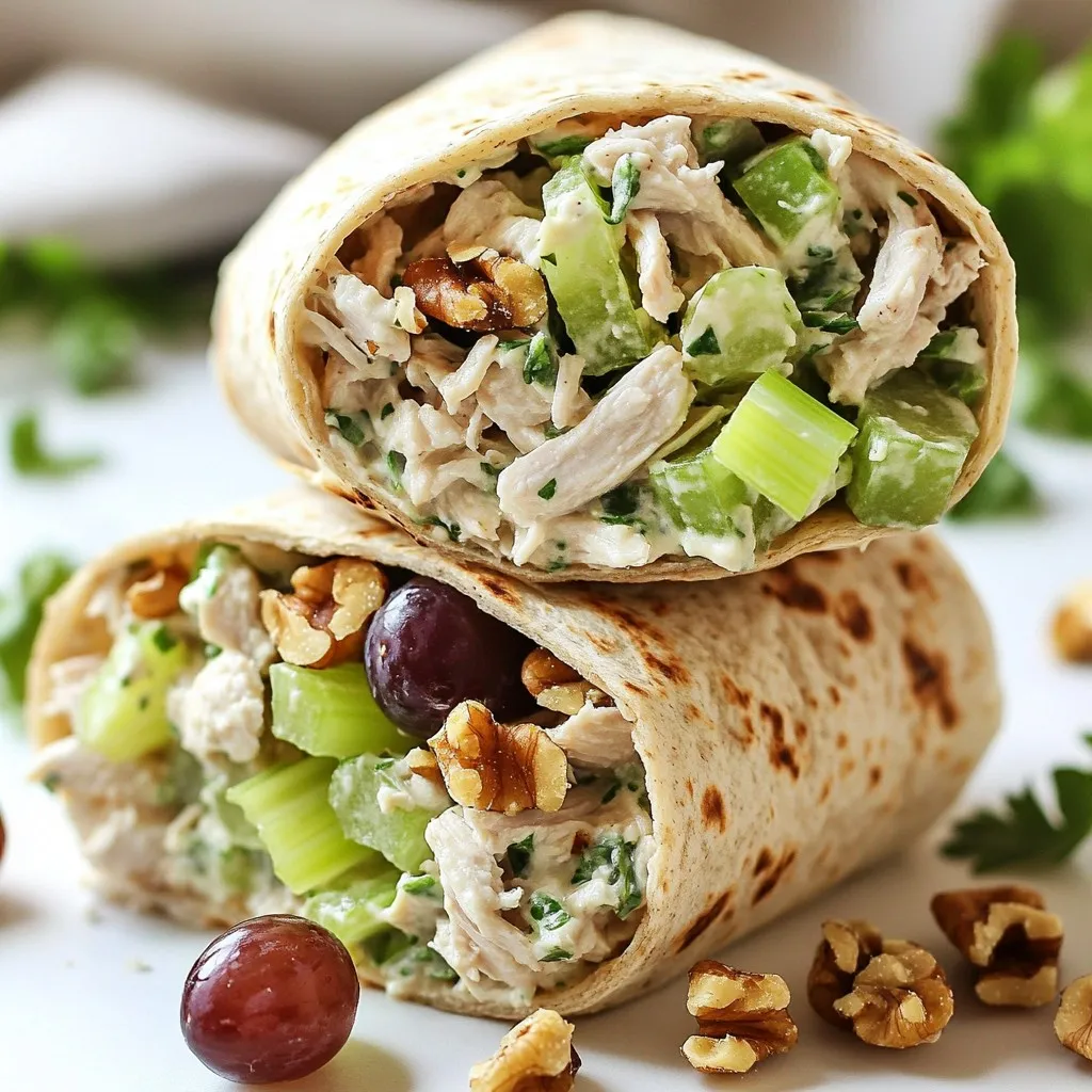 - 2 cups cooked chicken breast, shredded - 1 cup plain Greek yogurt - 1/4 cup Dijon mustard - 1/2 cup celery, finely chopped - 1/2 cup red grapes, halved - 1/4 cup walnuts, chopped - 1 tablespoon honey - 1 tablespoon lemon juice - 1 teaspoon garlic powder - Salt and pepper to taste - 4 large whole wheat tortillas - 1 cup mixed greens or spinach You can change the chicken to turkey for variety. Use low-fat yogurt for a lighter option. If you do not like Dijon mustard, try yellow mustard instead. You can swap walnuts for almonds or pecans if you prefer. For sweetness, agave syrup works well instead of honey. Fresh herbs like dill or parsley can add new flavors. Each wrap has around 350 calories. This meal offers protein, fiber, and healthy fats. Greek yogurt adds calcium and probiotics for gut health. The celery and grapes provide vitamins and minerals. Whole wheat tortillas give you complex carbs for energy. This dish is a healthy choice for lunch or dinner. {{ingredient_image_1}} To start, grab a large mixing bowl. Add 2 cups of shredded chicken breast. This is the heart of our dish. Next, scoop in 1 cup of plain Greek yogurt. This makes the salad creamy and rich. Then, add 1/4 cup of Dijon mustard. This gives it a nice flavor kick. Toss in 1/2 cup of finely chopped celery for crunch. Now, add 1/2 cup of halved red grapes for sweetness. This mix of flavors is what makes this salad special. Next, add 1/4 cup of chopped walnuts for a nutty taste. To sweeten it up, add 1 tablespoon of honey. Squeeze in 1 tablespoon of lemon juice for freshness. Don't forget 1 teaspoon of garlic powder for extra flavor. Finally, season with salt and pepper to your liking. Stir gently until everything is mixed well. Now it’s time to wrap. Lay out 4 large whole wheat tortillas on a clean surface. Place a handful of mixed greens or spinach in the center of each tortilla. This adds color and nutrients. Spoon the chicken salad mixture onto the greens. Make sure not to overfill; we want easy-to-handle wraps. Next, fold in the sides of the tortilla. This keeps the filling from spilling out. Then, roll tightly from the bottom to the top. This creates a nice, neat wrap. If you like, slice the wraps in half diagonally. This makes them easy to eat and share. To serve, arrange the wraps on a platter. For a fun touch, garnish with extra grape halves or a sprinkle of chopped walnuts. This adds texture and looks appealing. Pair your wraps with a side of fresh fruit. This brings a refreshing touch to your meal. Enjoy your Greek yogurt chicken salad wraps! To make the best chicken salad, use fresh chicken breast. Cook it until it's juicy and tender. Boil, grill, or roast the chicken for great flavor. Avoid overcooking, as this can make the chicken dry. Let the chicken cool before shredding. I like to use my hands for shredding; it’s quick and fun! You can change this recipe to suit your taste. For a spicy kick, add chopped jalapeños. If you love herbs, mix in fresh dill or parsley. To add more crunch, use diced bell peppers or carrots. Swap walnuts for pecans or almonds for a different nutty flavor. You can also use flavored Greek yogurt for added zest. If you plan to make these wraps ahead of time, store the chicken salad separately. Keep it in an airtight container in the fridge. Wraps will get soggy if made too early. You can prepare the chicken salad up to three days in advance. When ready to eat, assemble the wraps fresh for the best taste. Pro Tips Use Leftover Chicken: For a time-saving twist, use leftover rotisserie chicken or any pre-cooked chicken to make this recipe even quicker. Customize Ingredients: Feel free to substitute with your favorite nuts or fruits, such as almonds or apples, to give the salad a unique flavor. Chill Before Serving: Allow the chicken salad to chill in the refrigerator for at least 30 minutes before serving for enhanced flavor. Wrap Storage: Wrap the tortillas tightly in plastic wrap or foil if not serving immediately to keep them fresh and prevent them from drying out. {{image_2}} You can switch up the flavors in your Greek yogurt chicken salad wraps. Try using different fruits like apples or cranberries for a sweet twist. You might also add diced bell peppers for a crunchy bite. If you prefer a bit of heat, mix in some diced jalapeños. You can even use flavored Greek yogurt, like herb or garlic, to add depth. Each change can bring a new taste to this meal. If you want a vegetarian version, replace chicken with chickpeas or tofu. Both options add protein and texture. For a vegan twist, choose a plant-based yogurt instead of Greek yogurt. You can also use avocado to add creaminess. A mix of veggies, like carrots and cucumbers, can enhance flavor and freshness. This way, you can enjoy a delicious wrap without any animal products. For those with gluten issues, use gluten-free tortillas instead of whole wheat. You can also make this dish dairy-free by using almond or coconut yogurt. For nut allergies, leave out walnuts and try sunflower seeds for crunch. Adjusting the ingredients lets everyone enjoy this tasty wrap while sticking to their diets. Always check labels to ensure all ingredients meet your needs. Store leftover wraps in an airtight container. This keeps them fresh and tasty. You can also wrap them tightly in plastic wrap. Make sure to eat them within three days for the best flavor. Freezing wraps is a great way to save time. First, wrap each one in plastic wrap. Then place them in a freezer-safe bag. They can last up to three months in the freezer. When you want to eat them, just thaw them in the fridge overnight. These wraps are safe to eat for about three days in the fridge. Check for any signs of spoilage before eating. If they smell bad or look off, it’s best to throw them away. Always prioritize safety when it comes to food. Yes, you can use store-bought chicken. Rotisserie chicken works great. It saves time, and the flavor is fantastic. Just shred it and mix it into your salad. This makes meal prep fast and easy. To make this recipe gluten-free, choose gluten-free tortillas. Many stores sell these now. You can also serve the chicken salad in lettuce wraps. This keeps the dish light and fresh while staying gluten-free. Great sides for these wraps include fresh fruit, chips, or a salad. A simple green salad pairs well too. You could even serve some yogurt on the side. This adds creaminess and pairs nicely with the chicken salad. This blog post covered all you need for a great chicken salad wrap. We explored key ingredients, easy prep steps, and tasty serving tips. You now have tricks for cooking chicken and know how to store leftovers. Different flavor options let you customize your wraps. Always consider dietary needs and how to keep your food safe. With this guide, you can create delicious meals that everyone will enjoy. Use these tips and enjoy your cooking journey!
