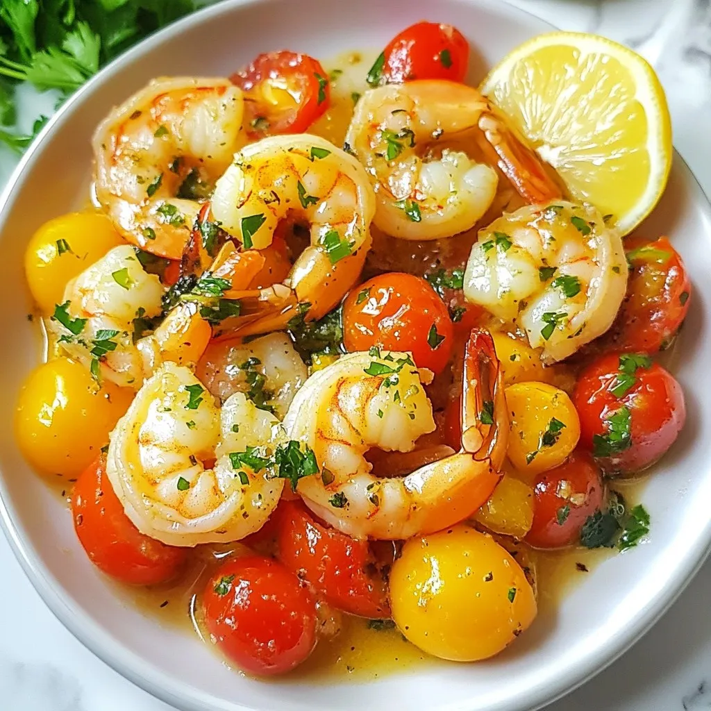 - 1 lb large shrimp, peeled and deveined - 3 tablespoons unsalted butter - 6 cloves garlic, minced - 1 cup cherry tomatoes, halved - 1 teaspoon red pepper flakes - Salt and pepper, to taste - 2 tablespoons fresh parsley, chopped - Juice of 1 lemon - 1 teaspoon lemon zest - Shrimp substitutes: You can use scallops, chicken, or tofu for a different taste. - Butter alternatives: Try olive oil or ghee if you want a dairy-free option. - Other seasoning options: Add fresh herbs like basil or thyme for more flavor. When making this dish, I love to use fresh shrimp. They give the best taste. Always choose shrimp that are firm and smell like the ocean. For the butter, unsalted is best. It lets the flavors shine. If you want a healthier option, olive oil works great. Cherry tomatoes add a sweet touch and bright color. If they are out of season, use canned tomatoes instead. Just drain them well before using. For seasoning, red pepper flakes bring some heat. Adjust it based on your taste. Fresh parsley not only adds color but also a fresh taste. Lemon juice and zest brighten up the whole dish. You can never go wrong with these simple yet powerful ingredients. {{ingredient_image_1}} 1. Melt 3 tablespoons of unsalted butter in a large skillet over medium heat. 2. Add 6 cloves of minced garlic and 1 teaspoon of red pepper flakes to the skillet. Sauté them for about 1-2 minutes until you smell their great aroma. Be careful not to let the garlic burn. 1. Toss in 1 cup of halved cherry tomatoes. Cook them for 3-4 minutes until they soften and release their juices. 2. Season the mix with salt, pepper, juice from 1 lemon, and 1 teaspoon of lemon zest. Stir well to blend all the flavors. 3. Add 1 pound of peeled and deveined large shrimp to the skillet. Cook them for 3-5 minutes, stirring often until they turn pink and opaque. 1. Once cooked, take the skillet off the heat. Adjust the seasonings if needed. 2. Garnish your dish with 2 tablespoons of fresh chopped parsley before serving. How to avoid overcooking shrimp: To keep shrimp tender, cook them just until they turn pink. This usually takes about 3-5 minutes. You can check by cutting one in half. If it is opaque all the way through, it's done. Remove them from heat right away to prevent overcooking. Best practices for sautéing garlic: When sautéing garlic, use medium heat. This helps to release its sweet flavor. Add the garlic after the butter melts. Stir it for 1-2 minutes until it smells great. Watch it closely, as burnt garlic can taste bitter. If you see it turning brown, lower the heat. Ideas for side dishes to complement the meal: Pair this dish with a fresh salad or steamed veggies. Rice or pasta also work well to soak up the garlic butter sauce. For a crunchy touch, serve with garlic bread or toasted baguette slices. Recommended wine pairings: A light white wine like Sauvignon Blanc fits well with shrimp. Its crisp taste complements the garlic and lemon flavors. Another good choice is a Pinot Grigio. Both wines enhance the meal without overpowering it. How to serve for the best visual appeal: Serve the Garlic Butter Tomato Shrimp in shallow bowls. This allows the colors to shine. Drizzle extra garlic butter sauce on top for a glossy finish. Add lemon wedges and more parsley to brighten the dish. Plating techniques for a gourmet look: For a gourmet touch, stack the shrimp and tomatoes. Place them in a circular pattern. Use a spoon to create a small well in the center for the sauce. This simple step adds elegance to your meal. Pro Tips Fresh Shrimp is Key: Always choose the freshest shrimp available for the best flavor and texture. If possible, buy shrimp that are still in their shells for maximum freshness. Don’t Overcook the Shrimp: Shrimp cook quickly and become rubbery if overcooked. Watch for them to turn pink and opaque, which usually takes about 3-5 minutes. Customize the Heat: Adjust the amount of red pepper flakes according to your spice preference. You can also add a splash of hot sauce for an extra kick! Use Quality Butter: Opt for high-quality unsalted butter to enhance the richness of the dish. It makes a significant difference in the overall flavor. {{image_2}} To make Garlic Butter Tomato Shrimp gluten-free, you can use gluten-free butter. Most butter is already gluten-free, but check the label. For a dairy-free option, swap the butter for olive oil or a dairy-free butter spread. This keeps the dish rich and tasty without dairy. For vegan adaptations, replace the shrimp with plant-based proteins like tofu or tempeh. You can marinate the tofu in lemon juice and spices before cooking. This keeps the flavors bold while staying plant-based. To boost the flavor, consider adding fresh herbs like basil or thyme. These herbs add a fragrant note that brightens the dish. You can also sprinkle in spices like paprika or cumin for a unique twist. Incorporating vegetables is a great way to add nutrition. You might try adding spinach or bell peppers. These add color and extra vitamins without changing the dish's core flavor. For a Mediterranean flair, add olives or capers. These salty elements pair well with the shrimp and tomatoes. You can also drizzle with balsamic glaze for a sweet finish. If you want an Asian-inspired twist, use sesame oil instead of butter. Add some ginger and soy sauce for a flavorful kick. Top with green onions or sesame seeds to complete the dish. To store leftovers, place garlic butter tomato shrimp in an airtight container. Keep it in the fridge for up to three days. When you want to enjoy it again, reheat gently. Use a skillet over low heat for a few minutes. This keeps the shrimp tender. You can also use a microwave. Heat in short bursts until warm, stirring in between. Yes, you can freeze garlic butter shrimp! It keeps well for up to three months. To freeze, let the dish cool completely. Then, transfer it to a freezer-safe bag or container. Remove as much air as possible. When you're ready to eat, thaw overnight in the fridge. To reheat, warm it in a skillet over low heat. Add a splash of lemon juice to refresh the flavors. Enjoy your meal as if it were freshly made! How long does it take to cook shrimp? Cooking shrimp takes about 3 to 5 minutes. You want them to turn pink and opaque. Overcooking can make them tough. Keep an eye on them as they cook. Can I use frozen shrimp for this recipe? Yes, you can use frozen shrimp. Just thaw them first. You can do this by placing them in cold water for about 15 minutes. Pat them dry before cooking to avoid extra water in the dish. How to scale the recipe for more or fewer servings To scale the recipe, simply multiply or divide the ingredients. For example, for eight servings, use 2 pounds of shrimp and double the other ingredients. Adjust cooking time as needed. Substitutions for missing ingredients If you lack an ingredient, you can make swaps. Use olive oil instead of butter. If you do not have cherry tomatoes, you can use diced regular tomatoes. Fresh parsley can be swapped for basil for a different flavor. Overview of calories and macronutrients per serving One serving has about 300 calories. It includes around 20g of protein, 15g of fat, and 6g of carbs. This recipe is rich in flavor while providing good nutrition. Health benefits of the main ingredients Shrimp is high in protein and low in calories. Garlic has benefits for heart health. Tomatoes provide vitamins and antioxidants. Fresh parsley adds nutrients and flavor. Using lemon juice adds vitamin C and brightens the dish. This recipe shows how simple ingredients create a delicious garlic butter shrimp dish. Remember to choose fresh shrimp and adjust flavors to suit your taste. You can also try different proteins or spice levels to mix things up. Use these tips for great cooking and serving. Whether you're a novice or a pro, this dish can impress anyone. Enjoy your cooking adventure and taste test different variations to find your perfect dish!