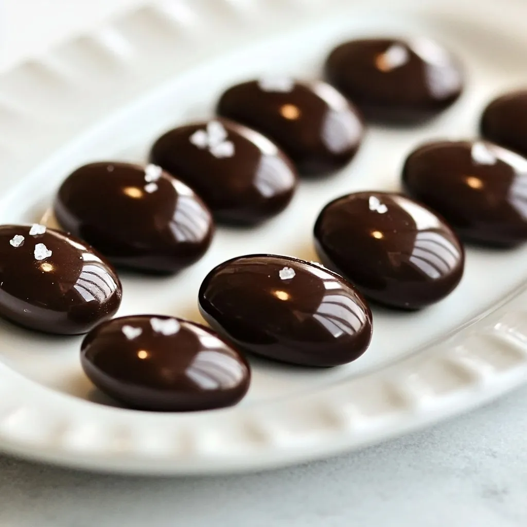 - 1 cup roasted espresso beans - 1 cup dark chocolate chips (at least 70% cacao) - 1 tablespoon coconut oil - 1 teaspoon vanilla extract - Sea salt (for garnish) You need three main items for your chocolate-covered espresso beans. First, use 1 cup of roasted espresso beans. They give a great flavor. Next, grab 1 cup of dark chocolate chips. Look for chips with at least 70% cacao for a rich taste. Finally, add 1 tablespoon of coconut oil. This helps the chocolate melt smoothly. You can also add a few optional items. A teaspoon of vanilla extract adds a lovely note to the chocolate. Lastly, sprinkle some sea salt on top for a sweet and salty crunch. These simple ingredients create a treat that is both rich and tasty. You can enjoy them as a snack or gift them to friends. {{ingredient_image_1}} First, grab a baking sheet. Line it with parchment paper. This helps the beans not to stick. It makes clean-up easy too. Next, take a medium bowl and add the dark chocolate chips and coconut oil. If you want, add 1 teaspoon of vanilla extract for extra flavor. Place this bowl over a pot of simmering water. This is called the double boiler method. Stir gently until the chocolate is smooth and melted. Be careful, no water should touch the chocolate. If it does, the chocolate might seize up. Once the chocolate is ready, take it off the heat. Add 1 cup of roasted espresso beans to the bowl. Stir them gently so each bean gets coated in chocolate. Use a fork or slotted spoon to lift the beans out. Let the extra chocolate drip off. Place the beans on the lined baking sheet in a single layer. Now for the fun part! Lightly sprinkle sea salt over the chocolate-covered beans. This adds a nice flavor contrast. Put the baking sheet in the refrigerator. Let the beans chill for about 30 minutes until the chocolate is firm. After that, take them out. If any beans are stuck together, you can break them apart easily. Enjoy your tasty treat! To get the best chocolate coating, keep water away from the chocolate. Water can make the chocolate clump. When you melt the chocolate, use a double boiler. This helps the chocolate melt evenly. After coating the beans, let the chocolate set properly. I recommend refrigerating them for about 30 minutes. This ensures the chocolate will harden well. You can change the flavor of the chocolate-covered beans easily. Try adding spices like cinnamon or nutmeg for a warm taste. You can also mix in a splash of almond or mint extract. If you want something crunchy, add chopped nuts or dried fruit. These small changes can make your treat even more special. Pro Tips Choose Quality Chocolate: Opt for high-quality dark chocolate with at least 70% cacao for a richer flavor and better melting properties. Keep it Dry: Ensure all your utensils and the bowl are completely dry, as any moisture can cause the chocolate to seize and become unusable. Experiment with Flavors: Try adding different extracts like almond or orange to the melted chocolate for a unique twist on flavor. Store Properly: Keep the chocolate-covered espresso beans in an airtight container at room temperature for up to two weeks to maintain their freshness. {{image_2}} You can use different types of chocolate for your beans. Milk chocolate is sweet and creamy. It gives a mild flavor. Dark chocolate has a rich taste and is less sweet. I love using dark chocolate with at least 70% cacao. It adds depth to the beans. White chocolate is another option. It is sweet and works well for a different twist. Each type of chocolate changes the taste. Try them all to see which you like best! You can make your chocolate-covered espresso beans even better with flavors. Adding spices like cinnamon gives warmth. A dash of cayenne pepper adds heat for a surprise kick. Both spices pair well with chocolate and espresso. You can also add crushed nuts or dried fruits. Almonds or hazelnuts add crunch. Dried cherries or cranberries bring tartness. These additions create a unique flavor profile. Mix and match to find your favorite! To keep your chocolate-covered espresso beans fresh, use airtight containers. This helps prevent moisture from getting in. A glass jar or a plastic container with a tight lid works well. Store them in a cool, dry place. The ideal storage temperature is between 60°F and 70°F. Avoid keeping them near heat sources or direct sunlight. Chocolate-covered espresso beans can last up to two weeks when stored properly. After that, they may start to lose flavor. Watch for signs of spoilage. If the chocolate becomes white or dull, it has likely bloomed. If the beans smell off or taste stale, it’s best to toss them. To make chocolate-covered espresso beans, start with a few simple steps. First, line a baking sheet with parchment paper. This helps the beans not stick. Then, melt dark chocolate chips with coconut oil in a heatproof bowl over simmering water. Stir until the chocolate is smooth. Next, mix in the roasted espresso beans until each bean is coated. Use a fork to lift the beans and let the extra chocolate drip off. Place them on the baking sheet. Sprinkle a little sea salt on top. Finally, chill the beans in the fridge for about 30 minutes until the chocolate sets. Chocolate-covered espresso beans can be a healthy treat in moderation. They contain antioxidants from dark chocolate. Antioxidants help protect your body from damage. Espresso beans offer some caffeine, which can boost energy. However, be cautious with portions. Eating too many can lead to excess caffeine. Some people may feel jittery or anxious. The dark chocolate also has sugar and fat, so balance is key. Enjoying a few can be part of a healthy diet. You can find chocolate-covered espresso beans at many places. Local coffee shops often sell them. Check specialty candy stores too. If you prefer online shopping, sites like Amazon and specialty food stores have great options. Look for brands that use high-quality ingredients. Always read reviews to find the best product for you. You now have a simple and fun guide to making chocolate-covered espresso beans. Start with quality ingredients like espresso beans and dark chocolate. Follow the easy steps to melt, coat, and set your beans. Remember to store them well for lasting freshness. You can play with flavors too, using spices or different types of chocolate. Enjoy your tasty treat while savoring the great balance of coffee and chocolate. It’s a delicious blend you won’t want to miss!