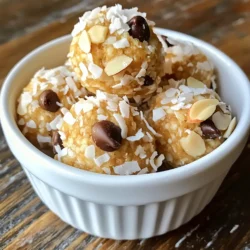 - 1 cup rolled oats - 1/2 cup almond butter - 1/4 cup honey or maple syrup - 1/2 cup shredded unsweetened coconut - 1/4 cup chopped almonds - 1/4 cup dark chocolate chips - 1 teaspoon vanilla extract - A pinch of salt Gathering the right ingredients is the first step to making your Almond Joy Energy Bites. Each item plays a key role in the taste and texture. Start with rolled oats. They form the base and give a nice chew. Almond butter adds a rich creaminess. You can choose between honey or maple syrup for sweetness. Shredded coconut gives a tropical twist. It makes these bites feel like a treat. Chopped almonds add a crunch that makes every bite fun. Dark chocolate chips bring a touch of indulgence. They melt in your mouth, adding a sweet note. Lastly, vanilla extract and a pinch of salt enhance the flavors. Together, these ingredients create a delicious, balanced snack. Make sure to measure everything accurately. This ensures each bite tastes just right. Enjoy the process of gathering these tasty items! {{ingredient_image_1}} 1. Mixing dry ingredients: Start with a big bowl. Add 1 cup of rolled oats and 1/2 cup of shredded coconut. Stir them well. This mix gives the bites a chewy texture. 2. Combining wet ingredients: In a small bowl, mix 1/2 cup of almond butter, 1/4 cup of honey (or maple syrup), 1 teaspoon of vanilla extract, and a pinch of salt. Blend until smooth. This mixture adds great flavor and helps bind everything. 3. Mixing everything together: Pour the almond butter mix into the bowl with oats and coconut. Stir until all the dry ingredients are covered. Then, fold in 1/4 cup of chopped almonds and 1/4 cup of dark chocolate chips. Make sure they are spread out evenly. 1. Chill time explanation: Cover the bowl and place it in the fridge for about 30 minutes. Chilling helps the mixture firm up. This makes it easier to shape the bites. 2. Rolling into bites: After chilling, take the mixture out. Use your hands to roll it into small balls, about 1 inch wide. This is where the fun begins! 3. Setting on baking sheet: Line a baking sheet with parchment paper. Place the rolled bites on the sheet. Once all are on, put them back in the fridge for another 30 minutes. This helps them set and keeps them firm. To get the best texture for your Almond Joy Energy Bites, use the right amounts of oats and almond butter. The oats give structure, while the almond butter binds everything together. If the mix feels too dry, add a bit more almond butter. For flavor, think about adding a pinch of cinnamon or a splash of almond extract. These small changes can make a big difference. If you love chocolate, try adding more dark chocolate chips. Chill the mixture for at least 30 minutes. This step helps the bites firm up. If they are too soft, they won’t hold their shape. After rolling them, chill again for another 30 minutes. This step makes them perfect for snacking. Make your Almond Joy Energy Bites look extra special. Use a pretty bowl for serving. Arrange the bites in a circle or stack them high for a fun look. You can also sprinkle some shredded coconut on top for a nice touch. Another fun idea is to serve them in paper cups. This makes it easy for guests to grab one. For a bit of flair, try drizzling melted dark chocolate over the bites. This adds taste and makes them look fancy. Pro Tips Use Fresh Ingredients: Opt for fresh almond butter and high-quality dark chocolate chips for the best flavor. Adjust Sweetness: Depending on your taste, you can modify the amount of honey or maple syrup to suit your preference. Experiment with Mix-ins: Feel free to add other mix-ins like chia seeds, flaxseeds, or dried fruits for added nutrition and flavor. Storage Tips: Store these energy bites in an airtight container in the refrigerator for up to a week for optimal freshness. {{image_2}} You can switch nut butters if you want. Try peanut butter for a different taste. Sunflower seed butter works well too. Each option changes the flavor but keeps it fun. For sweeteners, honey and maple syrup are great choices. You can also use agave syrup. Just remember, each sweetener may change how sweet your bites taste. Adding spices or extracts can give your bites a new kick. Try a hint of cinnamon or nutmeg for warmth. A drop of almond or coconut extract adds depth too. Mix-ins can change the texture and taste. Add dried fruit like cranberries or raisins for chewiness. Nuts like walnuts or pecans can add crunch. You can even toss in some chia seeds for extra nutrition. To keep your Almond Joy Energy Bites fresh, store them in the fridge. Place them in an airtight container. This helps keep moisture out and flavors in. They can last a week in the fridge. If you want to save them longer, try freezing. Simply place the energy bites in a freezer-safe bag. Make sure to remove as much air as possible. They’ll stay good for about three months in the freezer. How long do they last? In the fridge, these bites last about a week. In the freezer, they can last up to three months. Signs of spoilage include an off smell or changes in color. If they feel sticky or slimy, toss them out. Always trust your senses when deciding if food is safe to eat. Can I use different nuts? Yes, you can. Feel free to swap almonds for walnuts or pecans. Each nut brings a unique taste and crunch. Just make sure to chop them for a better mix. What if I don’t have almond butter? If you lack almond butter, peanut butter works too! It adds a nice flavor, but the bites may taste a bit different. You might also try cashew butter. Are these gluten-free? Yes, these energy bites are gluten-free. Just ensure your oats are labeled gluten-free. This keeps the snack safe for those with gluten sensitivities. Calories per serving Each serving has about 150 calories. This makes them a great snack option that fills you up without overloading on calories. Health benefits of ingredients - Rolled oats provide fiber and help with digestion. - Almond butter offers healthy fats and protein. - Shredded coconut gives you energy and boosts heart health. - Dark chocolate chips add antioxidants, making the bites a sweet treat with benefits! This blog post covered a tasty recipe for no-bake bites, listing ingredients and steps. You learned how to mix, chill, and shape these snacks. I shared tips for perfecting the texture and flavor. Different variations allow you to customize the bites to your liking. Proper storage methods keep them fresh longer. Remember, these snacks are easy to make and healthy to eat. Enjoy experimenting and creating your own fun twists!