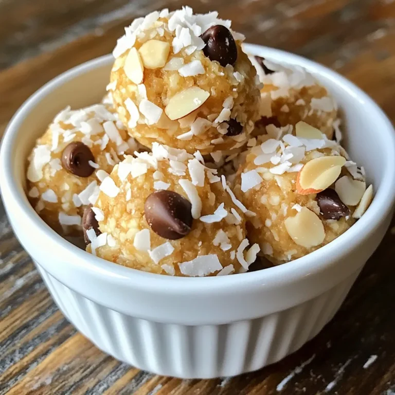 - 1 cup rolled oats - 1/2 cup almond butter - 1/4 cup honey or maple syrup - 1/2 cup shredded unsweetened coconut - 1/4 cup chopped almonds - 1/4 cup dark chocolate chips - 1 teaspoon vanilla extract - A pinch of salt Gathering the right ingredients is the first step to making your Almond Joy Energy Bites. Each item plays a key role in the taste and texture. Start with rolled oats. They form the base and give a nice chew. Almond butter adds a rich creaminess. You can choose between honey or maple syrup for sweetness. Shredded coconut gives a tropical twist. It makes these bites feel like a treat. Chopped almonds add a crunch that makes every bite fun. Dark chocolate chips bring a touch of indulgence. They melt in your mouth, adding a sweet note. Lastly, vanilla extract and a pinch of salt enhance the flavors. Together, these ingredients create a delicious, balanced snack. Make sure to measure everything accurately. This ensures each bite tastes just right. Enjoy the process of gathering these tasty items! {{ingredient_image_1}} 1. Mixing dry ingredients: Start with a big bowl. Add 1 cup of rolled oats and 1/2 cup of shredded coconut. Stir them well. This mix gives the bites a chewy texture. 2. Combining wet ingredients: In a small bowl, mix 1/2 cup of almond butter, 1/4 cup of honey (or maple syrup), 1 teaspoon of vanilla extract, and a pinch of salt. Blend until smooth. This mixture adds great flavor and helps bind everything. 3. Mixing everything together: Pour the almond butter mix into the bowl with oats and coconut. Stir until all the dry ingredients are covered. Then, fold in 1/4 cup of chopped almonds and 1/4 cup of dark chocolate chips. Make sure they are spread out evenly. 1. Chill time explanation: Cover the bowl and place it in the fridge for about 30 minutes. Chilling helps the mixture firm up. This makes it easier to shape the bites. 2. Rolling into bites: After chilling, take the mixture out. Use your hands to roll it into small balls, about 1 inch wide. This is where the fun begins! 3. Setting on baking sheet: Line a baking sheet with parchment paper. Place the rolled bites on the sheet. Once all are on, put them back in the fridge for another 30 minutes. This helps them set and keeps them firm. To get the best texture for your Almond Joy Energy Bites, use the right amounts of oats and almond butter. The oats give structure, while the almond butter binds everything together. If the mix feels too dry, add a bit more almond butter. For flavor, think about adding a pinch of cinnamon or a splash of almond extract. These small changes can make a big difference. If you love chocolate, try adding more dark chocolate chips. Chill the mixture for at least 30 minutes. This step helps the bites firm up. If they are too soft, they won’t hold their shape. After rolling them, chill again for another 30 minutes. This step makes them perfect for snacking. Make your Almond Joy Energy Bites look extra special. Use a pretty bowl for serving. Arrange the bites in a circle or stack them high for a fun look. You can also sprinkle some shredded coconut on top for a nice touch. Another fun idea is to serve them in paper cups. This makes it easy for guests to grab one. For a bit of flair, try drizzling melted dark chocolate over the bites. This adds taste and makes them look fancy. Pro Tips Use Fresh Ingredients: Opt for fresh almond butter and high-quality dark chocolate chips for the best flavor. Adjust Sweetness: Depending on your taste, you can modify the amount of honey or maple syrup to suit your preference. Experiment with Mix-ins: Feel free to add other mix-ins like chia seeds, flaxseeds, or dried fruits for added nutrition and flavor. Storage Tips: Store these energy bites in an airtight container in the refrigerator for up to a week for optimal freshness. {{image_2}} You can switch nut butters if you want. Try peanut butter for a different taste. Sunflower seed butter works well too. Each option changes the flavor but keeps it fun. For sweeteners, honey and maple syrup are great choices. You can also use agave syrup. Just remember, each sweetener may change how sweet your bites taste. Adding spices or extracts can give your bites a new kick. Try a hint of cinnamon or nutmeg for warmth. A drop of almond or coconut extract adds depth too. Mix-ins can change the texture and taste. Add dried fruit like cranberries or raisins for chewiness. Nuts like walnuts or pecans can add crunch. You can even toss in some chia seeds for extra nutrition. To keep your Almond Joy Energy Bites fresh, store them in the fridge. Place them in an airtight container. This helps keep moisture out and flavors in. They can last a week in the fridge. If you want to save them longer, try freezing. Simply place the energy bites in a freezer-safe bag. Make sure to remove as much air as possible. They’ll stay good for about three months in the freezer. How long do they last? In the fridge, these bites last about a week. In the freezer, they can last up to three months. Signs of spoilage include an off smell or changes in color. If they feel sticky or slimy, toss them out. Always trust your senses when deciding if food is safe to eat. Can I use different nuts? Yes, you can. Feel free to swap almonds for walnuts or pecans. Each nut brings a unique taste and crunch. Just make sure to chop them for a better mix. What if I don’t have almond butter? If you lack almond butter, peanut butter works too! It adds a nice flavor, but the bites may taste a bit different. You might also try cashew butter. Are these gluten-free? Yes, these energy bites are gluten-free. Just ensure your oats are labeled gluten-free. This keeps the snack safe for those with gluten sensitivities. Calories per serving Each serving has about 150 calories. This makes them a great snack option that fills you up without overloading on calories. Health benefits of ingredients - Rolled oats provide fiber and help with digestion. - Almond butter offers healthy fats and protein. - Shredded coconut gives you energy and boosts heart health. - Dark chocolate chips add antioxidants, making the bites a sweet treat with benefits! This blog post covered a tasty recipe for no-bake bites, listing ingredients and steps. You learned how to mix, chill, and shape these snacks. I shared tips for perfecting the texture and flavor. Different variations allow you to customize the bites to your liking. Proper storage methods keep them fresh longer. Remember, these snacks are easy to make and healthy to eat. Enjoy experimenting and creating your own fun twists!