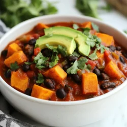 - 2 medium sweet potatoes, peeled and diced - 1 can (15 oz) black beans, rinsed and drained - 1 can (14 oz) diced tomatoes - 1 medium onion, finely chopped - 3 cloves garlic, minced - 1 bell pepper (any color), diced - 1 jalapeño, deseeded and minced (optional for extra heat) - 1 teaspoon ground cumin - 1 teaspoon smoked paprika - 1 teaspoon chili powder - 4 cups vegetable broth - 2 tablespoons olive oil - Salt and pepper to taste - Fresh cilantro, for garnish - Avocado, sliced (for serving) Sweet potato black bean chili brings together simple but vibrant ingredients. Sweet potatoes add a creamy texture and natural sweetness. Black beans provide protein and fiber, making this dish hearty. Diced tomatoes add moisture and tang, while onion and garlic give a strong base flavor. The bell pepper gives crunch and sweetness, and you can add jalapeño for heat. Ground cumin, smoked paprika, and chili powder create a warm, spicy depth. Vegetable broth ties everything together, making it rich and comforting. Olive oil ensures the veggies sauté nicely. Finally, salt and pepper are key for balancing flavors. The garnishes of cilantro and avocado not only look great but also enhance the taste. With these ingredients, you can create a flavorful and satisfying meal. {{ingredient_image_1}} Start by heating olive oil in a large pot over medium heat. Add the finely chopped onion. Sauté for about five minutes, stirring until it softens. Next, stir in the minced garlic. Add the diced bell pepper. If you like heat, now is the time to add the minced jalapeño. Cook this mix for an additional two to three minutes until it smells amazing. Now, it's time to bring in the star ingredients! Add the diced sweet potatoes to the pot. Sprinkle in the ground cumin, smoked paprika, and chili powder. Stir everything together and cook for two more minutes. This helps the spices mix well with the sweet potatoes. After that, pour in the vegetable broth and the can of diced tomatoes, juices included. Drain and rinse the black beans, then add them to the pot. Stir well and raise the heat to bring everything to a boil. Once your chili is boiling, lower the heat to low. Cover the pot and let it simmer for about 25 to 30 minutes. This will make the sweet potatoes tender and let the flavors blend. Make sure to stir it occasionally. After simmering, taste your chili. Adjust the seasoning with salt and pepper if needed. If it’s too thick, add more broth to reach your desired consistency. Serve your chili hot and top it with fresh cilantro and avocado slices for a beautiful finish. Simmering is key for a great chili. It allows flavors to blend well. When you simmer, use low heat. This helps sweet potatoes cook evenly without falling apart. For sweet potatoes, cook them about 25 to 30 minutes. You want them soft but still chunky. Stir occasionally to avoid sticking. For more flavor, add spices like cumin, smoked paprika, and chili powder. Each spice brings its own taste. If you want it spicier, add more jalapeños. You can also try other spices like coriander or oregano. Garnishes make your chili shine. Fresh cilantro adds a bright taste. Slices of avocado give creaminess and balance heat. You can even add a dollop of sour cream or yogurt for extra richness. Enjoy mixing flavors and make it your own! Pro Tips Use Fresh Ingredients: Whenever possible, opt for fresh sweet potatoes and vegetables. They enhance the flavor and nutrition of your chili. Adjust the Spice Level: If you prefer a milder chili, omit the jalapeño or reduce the amount you use. You can always add hot sauce later for extra heat. Let it Simmer: Allowing the chili to simmer longer can deepen the flavors. If time permits, you can let it cook for an additional 10-15 minutes. Garnish Creatively: Experiment with different garnishes like lime wedges, sour cream, or cheese to add a unique twist to your chili presentation. {{image_2}} You can boost the protein in your chili easily. Ground turkey or beef works great. Just brown it in the pot before adding the veggies. If you want a vegetarian boost, try tofu or tempeh. Cube them and add them when you mix in the sweet potatoes. Both options add nice texture and flavor. Adjusting the heat is simple. If you like spice, add more jalapeño. You can also use cayenne pepper for more heat. If you prefer milder chili, skip the jalapeño or remove the seeds. Consider smoked paprika for a warm flavor without the heat. You can mix and match spices to find what you enjoy. Feel free to swap beans or veggies. Kidney beans or pinto beans can replace black beans. If you have other veggies, add them in too. Corn or zucchini works well in chili. For a vegan option, stick with vegetable broth and plant-based proteins. If you want a non-vegan option, use chicken broth or add cheese on top. This chili is flexible and fits many tastes! You can easily store your chili in the fridge. First, let it cool down to room temperature. Then, transfer the chili into airtight containers. These containers help keep the chili fresh and tasty. I recommend using glass containers or BPA-free plastic ones. They are strong and won’t leak. Store your chili in the fridge for up to five days. If you want to enjoy it later, freezing is the best option. To freeze chili, use freezer-safe containers. Make sure to leave some space at the top. This space allows for expansion when the chili freezes. You can also use heavy-duty freezer bags. Just squeeze out the air before sealing. When you're ready to eat, thaw the chili overnight in the fridge. For quick thawing, place the container in cold water. Heat the chili on the stove until it’s hot. You can also use a microwave, but stir it often to warm it evenly. Enjoy your delicious chili anytime! Sweet Potato Black Bean Chili lasts about 4 to 5 days in the fridge. Store it in an airtight container. Make sure it cools to room temperature before sealing. This helps keep it fresh and safe to eat. Yes, you can make this chili ahead of time. It tastes even better the next day! The flavors blend well when it sits overnight. Just reheat it on the stove or in the microwave before serving. Sweet Potato Black Bean Chili can be spicy. It depends on how much jalapeño you add. If you want less heat, skip the jalapeño. You can also adjust the spices to suit your taste. Sweet Potato Black Bean Chili is a nutritious dish full of flavor. We discussed key ingredients like sweet potatoes, black beans, and spices. I provided steps for making this chili, tips for perfect texture, and ways to enhance its taste. You can also find ideas for variations and storage tips. Remember, this chili is easy to customize. You can adjust spice levels and try different proteins. Enjoy making it your own, and relish every hearty bite!