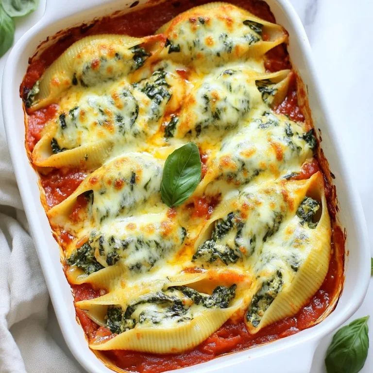 Here’s what you need to make cheesy spinach stuffed shells. Gather these items before you start cooking: - 20 large jumbo pasta shells - 2 cups ricotta cheese - 1 cup shredded mozzarella cheese - 1 cup grated Parmesan cheese - 2 cups fresh spinach - 1 egg - 1 teaspoon garlic powder - 1 teaspoon onion powder - 1 teaspoon Italian seasoning - Salt and pepper to taste - 2 cups marinara sauce - Fresh basil leaves for garnish Each ingredient plays a key role. The jumbo shells hold the filling. Ricotta adds creaminess. Mozzarella gives melty goodness, while Parmesan adds a savory bite. Fresh spinach not only adds color but also boosts nutrition. Don’t forget the egg; it helps bind the filling. Garlic and onion powder bring depth to the flavor. Italian seasoning adds a nice herbal touch. Salt and pepper balance everything out. Lastly, marinara sauce adds moisture and a rich taste. Fresh basil makes for a beautiful garnish. Having everything ready ensures cooking goes smoothly. Enjoy the process and the delicious results! {{ingredient_image_1}} - Preheat your oven to 375°F (190°C). - Cook the jumbo pasta shells in boiling water until they are al dente. This means they should be firm but cooked through. Drain the shells and let them cool a bit. - In a large mixing bowl, combine the ricotta cheese, shredded mozzarella cheese, and grated Parmesan cheese. - Add the roughly chopped spinach, beaten egg, garlic powder, onion powder, Italian seasoning, salt, and pepper. - Mix everything well until you have a smooth and creamy filling. - Spread 1 cup of marinara sauce evenly on the bottom of a 9x13 inch baking dish. This adds flavor and keeps the shells moist. - Take each cooked pasta shell and fill it with about 2 tablespoons of the cheese and spinach mixture. - Arrange the filled shells in the baking dish on top of the marinara sauce. - Pour the remaining marinara sauce over the stuffed shells, ensuring they are well covered. - Finally, sprinkle a generous amount of shredded mozzarella cheese on top for that melty goodness. - Cover the baking dish with aluminum foil. - Bake in the preheated oven for 25 minutes. - After that, remove the foil and bake for an additional 10-15 minutes. You want the cheese to be bubbly and golden brown. - Once done, take the dish out of the oven and let it sit for 5 minutes before serving. This helps the shells hold their shape. Garnish with fresh basil leaves for a nice touch. To get the right texture, mix the ricotta cheese with the mozzarella and Parmesan. This blend should feel creamy but still hold its shape. A beaten egg helps bind the mixture. If you want more flavor, try adding fresh herbs like basil or parsley. You can also use different cheeses, like goat cheese, for a tangy twist. Watch your baking time closely. Bake the shells covered for 25 minutes. Then, uncover and bake for another 10 to 15 minutes. This way, the cheese gets nice and bubbly. To keep the shells from drying out, ensure they are fully covered with marinara sauce. You can also add a bit of water to the baking dish before covering it. Pair your cheesy spinach stuffed shells with a fresh salad or garlic bread. A side of steamed vegetables adds a healthy touch. For garnishing, sprinkle fresh basil leaves on top right before serving. You can also add a dash of red pepper flakes for a bit of heat. Pro Tips Use Fresh Spinach: For maximum flavor and nutrition, opt for fresh spinach over frozen. It retains a better texture and taste in the dish. Cheese Variations: Feel free to mix different cheeses like feta or goat cheese for a unique twist on the flavor profile. Make Ahead: Prepare the stuffed shells in advance and refrigerate them. Just bake them before serving for a quick meal. Extra Saucy: If you prefer a saucier dish, add more marinara sauce on top before baking for extra moisture and flavor. {{image_2}} You can easily boost your cheesy spinach stuffed shells by adding proteins. If you want to include chicken, try using shredded rotisserie chicken. Just mix it into the cheese and spinach filling. For sausage lovers, cook some Italian sausage and crumble it into the filling. This will add a savory kick! For a vegetarian twist, consider adding more greens. You can mix in chopped kale or sautéed mushrooms. These options keep the dish colorful and healthy while enhancing the flavors. Spice up your stuffed shells with different herbs and spices. Try adding a pinch of red pepper flakes for heat or some fresh parsley for brightness. You can also experiment with spices like cumin or smoked paprika for a unique taste. Switching up the cheese can also change things. Instead of mozzarella, try using gouda or a sharp cheddar. Each cheese brings its own flavor, making the dish fun and different every time. If you're looking for gluten-free options, use gluten-free jumbo pasta shells. They work just as well and taste great. For a vegan version, swap out the cheeses for cashew cheese or any plant-based cheese. Replace the egg with a flax egg or silken tofu. These substitutions will keep your stuffed shells delicious and suitable for everyone! To store leftovers, let the cheesy spinach stuffed shells cool down first. Place them in an airtight container. This helps keep them fresh. You can keep them in the fridge for about 3 to 5 days. Make sure you cover them well to prevent drying out. For freezing, use a freezer-safe container or wrap them tightly in plastic wrap. This keeps them safe from freezer burn. You can freeze the stuffed shells for up to 3 months. When ready to eat, thaw them overnight in the fridge. This makes reheating easier. To reheat stuffed shells, use the oven for best results. Set the oven to 350°F (175°C). Place the shells in a baking dish and cover with foil. Heat for about 20 minutes. You can also microwave them, but this may change the texture. If using the microwave, heat in short bursts, about 2 to 3 minutes. Always check that they are heated through before serving. It takes about 20 minutes to prep and 50 minutes to cook. You will spend time cooking the pasta and mixing the filling. Baking takes the longest, but it’s worth the wait. Yes, you can. Prepare the shells and fill them, but do not bake. Cover the dish with foil and keep it in the fridge. When you are ready, bake them straight from the fridge. This makes dinner easy on busy nights. You can use cottage cheese or cream cheese. Cottage cheese gives a lighter texture, while cream cheese adds a rich creaminess. Both will change the taste a bit but will still be tasty. Look for bubbly cheese and a golden top. The shells should feel soft but not mushy. Let them sit for five minutes before serving. This helps the flavors settle and makes it easier to scoop them out. You now have a clear plan for making cheesy spinach stuffed shells. We covered the ingredients, preparation steps, and helpful tips. You can tweak this dish to suit your taste, adding proteins or herbs. Storing leftovers is easy, whether in the fridge or freezer. With this guide, you'll create a tasty meal that impresses your family. Enjoy the joy of cooking and share it with loved ones. Cooking can be fun and rewarding; I hope you dive in and enjoy every bite.