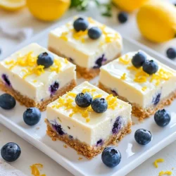 To make these tasty Lemon Blueberry Cheesecake Bars, you need fresh and simple ingredients. Here is the list of what you'll need: - 1 ½ cups graham cracker crumbs - ⅓ cup granulated sugar - ½ cup unsalted butter, melted - 16 oz cream cheese, softened - 1 cup granulated sugar - 2 large eggs - 1 teaspoon vanilla extract - Zest of 1 lemon - ¼ cup fresh lemon juice - 1 cup fresh blueberries - 2 tablespoons cornstarch Each ingredient plays a key role in this recipe. The graham cracker crumbs form a crunchy base, while the cream cheese creates a rich and creamy filling. The fresh blueberries add a burst of flavor and color. The lemon zest and juice give the bars a bright and tangy taste. Remember, using fresh ingredients makes a big difference in flavor. The sweet blueberries and zesty lemon work together for a perfect balance. You can find most of these ingredients at your local grocery store. Enjoy gathering your supplies! {{ingredient_image_1}} First, we need to get the oven ready. Preheat your oven to 350°F (175°C). Next, grab a 9x9 inch baking pan. Grease it with a little butter. Then, line the pan with parchment paper. Leave some paper hanging over the edges. This makes it easy to lift the bars out later. In a medium bowl, combine 1 ½ cups of graham cracker crumbs with ⅓ cup of sugar. Add ½ cup of melted unsalted butter. Mix it well until it looks like wet sand. Press this mixture firmly into the bottom of your prepared baking pan. Aim for an even layer. Bake this crust for 8-10 minutes. You want it to turn lightly golden. After baking, let it cool for a bit. Now, let’s prepare the filling. In a large bowl, beat 16 oz of softened cream cheese with 1 cup of sugar. Use a hand mixer or stand mixer. Mix until it is smooth and creamy. Add 2 large eggs, one at a time. Mix on low speed after each egg. Be careful not to overmix. Next, add 1 teaspoon of vanilla extract, the zest of 1 lemon, and ¼ cup of fresh lemon juice. Mix until everything is well blended. In a small bowl, toss 1 cup of fresh blueberries with 2 tablespoons of cornstarch. This keeps them from sinking in the filling. Gently fold the blueberries into the cream cheese batter. Pour the cheesecake mixture over the cooled crust. Spread it out evenly. Bake in the oven for 30-35 minutes. You want the center to be set with a slight jiggle. After baking, take it out and let it cool to room temperature. Once cool, refrigerate the cheesecake bars for at least 4 hours, but overnight is better. This helps them set fully. When ready, lift the bars out using the parchment paper and cut them into squares. To get a smooth and creamy cheesecake, start with softened cream cheese. This means taking it out of the fridge at least an hour before you mix. Use a hand mixer or stand mixer. Beat the cream cheese and sugar on low. Mix just until smooth. Overmixing adds too much air and can make the bars crack when baking. Baking time is key for perfect bars. Preheat your oven to 350°F (175°C). Bake the cheesecake bars for 30 to 35 minutes. The center should be set but still have a slight jiggle. This means it is done. If you stick a toothpick in, it should come out clean but not dry. For a beautiful presentation, serve the bars on a decorative platter. Before serving, lift the bars from the pan using the parchment paper. Cut them into neat squares. Garnish each piece with fresh blueberries and a sprinkle of lemon zest. This adds color and extra flavor, making them look as good as they taste. Pro Tips Use Room Temperature Cream Cheese: Make sure your cream cheese is at room temperature before mixing. This will ensure a smooth and creamy filling without lumps. Don’t Overmix: When adding the eggs, mix on low speed and just until combined. Overmixing can lead to a denser texture in your cheesecake. Cool Gradually: Allow the cheesecake to cool at room temperature before refrigerating. This helps prevent cracking on the surface as it cools. Use Fresh Blueberries: For the best flavor and texture, opt for fresh blueberries instead of frozen. If using frozen, make sure to thaw and drain them well. {{image_2}} You can switch up the berries in this recipe. Try raspberries, strawberries, or blackberries. Each berry brings its own taste and color. For a fun twist, you can add citrus flavors. Lime or orange zest can brighten the bars. Just keep the lemon juice to balance the sweetness. If you want a nutty flavor, use a nut-based crust. Almonds or pecans can work well. Just pulse them into crumbs and mix with butter. For those avoiding gluten, try a gluten-free graham cracker. There are many options available in stores today. You can swap cream cheese for a lighter option. Greek yogurt can work, but the texture will change. If you're vegan, use cashew cream instead. For egg substitutes, try flaxseed meal or chia seeds. Mix one tablespoon with three tablespoons of water to replace one egg. These swaps keep the bars tasty and fun! To keep your lemon blueberry cheesecake bars fresh, store them in the fridge. Use an airtight container to prevent them from drying out. If you want to keep them for longer, freezing is an option. Wrap each bar tightly in plastic wrap, then place them in a freezer-safe bag. This protects their flavor and texture. How long do they last? In the fridge, these cheesecake bars will stay good for about 5 days. If you freeze them, they can last up to 3 months. Just remember to label the bags with the date, so you know when to use them. How to restore texture when serving? If you want to enjoy them warm, take a bar out of the fridge. Let it sit at room temperature for about 15 minutes before serving. This helps the texture feel creamy again. You can also warm them slightly in the microwave for 10-15 seconds. Be careful not to overheat them, or the texture will change. Yes, you can use frozen blueberries. They add a nice burst of flavor. However, they may change the texture slightly. Frozen blueberries can release more juice, making the bars a bit softer. If you use them, toss them in cornstarch like fresh ones. This will help keep the filling from being too wet. If you want an alternative to Graham crackers, try digestive biscuits or crushed vanilla wafers. You can also use crushed nuts for a gluten-free option. Just be sure to adjust the butter amount if you change the base. Each option gives a different taste and texture to your crust. Yes, refrigerating the cheesecake bars is important. It helps them set properly and keeps them safe to eat. The cold helps firm up the filling. Letting them chill for at least four hours is best. For the best flavor and texture, leave them overnight if you can. Absolutely! These bars are great for meal prep. Make them a day or two in advance. Just store them in the fridge until you are ready to serve. This gives the flavors time to meld together. It also makes your day easier when you have guests over. This blog post covered making delicious cheesecake bars using simple ingredients like cream cheese and blueberries. We discussed each step, from making the crust to baking and cooling the bars. You learned tips for the perfect texture and ways to customize your cheesecake. In conclusion, you now have all the tools to create these tasty treats. Enjoy sharing them with friends or savoring them on your own! Happy baking!