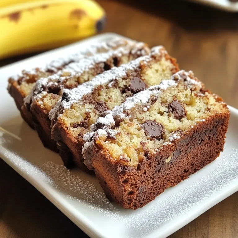 To make this tasty vegan chocolate chip banana bread, you will need: - 3 ripe bananas, mashed - 1/3 cup melted coconut oil - 1/2 cup brown sugar or coconut sugar - 1 teaspoon vanilla extract - 1 teaspoon baking soda - 1/4 teaspoon salt - 1 cup all-purpose flour (or whole wheat flour) - 1/2 cup vegan chocolate chips (dark or semi-sweet) - 1/2 teaspoon cinnamon (optional) You can swap items if you need to. Here are some ideas: - Use applesauce instead of coconut oil for less fat. - Maple syrup can replace brown sugar for a different taste. - For gluten-free, try almond flour or coconut flour in place of regular flour. - You can leave out the chocolate chips and use dried fruit instead. Want to take your banana bread to the next level? Consider these options: - Add 1/2 cup of chopped nuts for crunch. - Mix in 1/4 cup of shredded coconut for tropical flair. - Sprinkle some chia seeds or flax seeds for added nutrients. - A dash of nutmeg can add a warm spice flavor. These adjustments can help you personalize your bread. Enjoy the process! {{ingredient_image_1}} First, preheat your oven to 350°F (175°C). Grease a loaf pan or line it with parchment paper. In a large bowl, mash three ripe bananas. Then, add 1/3 cup of melted coconut oil. Mix them well until they blend together smoothly. Next, add 1/2 cup of brown sugar and 1 teaspoon of vanilla extract. Stir this mixture until it is fully combined. Now, sprinkle 1 teaspoon of baking soda and 1/4 teaspoon of salt over the mix. Stir gently to incorporate. Gradually fold in 1 cup of all-purpose flour. Be careful not to overmix; stop as soon as it comes together. If you want a hint of spice, add 1/2 teaspoon of cinnamon now. Finally, fold in 1/2 cup of vegan chocolate chips. Once your batter is ready, pour it into the prepared loaf pan. Smooth the top with a spatula to ensure even baking. Place the pan in the oven and bake for 50-60 minutes. To check if it’s done, insert a toothpick into the center. If it comes out clean, your bread is ready. To achieve the best texture, look for a golden-brown top. The bread should feel firm but springy. If the edges brown too fast, cover them with foil. Allow the bread to cool in the pan for 10 minutes before moving it to a wire rack. Let it cool completely before slicing. Enjoy your moist and delicious vegan chocolate chip banana bread! For this recipe, you need ripe bananas. Look for bananas with brown spots. These spots mean the bananas are sweet and soft. If they are green, they are not ready. Let them sit on the counter for a few days. If you are in a hurry, you can bake them. Place unpeeled bananas on a baking sheet. Bake at 300°F (150°C) for 15-20 minutes. This will speed up the ripening process. Mixing is key to fluffy banana bread. Start by blending the bananas and oil well. Use a fork or a potato masher for this. When you add the sugar and vanilla, mix until smooth. Next, add the baking soda and salt. Stir gently to combine. When adding the flour, fold it in slowly. Overmixing can make the bread dense. Just mix until you see no dry flour. This will keep your bread light and airy. There are a few mistakes to watch for. First, do not use unripe bananas. They will make your bread taste starchy. Second, do not overmix the batter. This can lead to tough bread. Third, pay attention to baking time. Ovens vary, so check at 50 minutes. Insert a toothpick in the center. If it comes out clean, your bread is ready. Lastly, let the bread cool before slicing. This helps it set and makes for cleaner slices. Pro Tips Use Overripe Bananas: The riper the bananas, the sweeter and more flavorful your bread will be. Look for bananas with plenty of brown spots for the best results. Don’t Overmix: To ensure a light and fluffy bread, mix the batter until just combined. Overmixing can lead to a dense texture. Customize with Add-ins: Feel free to add nuts, dried fruits, or seeds to the batter for additional texture and flavor. Just be sure to adjust baking time if necessary. Storage Tips: To keep your Choco-Banana Bliss Bread fresh, store it in an airtight container at room temperature for up to 3 days, or refrigerate for up to a week. {{image_2}} You can easily make this banana bread gluten-free. Just swap all-purpose flour for gluten-free flour. Look for a blend that works well in baking. This change keeps the bread light and tasty. You can add nuts for extra crunch. Walnuts or pecans work great. You can also mix in spices. Try adding nutmeg or a dash of cardamom for warmth. These will bring new flavors to your bread. If you want smaller bites, use a muffin tin. Fill each cup about two-thirds full. Bake for 20-25 minutes instead of 50-60 minutes. You can make mini loaves too. Just adjust the baking time to about 30-40 minutes. These options are perfect for sharing or for a quick snack! To keep your vegan chocolate chip banana bread fresh, store it in an airtight container. Place it at room temperature for up to three days. If you want it to last longer, refrigerate it. This can extend its life up to a week. Be sure to wrap it well to avoid drying out. Freezing is a great option for this banana bread. First, let it cool completely. Then, wrap the loaf tightly in plastic wrap. After that, place it in a freezer bag or a container. Your banana bread can be frozen for up to three months. When you’re ready to enjoy it, simply thaw it overnight in the fridge. To reheat slices of banana bread, simply pop them in the microwave. Heat for about 10-15 seconds. If you prefer, you can toast them for a warm, crispy finish. This makes the chocolate chips melt just right, bringing back that fresh-baked taste. Enjoy your delicious treat again! Yes, you can use regular sugar. It will change the flavor. Brown sugar adds a hint of molasses. This makes the bread taste richer and softer. If you have only regular sugar, feel free to use it. This bread lasts about 3 to 5 days at room temperature. Store it in an airtight container. It also freezes well for up to 3 months. Just make sure to slice it before freezing. This way, you can enjoy a piece whenever you want! You can use vegetable oil or melted vegan butter. Applesauce is another option if you want to cut fat. Each choice will change the taste a bit. Choose what you like best based on your diet and flavor needs. Absolutely! You can skip the chocolate chips if you prefer. You could add nuts for some crunch instead. Dried fruit like raisins or cranberries works well too. The bread will still taste delicious and sweet. This blog post covered everything you need for Vegan Chocolate Chip Banana Bread. We talked about the ingredient list, substitutions, and possible add-ins. I shared clear steps for making the batter and baking, plus tips for perfect texture. You learned how to pick ripe bananas and avoid common mistakes. We explored gluten-free options and fun flavor twists, along with how to store and reheat your bread. With these tips, you can bake a delicious loaf that everyone will love. Enjoy your baking adventure!