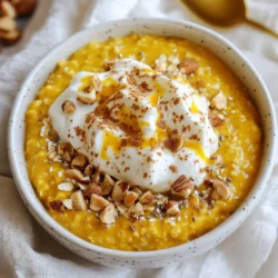 To make Pumpkin Spice Latte Overnight Oats, you need: - 1 cup rolled oats - 1 cup unsweetened almond milk (or any milk of choice) - 1/2 cup canned pumpkin puree - 1 tablespoon maple syrup (adjust for sweetness) - 1 tablespoon chia seeds - 1 teaspoon vanilla extract - 1 teaspoon pumpkin pie spice (or a mix of cinnamon, nutmeg, and ginger) - A pinch of salt - Optional toppings: whipped cream, additional pumpkin spice, chopped nuts, or dark chocolate shavings You can swap ingredients based on your taste or needs: - Use any milk like coconut or soy instead of almond milk. - If you don’t have pumpkin puree, mashed banana works well too. - Agave syrup or honey can replace maple syrup for sweetness. - Ground flax seeds can stand in for chia seeds. - If you lack pumpkin pie spice, use a mix of cinnamon, nutmeg, and ginger. Each ingredient offers great nutrition: - Rolled oats: High in fiber, they keep you full longer. - Almond milk: Low in calories and dairy-free, it's a healthy milk option. - Pumpkin puree: Packed with vitamins A and C, it boosts your immune system. - Chia seeds: They provide protein and omega-3 fatty acids, good for heart health. - Maple syrup: A natural sweetener, it contains antioxidants. - Pumpkin pie spice: Contains spices that may have anti-inflammatory properties. These ingredients work together to make a filling, delicious breakfast. {{ingredient_image_1}} To make your pumpkin spice latte overnight oats, start by gathering your ingredients. You’ll need rolled oats, almond milk, pumpkin puree, maple syrup, chia seeds, vanilla extract, pumpkin pie spice, and a pinch of salt. This mix gives the oats a rich flavor. In a large bowl, combine all these ingredients. Whisk them together until smooth. Make sure there are no clumps. This step is key for a creamy texture. Once mixed, divide the oats into two mason jars or airtight containers. Sealing them tightly is important so they stay fresh. Refrigerate the jars overnight or for at least four hours. This soaking time helps the oats absorb the liquid and thicken nicely. When mixing, be sure to stir well. A good mix means even flavor throughout. If you want it sweeter, add more maple syrup. Taste the mix before putting it in jars. You can adjust it to your liking. The chia seeds help thicken the mix. They also add fiber and nutrition. If you find the mix too thick after soaking, add a splash of almond milk in the morning. This makes it creamy and easy to eat. Mason jars are great for this recipe. They keep the oats fresh and are easy to grab. If you prefer, use any airtight container. Just make sure it seals well. Store your jars in the fridge. They’ll stay good for about five days. Enjoy your tasty breakfast whenever you want! To get the right texture for your overnight oats, you need to balance the liquid and oats. Use equal parts rolled oats and almond milk. This ratio gives thick, creamy oats. If you want a thinner mix, add more milk before serving. Stir well after soaking to break up any clumps. I like to start with one tablespoon of maple syrup. This amount gives a nice sweetness. If you want it sweeter, add more syrup a little bit at a time. Taste as you go. You can also try other sweeteners like honey or agave if you prefer. Soaking is key for perfect oats. Make sure to seal your jars well. Refrigerate them overnight or for at least four hours. This time allows the oats to soak up the liquid fully. If you forget to soak them, you can still enjoy them! Just add a bit more milk and let them sit for a short while before you eat. Pro Tips Adjust Sweetness: Feel free to modify the amount of maple syrup based on your preference for sweetness. You can also use other sweeteners like honey or agave syrup. Vegan Option: To keep this recipe vegan, ensure that you use plant-based whipped cream or skip it altogether for a lighter option. Make It Creamier: For a creamier texture, consider adding a dollop of yogurt or nut butter before serving. Flavor Variations: Experiment with different spices or extracts, like adding a dash of nutmeg or vanilla bean for a unique twist! {{image_2}} You can add coffee to your oats for a morning boost. Simply replace half the almond milk with brewed coffee. This gives your oats a rich, warm flavor. It blends well with the pumpkin and spices. The result is a cozy treat that wakes you up and warms your soul. This recipe is already dairy-free, but you can make it fully vegan. Just use maple syrup instead of honey for sweetening. You can also check for non-dairy milk options. Almond, soy, or oat milk all work great. These swaps ensure everyone can enjoy this tasty dish. You can spice things up even more with extra flavors. Consider adding dark chocolate shavings for a sweet touch. Chopped nuts like walnuts or pecans bring a lovely crunch. You might also mix in some dried fruit for added sweetness. Be creative! Each variation makes your oats unique and delicious. To keep your pumpkin spice latte overnight oats fresh, use airtight containers. Glass mason jars work great, as they seal well and are easy to store. Labeling the jars can help track when you made them. If you don’t have jars, any airtight container works just fine. These oats last up to five days in the fridge. However, they taste best within the first three days. After that, the texture may change. If you see any odd smells or colors, it’s best to toss them out. If you want to warm your oats, you can heat them in the microwave. Just remove the lid and warm for 30 seconds. Stir and check the temperature. If it needs more heat, warm in 15-second bursts. You can also add a splash of almond milk to help with the texture. Enjoy it warm or chilled, depending on your mood! Yes, you can use instant oats. Instant oats cook faster and soak up liquid quickly. They may change the texture of your overnight oats. Your dish might be creamier and softer. If you prefer a chewier bite, stick with rolled oats. You can keep overnight oats in the fridge for up to five days. Make sure to store them in airtight containers. This keeps them fresh and safe to eat. Just remember to check for any changes in smell or texture before eating. Yes, you can make this recipe gluten-free. Just choose certified gluten-free rolled oats. Most oats are gluten-free but can be made in facilities that process gluten. So, always check the label if you need to be cautious. This blog post covered the key ingredients to create delicious overnight oats. We explored substitutes for those ingredients, noted their nutritional benefits, and shared step-by-step instructions for easy preparation. You learned tips for perfect consistency and variations like pumpkin spice and vegan options. I emphasized storage methods and answered common questions about oats. Now, you have the tools to make tasty overnight oats your way. Enjoy your tasty meals, and don't be afraid to experiment. Your perfect bowl of oats awaits!