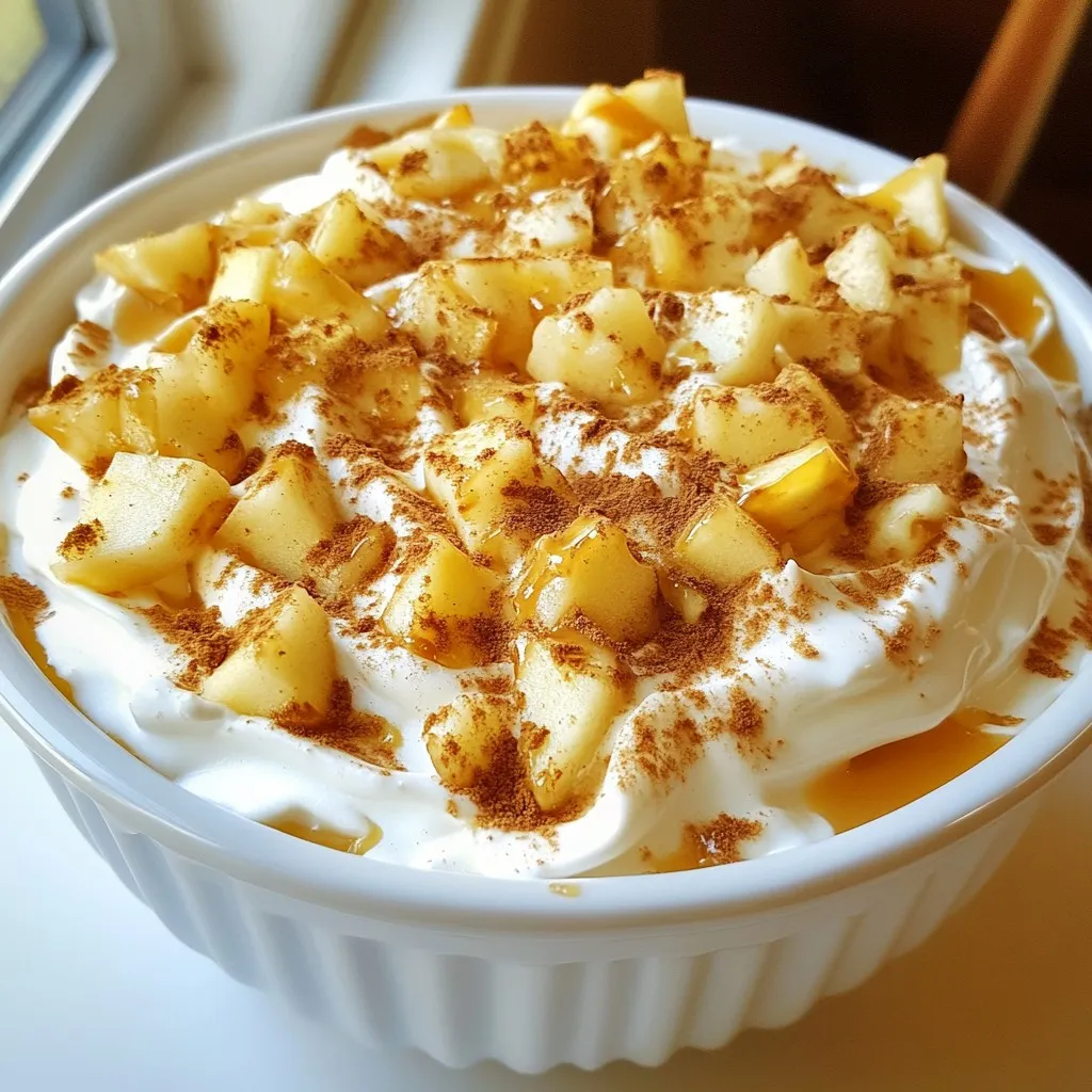- 8 oz cream cheese, softened - 1 cup powdered sugar - 1 tsp vanilla extract - 1 cup heavy whipping cream - 1 cup apples, diced - 1/2 cup caramel sauce - 1/4 tsp cinnamon - Graham cracker crumbs for garnish - Chopped nuts for added texture The main ingredients create a smooth and rich flavor. The cream cheese brings a creamy base, while the powdered sugar adds sweetness. Vanilla extract enhances the overall taste. The heavy whipping cream gives the dip its light texture. Diced apples add a fresh crunch. I like using a mix of sweet and tart apples for balance. Caramel sauce is the star of the dish, bringing that classic caramel apple taste. A dash of cinnamon adds warmth and spice. You can also add optional ingredients. Graham cracker crumbs provide a nice crunch on top. Chopped nuts add texture and flavor. Feel free to personalize your dip based on your taste. You can swap ingredients or add extras to make it your own. {{ingredient_image_1}} 1. First, take your softened cream cheese and place it in a mixing bowl. 2. Beat the cream cheese with an electric mixer until it is smooth. 3. Gradually add the powdered sugar. Mix until it is well incorporated. 4. Next, add in the vanilla extract and mix again until combined. 1. In a separate bowl, pour in the heavy cream. 2. Whip the cream until stiff peaks form. This will take a few minutes. 3. Gently fold the whipped cream into the cream cheese mixture. Do this carefully to keep it light. 1. Take your diced apples and place them in a small bowl. 2. Toss the apples with cinnamon until they are well coated. 3. Fold the cinnamon apples into the dip mixture. 4. Drizzle in half of the caramel sauce and swirl it gently. Avoid fully mixing it in. 5. Transfer the dip to a serving dish. Drizzle the rest of the caramel sauce on top. 6. If you want, sprinkle graham cracker crumbs over the dip for extra texture. Enjoy your creamy dip with sliced apples or graham crackers! For a great dip experience, choose fun dippers. I suggest: - Sliced apples - Graham crackers - Pretzel sticks These options add nice textures and flavors. You can also garnish the dip. A sprinkle of chopped nuts adds a crunch. A drizzle of extra caramel sauce gives it a sweet touch. To keep the dip light, avoid over-mixing the whipped cream. When you whip it, stop once you see stiff peaks. This keeps it fluffy. Use a mix of sweet and tart apples. This blend gives the dip a balanced taste. Try using Granny Smith and Honeycrisp for a nice contrast. This dip is best when served fresh. If you have leftovers, you can store them. Keep it in the fridge for up to three days. Use an airtight container. This helps maintain freshness and keeps the dip creamy. Pro Tips Choose the Right Apples: For the best flavor, use a mix of sweet and tart apples. Varieties like Granny Smith and Honeycrisp work wonderfully together. Chill Before Serving: Allow the dip to chill in the refrigerator for at least 30 minutes before serving. This helps the flavors meld together and enhances the overall taste. Experiment with Caramel: Try making your own caramel sauce for a fresher taste or experiment with flavored sauces like salted caramel for added depth. Keep it Light: For a lighter dip, you can substitute half of the cream cheese with Greek yogurt. This will give you a similar texture with less fat. {{image_2}} You can tweak the flavor of your dip easily. Try adding spices like nutmeg or allspice. These spices add warmth and depth to the taste. They can change your dip from good to great! You can also swap out cream cheese for Greek yogurt. This option makes the dip lighter and tangy. It gives you a fresh spin while still being creamy. Want to make your dip more fun? Add mini chocolate chips for a sweet surprise. They melt slightly and create little pockets of joy. You can also mix in other fruits. Pears bring a soft sweetness, while bananas add creaminess. These twists keep your dip exciting and full of flavor! Each serving of caramel apple cheesecake dip has about 300 calories. This dip is rich and creamy, making it a delightful treat. Here’s how the nutrition breaks down: - Fats: Approximately 20 grams - Carbohydrates: Around 28 grams - Sugars: About 16 grams This dip packs a lot of flavor but also has a good amount of fats and sugars. The combination of cream cheese, heavy cream, and caramel sauce gives it that rich texture and sweet taste. You can make this dip a bit lighter by using some simple swaps. Consider using light cream cheese instead of regular cream cheese. This change lowers the fat content without losing that creamy feel. If you're watching your sugar intake, try reducing the amount of powdered sugar. You can also use sugar substitutes like stevia or monk fruit sweetener. These alternatives can help cut calories while keeping the sweetness you crave. You can easily prepare this dip ahead of time. Make the dip, cover it, and store it in the fridge. It tastes best if you chill it for at least one hour. This helps the flavors blend nicely. When you're ready to serve, just take it out of the fridge. If it looks a little thick, stir it gently. Add a bit of cream or milk to loosen it up if needed. Yes, you can freeze this dip! To freeze, place it in an airtight container. Make sure to leave some space at the top for expansion. When you want to enjoy it, move it to the fridge for a night to thaw. After thawing, stir the dip gently to restore its creamy texture. You might need to add a touch of cream or milk to help it regain its smoothness. This dip pairs well with many tasty options. Here’s a complete list of ideal pairings: - Sliced apples (both sweet and tart) - Graham crackers - Pretzel sticks - Sliced bananas - Vanilla wafers - Mini chocolate chip cookies Feel free to mix and match these dippers. Each offers its unique flavor and texture, making your dip experience even more fun! This blog post explored how to make a delicious caramel apple cheesecake dip. We covered the main and optional ingredients, step-by-step instructions, plus helpful tips. You learned about variations, storage options, and nutritional details. Give this easy recipe a try at your next gathering. Enjoy the creamy, sweet flavors!